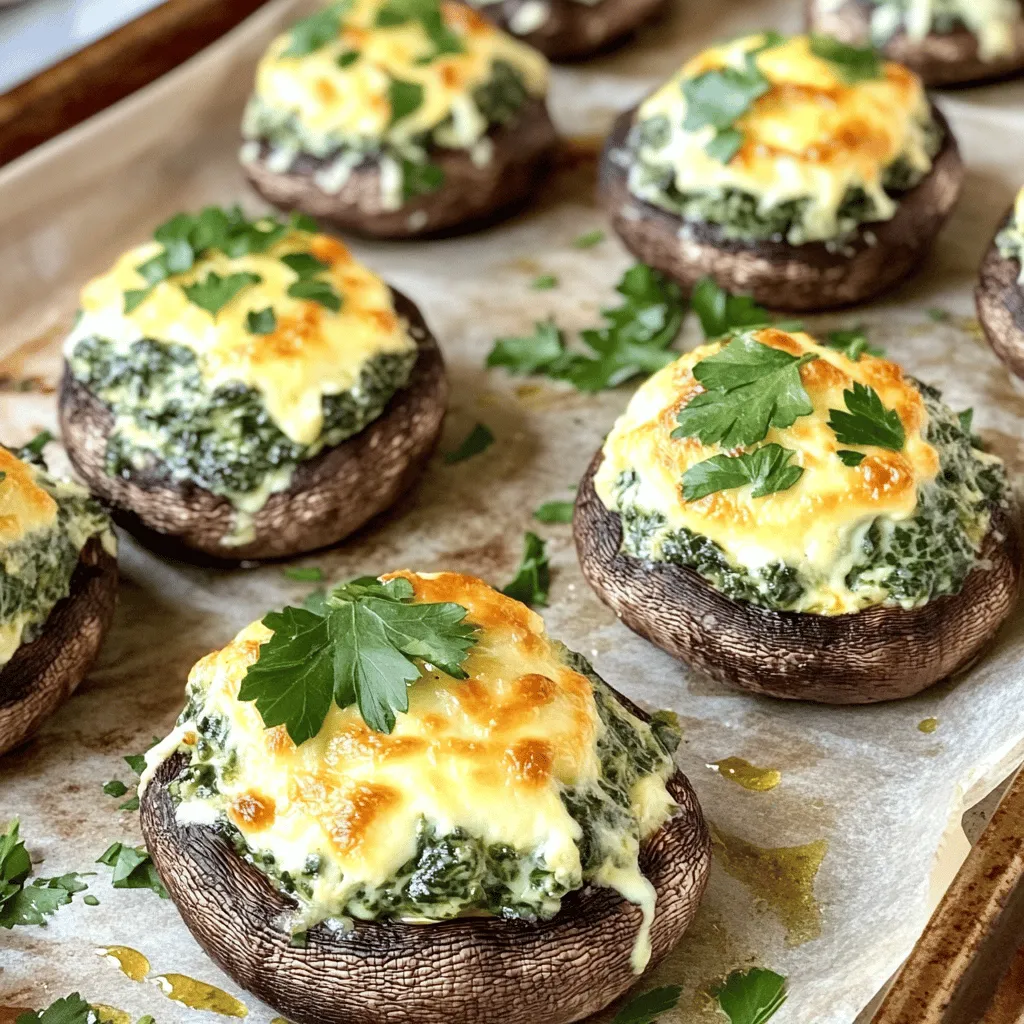 - 12 large portobello or cremini mushrooms, stems removed - 1 cup fresh spinach, chopped - 1 cup cream cheese, softened - 1/2 cup grated Parmesan cheese - 1/2 cup shredded mozzarella cheese - 2 garlic cloves, minced - 1/4 teaspoon red pepper flakes (optional) - Salt and pepper to taste - 2 tablespoons olive oil - Fresh parsley, chopped (for garnish) Gathering fresh ingredients is key for great flavor. Start with the mushrooms. You want large portobello or cremini mushrooms. Their size makes them perfect for stuffing and they hold up well during baking. Next, fresh spinach adds a nice, vibrant color and flavor. I always chop it finely for even distribution in the filling. Cream cheese is your base. It gives that creamy texture you crave. Parmesan cheese adds a nice salty kick, while mozzarella gives a gooey texture on top. Minced garlic is a must. It brings out the earthy flavors of the mushrooms. If you like a bit of heat, red pepper flakes can add a nice touch. Don’t forget salt and pepper to enhance the overall taste. Finally, olive oil helps with cooking the spinach and adds depth. You can garnish with fresh parsley for a pop of color. This full recipe lets you create a dish that is sure to impress. - Calories per serving: Approximately 250 - Macronutrient breakdown: - Fats: 18g - Carbohydrates: 8g - Protein: 10g Knowing the nutritional content helps you plan meals better. Each serving offers a good balance of flavors and nutrients. You get healthy fats from the cheeses and olive oil, while spinach provides vitamins. Enjoy these tasty bites guilt-free! To start, preheat your oven to 375°F (190°C). This helps the mushrooms cook evenly. Next, grab a baking sheet and line it with parchment paper. This prevents sticking and makes clean-up easy. In a skillet, heat 2 tablespoons of olive oil over medium heat. Add 2 minced garlic cloves and sauté for about 1 minute until they smell great. Then, add 1 cup of chopped fresh spinach. Cook for about 2-3 minutes until the spinach wilts. Season with salt and pepper to taste. If you like a bit of heat, sprinkle in 1/4 teaspoon of red pepper flakes. Remove the skillet from heat and let it cool slightly. Now it's time to make the cheesy filling. In a mixing bowl, combine 1 cup of softened cream cheese, 1/2 cup of grated Parmesan cheese, and 1/2 cup of shredded mozzarella cheese. Mix until all the cheeses blend together nicely. Then, fold the sautéed spinach into the cheese mixture. Ensure it’s evenly mixed. This filling is rich and tasty, perfect for our mushrooms. Take your prepared mushroom caps and fill them with the cheesy mixture. Use a spoon to pack it down lightly. This helps the filling stay in place. Once filled, place the stuffed mushrooms on your lined baking sheet. Now, sprinkle the remaining mozzarella cheese over the top of each mushroom. This will give them a lovely golden crust when they bake. Now, it’s time to bake! Place the baking sheet in your preheated oven. Bake the stuffed mushrooms for 20-25 minutes. You want them to be tender and the cheese to be bubbly and golden. Once they look perfect, remove them from the oven and let them cool for a few minutes. This step is important, as it helps avoid burns when you take a bite. Enjoy your delicious Cheesy Spinach Stuffed Mushrooms! For the full recipe, refer back to the initial section. To make the best stuffed mushrooms, choose portobello or cremini. Their large caps hold the filling well. These mushrooms also have a rich taste that complements the cheese and spinach. To keep the filling moist, sauté the spinach in olive oil. This step adds flavor and helps the spinach retain moisture. Mix in cream cheese while it’s warm. This keeps the cheese easy to spread and creamy. For extra flavor, add herbs like thyme or oregano. They pair nicely with spinach and cheese. You can also try garlic powder or onion powder for a savory kick. If you want to add protein, consider crispy bacon or cooked chicken. These ingredients add texture and depth to your dish. Just chop them small before mixing with the cheese filling. Serve these stuffed mushrooms with a tangy dip, like ranch or tzatziki. They enhance the flavors of the mushrooms. A fresh salad also works well as a side. For a beautiful presentation, arrange the mushrooms on a platter. Sprinkle fresh parsley over the top for a pop of color. You can also add lemon wedges for guests to squeeze over their mushrooms. This adds a bright, zesty finish. You can find the Full Recipe to learn more about making these delicious appetizers. {{image_2}} You can switch up the filling in Cheesy Spinach Stuffed Mushrooms. Try using different veggies like bell peppers, zucchini, or artichokes. Each one adds its own taste and texture. If you want a dairy-free version, use vegan cream cheese and nutritional yeast. This still gives you a cheesy flavor without dairy. To change the flavor, think about using smoked cheeses like gouda or cheddar. Mixing different cheeses can also create a unique taste. You can add sun-dried tomatoes or olives for a pop of flavor. These additions bring a savory twist to each bite. Making bite-sized stuffed mushrooms is a fun idea. Use small mushroom caps for easy one-bite snacks. Just remember to adjust the cooking time. Smaller caps will only need about 15-20 minutes in the oven. This way, you get a tasty treat that is perfect for parties or gatherings. For the full recipe, check out the [Full Recipe]. To keep your cheesy spinach stuffed mushrooms fresh, follow these steps: - Allow mushrooms to cool to room temperature. - Place them in an airtight container. - Separate layers with parchment paper if stacking. - Store in the fridge for up to 3 days. For the best results, use glass or BPA-free plastic containers. These materials help keep the mushrooms fresh without altering their flavor. When you're ready to enjoy your leftovers, reheating is key. The best methods include: - Preheat your oven to 350°F (175°C). - Place the mushrooms on a baking sheet. - Cover with foil to keep moisture in. - Heat for about 10-15 minutes until warm. You can also use a microwave, but be careful. Heat on medium power for 1-2 minutes. This way, the mushrooms stay soft and do not dry out. Enjoy them warm for the best flavor! For the full recipe, check the earlier section. Yes, you can prep these mushrooms ahead. First, you can make the filling and stuff the mushrooms. Once filled, cover them with plastic wrap. Store in the fridge for up to 24 hours. When ready to eat, just bake them as instructed. This saves time and keeps the dish fresh. If you need a swap for cream cheese, there are good choices. You can use goat cheese for a tangy flavor. Ricotta cheese offers a light texture. For a dairy-free option, try cashew cream or tofu blended until smooth. These options make the recipe fit different diets. To check if the mushrooms are done, look for a few signs. The mushrooms should be tender and the cheese bubbly. You can also check for a golden top on the cheese. If they look and smell great, they are ready to eat! Yes, Cheesy Spinach Stuffed Mushrooms can be gluten-free. The main ingredients, like mushrooms and cheese, do not contain gluten. Just ensure any added seasonings or toppings are gluten-free. This makes the dish safe for those with gluten sensitivities. You can freeze these stuffed mushrooms! To do this, prepare them as usual but do not bake them. Place them on a baking sheet and freeze until solid. Then, transfer to a freezer bag. When ready to cook, bake from frozen, adding extra time to the oven. In this post, I shared how to make Cheesy Spinach Stuffed Mushrooms. You learned about the key ingredients, like fresh spinach and cream cheese. I also shared step-by-step instructions to prepare, fill, and bake the mushrooms. These stuffed mushrooms are tasty and easy to customize. You can swap ingredients to match your tastes. With a few tips, these make a great snack or appetizer. Enjoy crafting your perfect version, and don't forget to share your results!