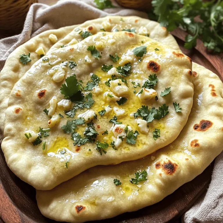 When making Easy Garlic Butter Naan, the right ingredients matter. Here’s what you need: - 2 cups all-purpose flour - 1 teaspoon instant yeast - 1 teaspoon sugar - 1 teaspoon salt - 3/4 cup warm water - 2 tablespoons plain yogurt (or Greek yogurt) - 3 tablespoons butter, melted - 4 cloves garlic, minced - Fresh cilantro, chopped (for garnish) Each ingredient plays a key role in flavor and texture. The flour gives structure, while the yeast helps it rise. Sugar feeds the yeast, making the naan fluffy. Salt adds taste, and warm water activates the yeast. Yogurt gives the naan a nice tang and softness. Butter and garlic create that rich, savory flavor we love. Finally, cilantro adds a fresh pop. Remember, the quality of your ingredients affects your naan. Fresh garlic and good butter make a big difference. For the full recipe, check out Easy Garlic Butter Naan. - First, gather your dry ingredients: 2 cups of all-purpose flour, 1 teaspoon of instant yeast, 1 teaspoon of sugar, and 1 teaspoon of salt. Mix these together in a bowl. - Next, create a well in the center of the mix. Pour in 3/4 cup of warm water and 2 tablespoons of plain yogurt. Stir everything until it becomes a sticky dough. - Now, sprinkle some flour on a clean surface. Knead the dough for about 5 to 7 minutes. It should feel smooth and elastic. This step is key for a great naan. - Take your dough and place it in a lightly oiled bowl. Cover the bowl with a damp cloth. Let it rise in a warm spot for about 1 hour. You want it to double in size. - For the best results, find a warm area. You can even turn on your oven for a bit and then turn it off before placing the dough inside. - Once the dough has risen, punch it down gently. Divide it into four equal portions. Shape each portion into a ball. Let them rest for another 15 minutes. - Preheat your skillet or tandoor on medium-high heat. - Roll each ball into an oval or round shape, about 1/4 inch thick. Brush one side with melted butter. Sprinkle minced garlic on top, pressing lightly to stick. - Cook the naan garlic-side down in your skillet. It only needs about 1-2 minutes until bubbles appear. Flip it and cook for another 1-2 minutes until golden brown. - Lastly, remove it from the skillet and brush with more melted butter. Repeat this with the rest of the dough portions. Serve warm and enjoy your Easy Garlic Butter Naan. For the complete recipe, check [Full Recipe]. To make great naan, focus on the dough. The right consistency is key. Your dough should be soft and slightly sticky but not too wet. If it sticks to your hands, add a bit more flour. Knead it well until it's smooth and elastic. This helps the naan puff up while cooking. For flavor, add more garlic or fresh herbs. You can mix in chopped cilantro, parsley, or even a pinch of cumin. This gives your naan a unique twist that will impress your friends and family. You can cook naan in a skillet or a tandoor. A skillet is easier for most home cooks. Heat the skillet to medium-high and don't rush it. A hot skillet helps the naan puff up nicely. If you have access to a tandoor, it gives a smoky flavor that is hard to beat. Watch your heat levels. If it’s too high, the naan will burn. If it’s too low, it will not cook well. Adjust the heat as needed while cooking each piece to get that perfect golden brown crust. Garlic butter naan pairs well with many dishes. Try it with curries, stews, or even soups. It soaks up all the wonderful sauces. For a nice touch, serve it warm on a wooden platter or in a lined basket. This adds a rustic vibe to your meal. Remember to garnish with fresh cilantro for a pop of color. A sprinkle of sea salt can also enhance the flavor. This simple addition makes every bite even better. For the full recipe, check out the Easy Garlic Butter Naan. {{image_2}} You can easily change the flavor of your garlic butter naan. Here are a few ideas: - Adding herbs or spices: Mix in fresh herbs like rosemary or thyme into the dough. You can also try spices like cumin or paprika for a fun twist. These small changes will give your naan a unique taste and aroma. - Cheese-stuffed naan: If you love cheese, why not stuff your naan? Simply take a portion of dough and fill it with your favorite cheese, like mozzarella or feta. Seal it well and roll it out. You’ll get a cheesy surprise with each bite! You can adapt this recipe to fit different diets. Here are some options: - Gluten-free options: Use gluten-free flour blends instead of all-purpose flour. This will help you make naan that is safe for those who cannot eat gluten. Just make sure to follow the package instructions for best results. - Vegan alternatives: To make this naan vegan, replace the yogurt with a plant-based yogurt. Use a vegan butter substitute instead of regular butter. These swaps will keep the naan tasty without any animal products. Feel free to explore these variations and adaptations. They will allow you to enjoy garlic butter naan in exciting new ways! For the full recipe, check out the Easy Garlic Butter Naan section. To keep your naan fresh, you have two main options. - Refrigeration tips: Wrap the naan in plastic wrap or aluminum foil. Place it in an airtight container. In the fridge, the naan stays good for about 3 days. - Freezing techniques: For longer storage, freeze the naan. Wrap each piece in plastic wrap. Then, place them in a freezer bag. This keeps them fresh for up to 3 months. Warming naan properly is key to keeping it tasty. Forget soggy naan. Here are some great ways to reheat it. - Best practices for warming up naan: You can use a skillet or oven. Heat a skillet over medium heat. Place the naan in the dry skillet for about 30 seconds on each side. For the oven, preheat it to 350°F (175°C) and warm the naan for 5-7 minutes. - Avoiding sogginess: If using the microwave, place a damp paper towel over the naan. Heat in short bursts, around 15 seconds at a time. This keeps the naan soft without making it wet. This way, you can enjoy your Easy Garlic Butter Naan even after cooking! Check out the Full Recipe for more details. You can make naan without yeast by using baking powder. It acts as a leavening agent. Use 1 teaspoon of baking powder for every cup of flour. This method creates a soft and fluffy naan quickly. Just mix it with the flour and follow the same steps as the yeast recipe. Yes, you can use whole wheat flour. It gives a nuttier taste and a denser texture. Naan made from whole wheat flour may be a bit thicker. You might need to add a little more water to keep the dough soft and pliable. Homemade naan lasts about 2-3 days at room temperature. Store it in an airtight container. You can also freeze naan for up to 3 months. Wrap it well in plastic wrap and foil before freezing. To reheat, just warm it in a skillet or oven. Enjoy fresh naan right away for the best taste! Making garlic butter naan is simple and fun. We covered key ingredients, dough prep, and cooking steps. I shared tips for perfect naan and suggested tasty variations. Whether you want to make it gluten-free or cheesy, there’s an option for everyone. Remember, storing naan properly will keep it fresh. Enjoy your homemade naan with great dips and meals. You’ll impress family and friends with your skills. Try it out and savor the taste!