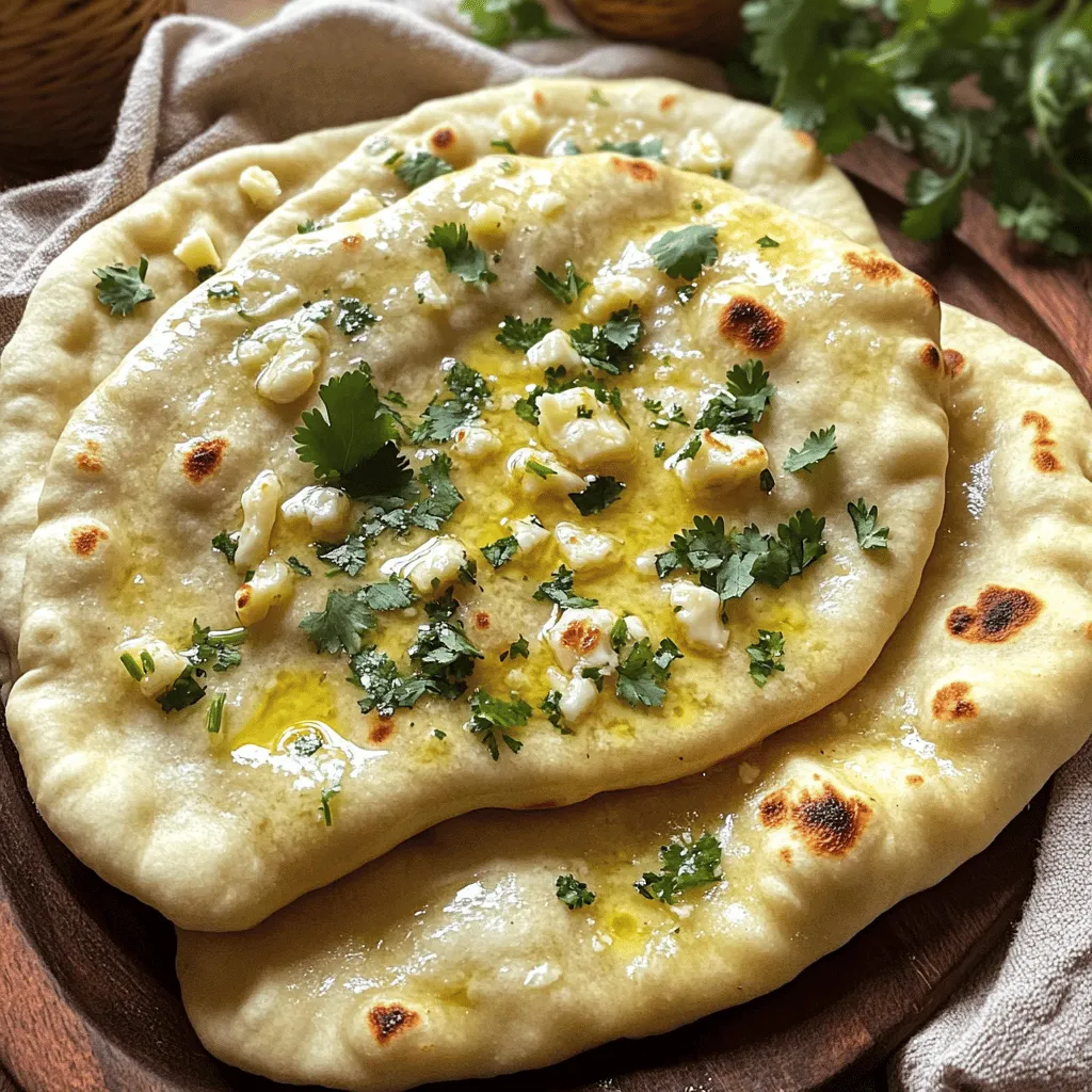 When making Easy Garlic Butter Naan, the right ingredients matter. Here’s what you need: - 2 cups all-purpose flour - 1 teaspoon instant yeast - 1 teaspoon sugar - 1 teaspoon salt - 3/4 cup warm water - 2 tablespoons plain yogurt (or Greek yogurt) - 3 tablespoons butter, melted - 4 cloves garlic, minced - Fresh cilantro, chopped (for garnish) Each ingredient plays a key role in flavor and texture. The flour gives structure, while the yeast helps it rise. Sugar feeds the yeast, making the naan fluffy. Salt adds taste, and warm water activates the yeast. Yogurt gives the naan a nice tang and softness. Butter and garlic create that rich, savory flavor we love. Finally, cilantro adds a fresh pop. Remember, the quality of your ingredients affects your naan. Fresh garlic and good butter make a big difference. For the full recipe, check out Easy Garlic Butter Naan. - First, gather your dry ingredients: 2 cups of all-purpose flour, 1 teaspoon of instant yeast, 1 teaspoon of sugar, and 1 teaspoon of salt. Mix these together in a bowl. - Next, create a well in the center of the mix. Pour in 3/4 cup of warm water and 2 tablespoons of plain yogurt. Stir everything until it becomes a sticky dough. - Now, sprinkle some flour on a clean surface. Knead the dough for about 5 to 7 minutes. It should feel smooth and elastic. This step is key for a great naan. - Take your dough and place it in a lightly oiled bowl. Cover the bowl with a damp cloth. Let it rise in a warm spot for about 1 hour. You want it to double in size. - For the best results, find a warm area. You can even turn on your oven for a bit and then turn it off before placing the dough inside. - Once the dough has risen, punch it down gently. Divide it into four equal portions. Shape each portion into a ball. Let them rest for another 15 minutes. - Preheat your skillet or tandoor on medium-high heat. - Roll each ball into an oval or round shape, about 1/4 inch thick. Brush one side with melted butter. Sprinkle minced garlic on top, pressing lightly to stick. - Cook the naan garlic-side down in your skillet. It only needs about 1-2 minutes until bubbles appear. Flip it and cook for another 1-2 minutes until golden brown. - Lastly, remove it from the skillet and brush with more melted butter. Repeat this with the rest of the dough portions. Serve warm and enjoy your Easy Garlic Butter Naan. For the complete recipe, check [Full Recipe]. To make great naan, focus on the dough. The right consistency is key. Your dough should be soft and slightly sticky but not too wet. If it sticks to your hands, add a bit more flour. Knead it well until it's smooth and elastic. This helps the naan puff up while cooking. For flavor, add more garlic or fresh herbs. You can mix in chopped cilantro, parsley, or even a pinch of cumin. This gives your naan a unique twist that will impress your friends and family. You can cook naan in a skillet or a tandoor. A skillet is easier for most home cooks. Heat the skillet to medium-high and don't rush it. A hot skillet helps the naan puff up nicely. If you have access to a tandoor, it gives a smoky flavor that is hard to beat. Watch your heat levels. If it’s too high, the naan will burn. If it’s too low, it will not cook well. Adjust the heat as needed while cooking each piece to get that perfect golden brown crust. Garlic butter naan pairs well with many dishes. Try it with curries, stews, or even soups. It soaks up all the wonderful sauces. For a nice touch, serve it warm on a wooden platter or in a lined basket. This adds a rustic vibe to your meal. Remember to garnish with fresh cilantro for a pop of color. A sprinkle of sea salt can also enhance the flavor. This simple addition makes every bite even better. For the full recipe, check out the Easy Garlic Butter Naan. {{image_2}} You can easily change the flavor of your garlic butter naan. Here are a few ideas: - Adding herbs or spices: Mix in fresh herbs like rosemary or thyme into the dough. You can also try spices like cumin or paprika for a fun twist. These small changes will give your naan a unique taste and aroma. - Cheese-stuffed naan: If you love cheese, why not stuff your naan? Simply take a portion of dough and fill it with your favorite cheese, like mozzarella or feta. Seal it well and roll it out. You’ll get a cheesy surprise with each bite! You can adapt this recipe to fit different diets. Here are some options: - Gluten-free options: Use gluten-free flour blends instead of all-purpose flour. This will help you make naan that is safe for those who cannot eat gluten. Just make sure to follow the package instructions for best results. - Vegan alternatives: To make this naan vegan, replace the yogurt with a plant-based yogurt. Use a vegan butter substitute instead of regular butter. These swaps will keep the naan tasty without any animal products. Feel free to explore these variations and adaptations. They will allow you to enjoy garlic butter naan in exciting new ways! For the full recipe, check out the Easy Garlic Butter Naan section. To keep your naan fresh, you have two main options. - Refrigeration tips: Wrap the naan in plastic wrap or aluminum foil. Place it in an airtight container. In the fridge, the naan stays good for about 3 days. - Freezing techniques: For longer storage, freeze the naan. Wrap each piece in plastic wrap. Then, place them in a freezer bag. This keeps them fresh for up to 3 months. Warming naan properly is key to keeping it tasty. Forget soggy naan. Here are some great ways to reheat it. - Best practices for warming up naan: You can use a skillet or oven. Heat a skillet over medium heat. Place the naan in the dry skillet for about 30 seconds on each side. For the oven, preheat it to 350°F (175°C) and warm the naan for 5-7 minutes. - Avoiding sogginess: If using the microwave, place a damp paper towel over the naan. Heat in short bursts, around 15 seconds at a time. This keeps the naan soft without making it wet. This way, you can enjoy your Easy Garlic Butter Naan even after cooking! Check out the Full Recipe for more details. You can make naan without yeast by using baking powder. It acts as a leavening agent. Use 1 teaspoon of baking powder for every cup of flour. This method creates a soft and fluffy naan quickly. Just mix it with the flour and follow the same steps as the yeast recipe. Yes, you can use whole wheat flour. It gives a nuttier taste and a denser texture. Naan made from whole wheat flour may be a bit thicker. You might need to add a little more water to keep the dough soft and pliable. Homemade naan lasts about 2-3 days at room temperature. Store it in an airtight container. You can also freeze naan for up to 3 months. Wrap it well in plastic wrap and foil before freezing. To reheat, just warm it in a skillet or oven. Enjoy fresh naan right away for the best taste! Making garlic butter naan is simple and fun. We covered key ingredients, dough prep, and cooking steps. I shared tips for perfect naan and suggested tasty variations. Whether you want to make it gluten-free or cheesy, there’s an option for everyone. Remember, storing naan properly will keep it fresh. Enjoy your homemade naan with great dips and meals. You’ll impress family and friends with your skills. Try it out and savor the taste!