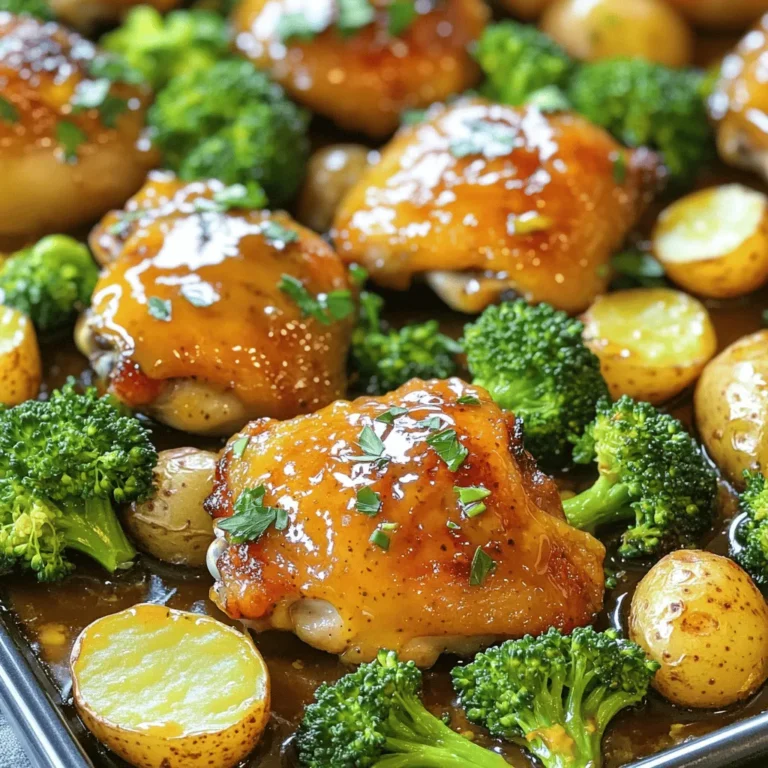 To make Sheet Pan Honey Mustard Chicken, you need simple ingredients. This recipe serves four and takes about 45 minutes in total. You will enjoy the mix of tender chicken, tasty potatoes, and bright broccoli. - 4 bone-in chicken thighs - 2 tablespoons Dijon mustard - 2 tablespoons honey - 1 tablespoon olive oil These main ingredients bring flavor and texture. Bone-in chicken thighs stay juicy while cooking. The Dijon mustard and honey create a sweet and tangy glaze. - 1 teaspoon garlic powder - 1 teaspoon smoked paprika - Salt and pepper to taste - 1 pound baby potatoes, halved - 2 cups broccoli florets - Fresh parsley for garnish The garlic powder adds depth. Smoked paprika gives a nice warmth. Baby potatoes become crispy, and broccoli adds color along with nutrients. Don't forget fresh parsley for a pop of flavor! For the full recipe, you can explore the details and enjoy this dish. To make Sheet Pan Honey Mustard Chicken, start by gathering all your ingredients. This recipe is simple and quick. You will need chicken thighs, Dijon mustard, honey, olive oil, garlic powder, smoked paprika, baby potatoes, broccoli, and some salt and pepper. 1. First, preheat your oven to 400°F (200°C). 2. In a small bowl, whisk together the Dijon mustard, honey, olive oil, garlic powder, smoked paprika, salt, and pepper. Mix well until it is smooth. 3. Place the chicken thighs in a large bowl. Pour half of the honey mustard mixture over the chicken. Make sure each piece is coated well. Set aside the remaining sauce. 4. On a large sheet pan, lay out the halved baby potatoes in a single layer. Drizzle them with olive oil, salt, and pepper. Toss them to coat evenly. 5. Nestle the coated chicken thighs on one side of the sheet pan, skin side up. This helps it crisp up nicely. 6. Bake the chicken and potatoes for 20 minutes in the preheated oven. 7. After 20 minutes, take the pan out of the oven. Add the broccoli florets to the empty side. Drizzle the leftover honey mustard mixture over the broccoli. 8. Put the sheet pan back in the oven. Bake for an extra 15 to 20 minutes. Check that the chicken reaches an internal temperature of 165°F (75°C) and the veggies are tender. 9. Once cooked, remove the pan from the oven. Let it rest for a few minutes. Before serving, garnish with fresh parsley for color and flavor. The total baking time for this dish is around 35 to 40 minutes. Make sure to bake at 400°F (200°C) to get the best results. This ensures the chicken is juicy and the veggies are perfectly tender. Enjoy this savory meal! To get juicy chicken, use bone-in thighs. They stay moist and flavorful. Brining the chicken in saltwater for 30 minutes can add extra juiciness. Always check the chicken's internal temperature. It should reach 165°F (75°C). This ensures it cooks through but stays tender. Let it rest for a few minutes after cooking. This helps the juices redistribute and keeps the chicken moist. When cooking veggies, cut them evenly. This helps them cook at the same rate. For this dish, I love using baby potatoes and broccoli. Halve the potatoes for quicker cooking. Toss them in olive oil, salt, and pepper before baking. This enhances their flavor. Add the broccoli halfway through baking to avoid overcooking. This keeps it bright green and crisp. The honey mustard sauce is a star in this recipe. You can make it your own! Try adding a splash of soy sauce for depth. For a spicy kick, mix in some sriracha or hot sauce. If you like herbs, add fresh rosemary or thyme. This adds a nice aroma and flavor. Drizzle extra sauce on the veggies for more taste. Enjoy experimenting with flavors! For the complete recipe, check out the Full Recipe. {{image_2}} You can switch out chicken for other meats. Try bone-in pork chops for a tasty twist. They cook well and soak up the honey mustard flavor. You can also use salmon. It adds a nice richness to the dish. For a vegetarian option, consider chickpeas. They add protein and work well with the sauce. Feel free to swap out the broccoli and potatoes. Carrots bring sweetness and color. Brussels sprouts add a nice crunch. Green beans roast well and stay crisp. You can even use bell peppers for a pop of color. Just make sure to cut all veggies to similar sizes for even cooking. You can change the flavor with a few simple tweaks. Add a splash of lemon juice for brightness. For heat, mix in some cayenne pepper or red pepper flakes. Herbs like thyme or rosemary elevate the taste. If you want a bit of sweetness, throw in some apple slices. These add a nice contrast to the mustard. Explore these options to make this dish your own. Check out the Full Recipe for more ideas! Store leftover Sheet Pan Honey Mustard Chicken in an airtight container. Keep it in the fridge for up to four days. Make sure to let it cool down before sealing it. This helps keep the chicken juicy and tasty. You can freeze your chicken meal too! Place the cooled chicken and veggies in freezer-safe bags. Squeeze out the air to prevent freezer burn. It can stay good for up to three months. When you’re ready to eat, let it thaw overnight in the fridge. To reheat, preheat your oven to 350°F (175°C). Place the chicken and veggies on a baking sheet. Cover with foil to keep it moist. Heat for about 15-20 minutes, or until it's warm. You can also use a microwave, but oven reheating helps keep the crispiness. Enjoy your meal again, just like the first time! Making Sheet Pan Honey Mustard Chicken takes about 45 minutes. This includes 10 minutes for prep and 35 minutes for cooking. It’s a quick meal that fits into a busy schedule. You can get dinner on the table fast without losing flavor. Yes, you can use different cuts of chicken. If you prefer chicken breasts, they will work too. Just make sure to adjust the cooking time. Breasts may cook faster than thighs. Always check that the chicken reaches an internal temperature of 165°F for safety. This dish pairs well with many sides. Here are a few ideas: - Rice or quinoa for a hearty base - A fresh green salad for crunch - Roasted carrots for sweetness - A warm bread roll to soak up the sauce These sides complement the honey mustard flavor and make your meal more filling. This blog post covered a simple recipe for Sheet Pan Honey Mustard Chicken. We explored the main ingredients, step-by-step instructions, and helpful tips. You learned about cooking times, sauce variations, and how to store leftovers. In closing, this dish is easy to prepare and offers many variations. Don't hesitate to get creative with flavors and ingredients. Enjoy your cooking and have fun with it!