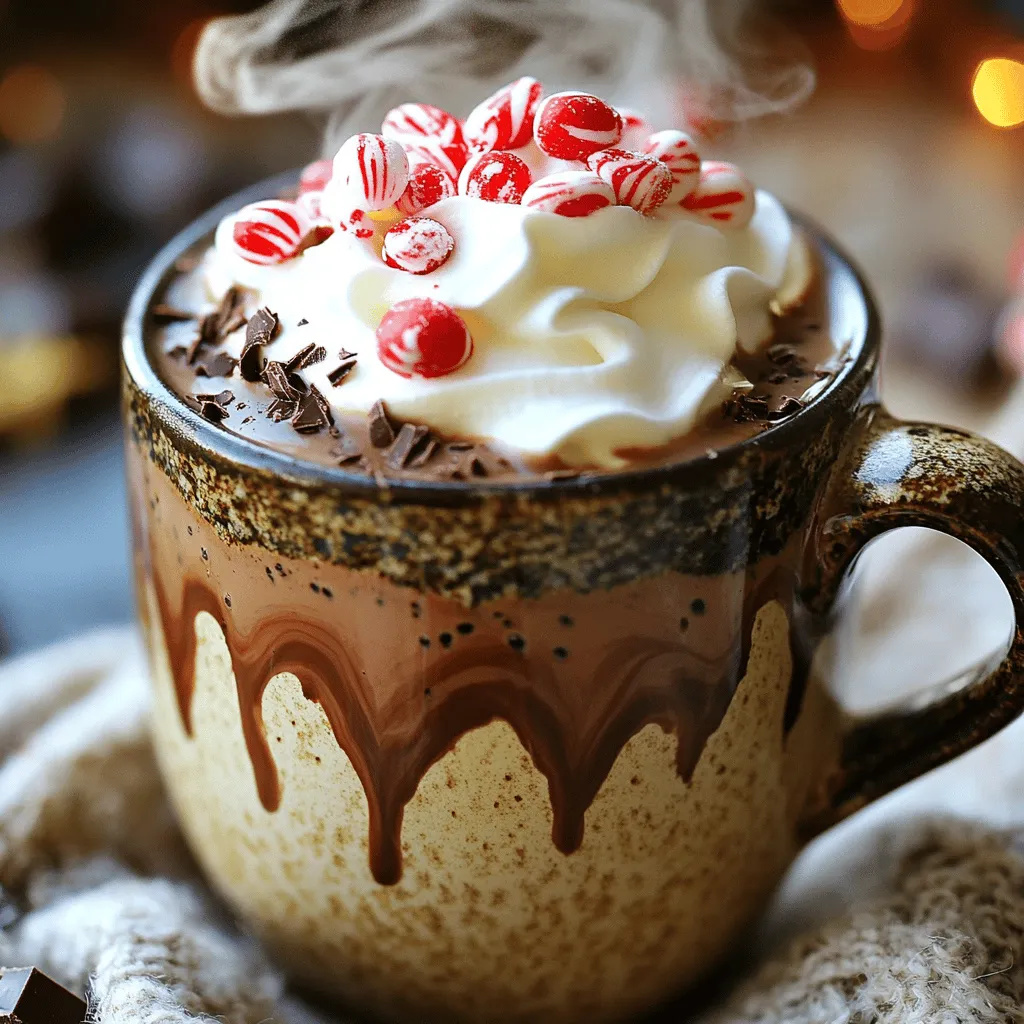 To make this warm treat, you need a few key ingredients. Here’s what you’ll need: - 2 cups whole milk - 1 cup heavy cream - 1/2 cup semi-sweet chocolate chips - 1/4 cup peppermint syrup - 1/4 teaspoon vanilla extract - 1/4 cup crushed peppermint candies (plus extra for garnish) - Whipped cream for topping - Chocolate shavings for garnish These ingredients combine to create a rich, creamy hot chocolate that bursts with flavor. Choosing the right chocolate is crucial. Look for high-quality semi-sweet chocolate chips. They should have a rich cocoa taste. Brands that use real cocoa butter are the best. Avoid chocolate with fillers or artificial flavors. For peppermint syrup, choose one that is all-natural. Look for syrups made with real peppermint oil. This gives your drink a fresh, bold flavor. Avoid syrups with too much sugar or artificial ingredients. Garnishes make your hot chocolate look special. Start with a generous dollop of whipped cream. Then, sprinkle crushed peppermint candies on top. This adds color and texture. You can also add chocolate shavings for an extra treat. For a festive touch, use mini candy canes as stirrers. All these elements make your peppermint bark hot chocolate not just tasty but also beautiful. For the full recipe, check the section above. Making peppermint bark hot chocolate is simple and fun. You start with milk and cream. Heat them together until they steam. Then, mix in chocolate chips and peppermint syrup. Finally, add crushed peppermint candies for that festive touch. 1. Combine Milk and Cream: In a medium saucepan, pour 2 cups of whole milk and 1 cup of heavy cream. 2. Heat Mixture: Place the saucepan over medium heat. Watch it closely until it gets hot but does not boil. 3. Add Chocolate: Once the milk mixture is steaming, add 1/2 cup of semi-sweet chocolate chips. Stir until they melt and the mix is smooth. 4. Mix in Flavors: Pour in 1/4 cup of peppermint syrup and 1/4 teaspoon of vanilla extract. Stir well to blend the flavors. 5. Fold in Peppermint: Take the saucepan off the heat. Gently fold in 1/4 cup of crushed peppermint candies. 6. Serve: Pour the hot chocolate into mugs. Top with whipped cream. Sprinkle extra crushed peppermint candies and chocolate shavings for a pretty finish. Keep an eye on the temperature. You want your mixture hot, not boiling. Boiling can ruin the creamy texture. The hot chocolate should be smooth and thick enough to coat the back of a spoon. If it’s too thin, let it heat slightly longer. Enjoy every warm sip of your peppermint bark hot chocolate. For the full recipe, check the above section. To make your hot chocolate pop, use rich, high-quality chocolate. Semi-sweet chocolate chips work well, but you can experiment with dark chocolate for a deeper taste. Add a pinch of sea salt to balance the sweetness. If you want more minty goodness, use pure peppermint extract. Just a few drops can boost the flavor without overpowering it. One mistake many make is overheating the milk. Always heat it gently to avoid scalding. Another common error is not stirring enough. Stirring helps melt the chocolate evenly. Also, don’t skip the vanilla extract; it adds depth. Lastly, don’t forget to taste as you go! Adjust sweetness based on your preference. For creamy hot chocolate, start with whole milk and heavy cream. This combo provides richness. Whisk the mixture as it heats to keep it smooth. If you want it even creamier, try adding a bit of cream cheese or mascarpone. These will add a luscious texture. Remember, the key is to avoid boiling the mixture; keep it steaming for the best results. For full details and steps, check the Full Recipe! {{image_2}} To make a dairy-free or vegan peppermint bark hot chocolate, swap the whole milk and heavy cream with plant-based milk. Almond, oat, or coconut milk work great. Use vegan chocolate chips instead of semi-sweet chocolate chips. Look for ones sweetened without milk. You can still enjoy the creamy texture and rich flavor of this drink. You can get creative with flavors in your hot chocolate. Try adding a splash of coffee for a mocha twist. You can also use flavored syrups like vanilla or caramel. For a spicy kick, add a pinch of cayenne pepper or cinnamon. These small changes can make your drink unique and fun. Toppings can change the game for your peppermint bark hot chocolate. Besides whipped cream, you can use marshmallows for a fluffy touch. Crushed Oreos or chocolate chips add a fun crunch. For a more adult version, a splash of peppermint schnapps gives an extra kick. Choose toppings based on your mood and let your creativity shine. For the complete recipe, check out the [Full Recipe]. To store leftover hot chocolate, let it cool first. Pour it into an airtight container. Seal it well to keep the flavor fresh. You can keep it in the fridge for up to three days. If you want to save it longer, consider freezing it. Just remember to leave space in the container for expansion. When reheating, use a saucepan over low heat. Stir the hot chocolate frequently to avoid burning. Add a splash of milk if it seems too thick. This helps restore its creamy texture. You can also microwave it in short bursts. Just stir well after each burst to keep it even. If you have leftover ingredients, don’t waste them! Use remaining peppermint syrup in coffee or desserts. You can add crushed peppermint candies to cookies or cakes. The heavy cream can whip up nicely for other drinks. Think about using it in a rich pasta sauce or in soups for added creaminess. Yes, you can use cocoa powder. However, it will change the texture. Use about 1/2 cup of cocoa powder. Mix it with sugar and a bit of hot water to form a paste. Then add it to the milk mixture. This keeps the drink smooth and rich. If you don't have peppermint syrup, you can use peppermint extract. Use about 1 teaspoon instead of the syrup. You can also make a simple syrup with sugar and water. Add crushed peppermint to infuse flavor. This gives a nice minty kick. To serve more people, just multiply the ingredients. For example, if you want to serve four, double the recipe. Use 4 cups of milk and 2 cups of cream. Make sure to adjust the chocolate and syrup too. This way, everyone enjoys a warm cup. Yes, you can prepare this hot chocolate in advance. Just make the mixture and store it in the fridge. When ready to serve, heat it gently on the stove. Stir well before serving. This keeps the flavors fresh and tasty. To make your hot chocolate festive, add fun toppings. Use whipped cream, crushed peppermint, and chocolate shavings. You can also add a drizzle of chocolate sauce on top. Use colorful mugs or add holiday sprinkles for extra cheer. This makes your drink look as good as it tastes. For the complete recipe, check out the Full Recipe. We explored the essential ingredients and step-by-step guide for making peppermint bark hot chocolate. You learned tips for selecting quality chocolate and ways to enhance flavor. I shared storage tips to help you enjoy every drop. Remember, hot chocolate can be easily customized with different flavors and toppings. Use fresh ingredients for the best taste. With practice, you’ll create a warm drink that delights everyone. Dive into this recipe and enjoy the cozy comfort it brings.