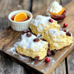 Cranberry orange scones are a tasty treat. They combine tart cranberries and sweet orange. This recipe is simple and quick. You will need a few basic ingredients to start. - 2 cups all-purpose flour - 1/3 cup sugar - 1 tablespoon baking powder - 1/2 teaspoon salt - 1/4 cup unsalted butter, cold and cubed - 1/2 cup dried cranberries - Zest of 1 large orange - 1/2 cup heavy cream - 1 large egg - 1 teaspoon vanilla extract - 1 tablespoon orange juice (freshly squeezed) - 1 egg wash (1 egg beaten with 1 tablespoon of water) Each ingredient plays a key role in flavor and texture. The flour gives the scones structure. Sugar adds sweetness. Baking powder helps them rise. Salt enhances all the flavors. Cold butter adds flakiness. Dried cranberries provide chewiness. Orange zest adds bright flavor. Heavy cream makes the scones rich and moist. The egg helps bind everything. Vanilla gives depth. Fresh orange juice brings a burst of citrus. The egg wash gives a lovely golden color when baked. Using high-quality ingredients helps make your scones even better. I recommend organic flour and fresh oranges for the best flavor. For a fun twist, try adding a pinch of cinnamon to the dry mix. This simple recipe will surely impress your family and friends. 1. Preheat your oven to 400°F (200°C) and prepare your baking sheet with parchment paper. This step helps to avoid sticking and makes cleanup easier. 2. In a large mixing bowl, combine the dry ingredients: flour, sugar, baking powder, and salt. Whisk them well until they blend together. This ensures even flavor throughout the scones. 3. Add the cold, cubed butter to the dry mix. Use your fingers or a pastry cutter to work the butter in until the mixture looks like coarse crumbs. This step is key for flaky scones. 1. Now, stir in the dried cranberries and the orange zest. Mix until they are evenly spread throughout the dough. This adds bursts of flavor with each bite. 2. In a separate bowl, whisk together the wet ingredients: heavy cream, egg, vanilla extract, and orange juice. This will add moisture and richness to your scones. 3. Pour the wet mixture into the dry ingredients. Stir gently until just combined. Avoid overmixing to keep the scones tender. 1. Turn the dough out onto a lightly floured surface. Knead it gently just 3 to 4 times to form a disc about 1-inch thick. This shapes the dough without toughening it. 2. Cut the disc into 8 equal wedges. Arrange them on your prepared baking sheet. This step makes sure they bake evenly. 3. Brush the tops with the egg wash for a nice golden color. It gives your scones a beautiful finish. 4. Bake for 15 to 18 minutes or until they turn lightly browned. A toothpick should come out clean when inserted. This means they are done. These steps will guide you to create delicious cranberry orange scones. For all the details, check out the Full Recipe. Enjoy your baking! - Ensuring optimal oven temperature: Preheat your oven to 400°F (200°C). This helps the scones rise and bake evenly. Use an oven thermometer if you have one. It can help you check if the temperature is right. - Using cold butter for flakiness: Use cold, cubed butter. It creates a nice, flaky texture. When you mix it into the flour, don’t let it melt. It should stay cold to make the scones rise well. - Pairing with beverages like tea or coffee: These scones taste great with tea or coffee. The bright orange flavor and tart cranberries match perfectly with warm drinks. - Additional toppings: You can add toppings for extra flavor. Try dusting with powdered sugar. Whipped cream adds richness. Orange marmalade brings a sweet touch that works well too. - How to store for freshness: Keep the scones in an airtight container. This keeps them soft and fresh. Store at room temperature for up to three days. - Freezing instructions for longer storage: To freeze, wrap each scone tightly in plastic wrap. Place them in a freezer bag. They can last up to three months. When ready to eat, thaw at room temperature or warm in the oven. For a full recipe, check out the Cranberry Orange Delight Scones. {{image_2}} You can switch up the flavors in your cranberry orange scones easily. If you don't have dried cranberries, try using raisins or blueberries instead. Both options add sweetness and a burst of flavor. Adding nuts can also enhance your scones. Walnuts or pecans provide a nice crunch and rich taste. Chop the nuts finely and mix them in with the cranberries. This simple change makes the scones even more enjoyable. If you need gluten-free scones, use gluten-free flour. Many brands offer great options that work well in baking. Just make sure to check the packaging for instructions. For a vegan version, you can substitute the butter with plant-based butter. Use an egg replacer like flaxseed or applesauce instead of the egg. This keeps the scones moist and fluffy without using animal products. These variations let you enjoy delicious scones while catering to your taste and dietary needs. You can find the full recipe above for detailed steps. Cranberry orange scones are a sweet, fluffy pastry. They mix tart cranberries with bright orange zest. This combination makes them perfect for breakfast or tea time. The scones are light and flaky, with a lovely golden crust. They are easy to make and a joy to eat. You can tell your scones are done when they are lightly golden on top. Insert a toothpick into the center. If it comes out clean, your scones are ready. They should also feel firm to the touch. Bake them for about 15-18 minutes at 400°F (200°C) for the best results. Yes, you can make the dough ahead of time. Mix it and shape it into a disc. Wrap it tightly in plastic wrap and refrigerate. Use the dough within 24 hours for the best taste. When you are ready, cut the scones and bake them as usual. Absolutely! Baked scones freeze very well. Allow them to cool completely after baking. Place them in a freezer-safe bag or container. They can last for up to three months. To enjoy, thaw them at room temperature or warm them in the oven. Store leftover scones in an airtight container. Keep them at room temperature for up to two days. If you want to keep them longer, refrigerate them. You can also reheat them in the oven for a few minutes. This will help restore their flaky texture. For a full recipe, check out the Cranberry Orange Delight Scones. One serving of these cranberry orange scones is one scone. Each scone has about 200 calories. This makes them a nice treat without being too heavy. - Total Fat: 8 grams - Carbohydrates: 31 grams - Protein: 3 grams These facts show a balanced mix of fats, carbs, and protein. The fats mostly come from the butter, while the carbs come from flour and sugar. Cranberries and oranges offer great health benefits. Cranberries help fight infections and are good for your heart. They are high in antioxidants, which protect your body. Oranges provide a boost of vitamin C. This vitamin helps your immune system stay strong. Together, these fruits make the scones not just tasty but also good for you. Enjoying these scones can be a fun way to add nutrients to your diet. If you want the full details on how to make these delicious treats, check out the Full Recipe. This blog post covers how to make delicious cranberry orange scones. We explored the ingredients, preparation steps, baking tips, and variations. Remember to use cold butter for a flaky texture. Pair your scones with tea or coffee for a treat. Store them well to keep them fresh. You can also modify the recipe to fit your needs. Try different flavors or dietary options. Enjoy your baking adventure and share these tasty scones with friends and family!