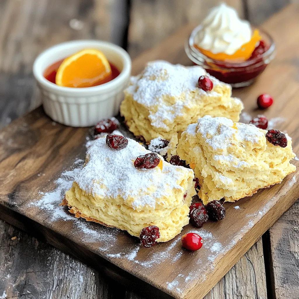 Cranberry orange scones are a tasty treat. They combine tart cranberries and sweet orange. This recipe is simple and quick. You will need a few basic ingredients to start. - 2 cups all-purpose flour - 1/3 cup sugar - 1 tablespoon baking powder - 1/2 teaspoon salt - 1/4 cup unsalted butter, cold and cubed - 1/2 cup dried cranberries - Zest of 1 large orange - 1/2 cup heavy cream - 1 large egg - 1 teaspoon vanilla extract - 1 tablespoon orange juice (freshly squeezed) - 1 egg wash (1 egg beaten with 1 tablespoon of water) Each ingredient plays a key role in flavor and texture. The flour gives the scones structure. Sugar adds sweetness. Baking powder helps them rise. Salt enhances all the flavors. Cold butter adds flakiness. Dried cranberries provide chewiness. Orange zest adds bright flavor. Heavy cream makes the scones rich and moist. The egg helps bind everything. Vanilla gives depth. Fresh orange juice brings a burst of citrus. The egg wash gives a lovely golden color when baked. Using high-quality ingredients helps make your scones even better. I recommend organic flour and fresh oranges for the best flavor. For a fun twist, try adding a pinch of cinnamon to the dry mix. This simple recipe will surely impress your family and friends. 1. Preheat your oven to 400°F (200°C) and prepare your baking sheet with parchment paper. This step helps to avoid sticking and makes cleanup easier. 2. In a large mixing bowl, combine the dry ingredients: flour, sugar, baking powder, and salt. Whisk them well until they blend together. This ensures even flavor throughout the scones. 3. Add the cold, cubed butter to the dry mix. Use your fingers or a pastry cutter to work the butter in until the mixture looks like coarse crumbs. This step is key for flaky scones. 1. Now, stir in the dried cranberries and the orange zest. Mix until they are evenly spread throughout the dough. This adds bursts of flavor with each bite. 2. In a separate bowl, whisk together the wet ingredients: heavy cream, egg, vanilla extract, and orange juice. This will add moisture and richness to your scones. 3. Pour the wet mixture into the dry ingredients. Stir gently until just combined. Avoid overmixing to keep the scones tender. 1. Turn the dough out onto a lightly floured surface. Knead it gently just 3 to 4 times to form a disc about 1-inch thick. This shapes the dough without toughening it. 2. Cut the disc into 8 equal wedges. Arrange them on your prepared baking sheet. This step makes sure they bake evenly. 3. Brush the tops with the egg wash for a nice golden color. It gives your scones a beautiful finish. 4. Bake for 15 to 18 minutes or until they turn lightly browned. A toothpick should come out clean when inserted. This means they are done. These steps will guide you to create delicious cranberry orange scones. For all the details, check out the Full Recipe. Enjoy your baking! - Ensuring optimal oven temperature: Preheat your oven to 400°F (200°C). This helps the scones rise and bake evenly. Use an oven thermometer if you have one. It can help you check if the temperature is right. - Using cold butter for flakiness: Use cold, cubed butter. It creates a nice, flaky texture. When you mix it into the flour, don’t let it melt. It should stay cold to make the scones rise well. - Pairing with beverages like tea or coffee: These scones taste great with tea or coffee. The bright orange flavor and tart cranberries match perfectly with warm drinks. - Additional toppings: You can add toppings for extra flavor. Try dusting with powdered sugar. Whipped cream adds richness. Orange marmalade brings a sweet touch that works well too. - How to store for freshness: Keep the scones in an airtight container. This keeps them soft and fresh. Store at room temperature for up to three days. - Freezing instructions for longer storage: To freeze, wrap each scone tightly in plastic wrap. Place them in a freezer bag. They can last up to three months. When ready to eat, thaw at room temperature or warm in the oven. For a full recipe, check out the Cranberry Orange Delight Scones. {{image_2}} You can switch up the flavors in your cranberry orange scones easily. If you don't have dried cranberries, try using raisins or blueberries instead. Both options add sweetness and a burst of flavor. Adding nuts can also enhance your scones. Walnuts or pecans provide a nice crunch and rich taste. Chop the nuts finely and mix them in with the cranberries. This simple change makes the scones even more enjoyable. If you need gluten-free scones, use gluten-free flour. Many brands offer great options that work well in baking. Just make sure to check the packaging for instructions. For a vegan version, you can substitute the butter with plant-based butter. Use an egg replacer like flaxseed or applesauce instead of the egg. This keeps the scones moist and fluffy without using animal products. These variations let you enjoy delicious scones while catering to your taste and dietary needs. You can find the full recipe above for detailed steps. Cranberry orange scones are a sweet, fluffy pastry. They mix tart cranberries with bright orange zest. This combination makes them perfect for breakfast or tea time. The scones are light and flaky, with a lovely golden crust. They are easy to make and a joy to eat. You can tell your scones are done when they are lightly golden on top. Insert a toothpick into the center. If it comes out clean, your scones are ready. They should also feel firm to the touch. Bake them for about 15-18 minutes at 400°F (200°C) for the best results. Yes, you can make the dough ahead of time. Mix it and shape it into a disc. Wrap it tightly in plastic wrap and refrigerate. Use the dough within 24 hours for the best taste. When you are ready, cut the scones and bake them as usual. Absolutely! Baked scones freeze very well. Allow them to cool completely after baking. Place them in a freezer-safe bag or container. They can last for up to three months. To enjoy, thaw them at room temperature or warm them in the oven. Store leftover scones in an airtight container. Keep them at room temperature for up to two days. If you want to keep them longer, refrigerate them. You can also reheat them in the oven for a few minutes. This will help restore their flaky texture. For a full recipe, check out the Cranberry Orange Delight Scones. One serving of these cranberry orange scones is one scone. Each scone has about 200 calories. This makes them a nice treat without being too heavy. - Total Fat: 8 grams - Carbohydrates: 31 grams - Protein: 3 grams These facts show a balanced mix of fats, carbs, and protein. The fats mostly come from the butter, while the carbs come from flour and sugar. Cranberries and oranges offer great health benefits. Cranberries help fight infections and are good for your heart. They are high in antioxidants, which protect your body. Oranges provide a boost of vitamin C. This vitamin helps your immune system stay strong. Together, these fruits make the scones not just tasty but also good for you. Enjoying these scones can be a fun way to add nutrients to your diet. If you want the full details on how to make these delicious treats, check out the Full Recipe. This blog post covers how to make delicious cranberry orange scones. We explored the ingredients, preparation steps, baking tips, and variations. Remember to use cold butter for a flaky texture. Pair your scones with tea or coffee for a treat. Store them well to keep them fresh. You can also modify the recipe to fit your needs. Try different flavors or dietary options. Enjoy your baking adventure and share these tasty scones with friends and family!