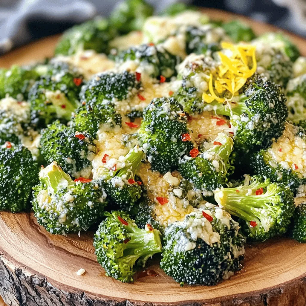 - 1 pound broccoli florets - 4 cloves garlic, minced - 3 tablespoons olive oil - 1/2 cup grated Parmesan cheese - 1 teaspoon lemon juice - 1 teaspoon red pepper flakes (optional) - Salt and black pepper to taste - Zest of 1 lemon (for garnish) When I make Roasted Garlic Parmesan Broccoli, I love using fresh ingredients. The star of this dish is the broccoli. It gives a vibrant color and a satisfying crunch. I use garlic for its rich flavor. It enhances the dish, making it more savory. Olive oil adds depth and helps the broccoli roast perfectly. Parmesan cheese brings a salty, creamy taste. It melts beautifully and forms a lovely crust on the broccoli. Lemon juice brightens the dish and adds a zesty kick. Optional red pepper flakes give it a bit of heat, which I enjoy. I like to season the broccoli with salt and black pepper. These simple seasonings make a big difference. Finally, the lemon zest adds a fresh aroma, making the dish even more appealing. For the full recipe, check out the details above! 1. Preheat the oven: Start by setting your oven to 425°F (220°C). This high heat helps the broccoli get nice and crispy. 2. Mix broccoli and garlic: In a large bowl, add 1 pound of broccoli florets and 4 minced garlic cloves. This mix brings a strong flavor to the dish. 3. Add olive oil and seasonings: Drizzle 3 tablespoons of olive oil over the broccoli and garlic. Sprinkle salt, black pepper, and red pepper flakes if you like heat. Toss everything well so each piece gets coated. 1. Spread on baking sheet: Take a baking sheet and spread the broccoli mix in a single layer. This helps them roast evenly. 2. Initial roast time: Place the baking sheet in the oven and roast for about 15 minutes. Turn the broccoli halfway through to ensure even cooking. 3. Adding cheese: After 15 minutes, take the baking sheet out and sprinkle 1/2 cup of grated Parmesan cheese over the hot broccoli. The cheese melts and creates a delicious crust. 1. Squeeze lemon juice: Once roasted, take the broccoli out of the oven and squeeze 1 teaspoon of fresh lemon juice over the top. This adds a bright flavor to balance the richness of the cheese. 2. Garnishing tips: For a fancy look, sprinkle some lemon zest on top before serving. This adds color and a fresh aroma. For the complete recipe, check out the Full Recipe. Enjoy your delicious Roasted Garlic Parmesan Broccoli! Even coating is key for great flavor. When you toss the broccoli, make sure every floret gets oil and seasoning. This will help each bite be tasty. To get crispy broccoli, spread it in a single layer on the baking sheet. Avoid crowding the pan. If the florets touch, they will steam instead of roast. Roasted Garlic Parmesan Broccoli pairs well with many main dishes. Try it with grilled chicken or seared fish for a balanced meal. For a fun twist, serve it alongside pasta. To make it look fancy, use a rustic wooden platter. Add extra lemon zest and a dash of black pepper on top for color and taste. Overcooking can ruin your broccoli. Keep an eye on it while roasting. Check for tenderness at the 15-minute mark. For the best flavor, use fresh Parmesan cheese. Pre-grated cheese often lacks that rich taste. Grate it fresh for the best results. {{image_2}} You can change the cheese for a new taste. Try mozzarella or cheddar. Each cheese brings its own flavor. You can also add spices. Consider garlic powder or smoked paprika for a twist. These spices add warmth and depth. If you want a dairy-free option, use nutritional yeast instead of Parmesan. It gives a cheesy flavor without the dairy. To lower calories and fats, use less olive oil. You can also skip the cheese for a lighter dish. This keeps the dish healthy and tasty. Seasonal veggies can enhance this dish. Add bell peppers or cherry tomatoes for color and taste. You can also change the recipe for special occasions. For a holiday meal, try adding roasted nuts. They add crunch and a festive feel. Each variation keeps the dish exciting and fresh. To store leftover Roasted Garlic Parmesan Broccoli, let it cool first. Place the broccoli in an airtight container. This keeps it fresh and prevents strong odors. In the fridge, your leftovers stay good for about 3 to 4 days. Just remember to reheat only what you need each time. To freeze Roasted Garlic Parmesan Broccoli, use a freezer-safe bag or container. Make sure to remove as much air as possible. This helps prevent freezer burn. The broccoli can last for up to 3 months in the freezer. When you want to eat it, thaw in the fridge overnight. For quick results, you can microwave it on low for a few minutes. Reheat in an oven or skillet to get that crispy texture back. Enjoy this tasty side dish again without losing flavor! Can I use frozen broccoli? Yes, you can use frozen broccoli. Just thaw and drain it well. This helps avoid excess water. Roasting may take a few more minutes. Look for a tender texture. How long does it take to roast? It typically takes about 20 minutes. Roast for 15 minutes first, then add cheese. Roast again for 5 minutes until golden. What can I serve with this dish? This dish pairs well with grilled chicken or fish. It also complements pasta and rice dishes. Serve it on a rustic wooden platter for style. How to make it in an air fryer? To make this dish in an air fryer, preheat it to 375°F (190°C). Toss the broccoli and garlic with olive oil and seasonings. Arrange them in the air fryer basket. Cook for 10-12 minutes, shaking halfway through. Add the cheese and cook for another 2-3 minutes. Can I steam the broccoli instead? Yes, you can steam the broccoli. Steaming keeps it tender but may not give the same crispy texture. After steaming, mix with garlic and oil. Then, roast it briefly to add flavor. What can I use instead of Parmesan? If you don’t have Parmesan, try Pecorino Romano or nutritional yeast for a vegan option. Both add a nice, cheesy flavor. Alternatives for garlic lovers If you love garlic, add roasted garlic cloves or garlic powder. You can also use garlic oil for a stronger flavor. Mix it into the olive oil for a tasty twist. For the full recipe, refer to the detailed instructions above. Roasting garlic Parmesan broccoli is simple and rewarding. We explored the best ingredients, preparation steps, and tips to enhance flavor. Remember, even coating is key for crispiness. Feel free to try different cheeses or add seasonal veggies. Storing leftovers properly will help you enjoy this dish later. Whether you prefer it fresh or frozen, this recipe is versatile. Embrace your creativity and share this delightful side with family and friends. Happy cooking!