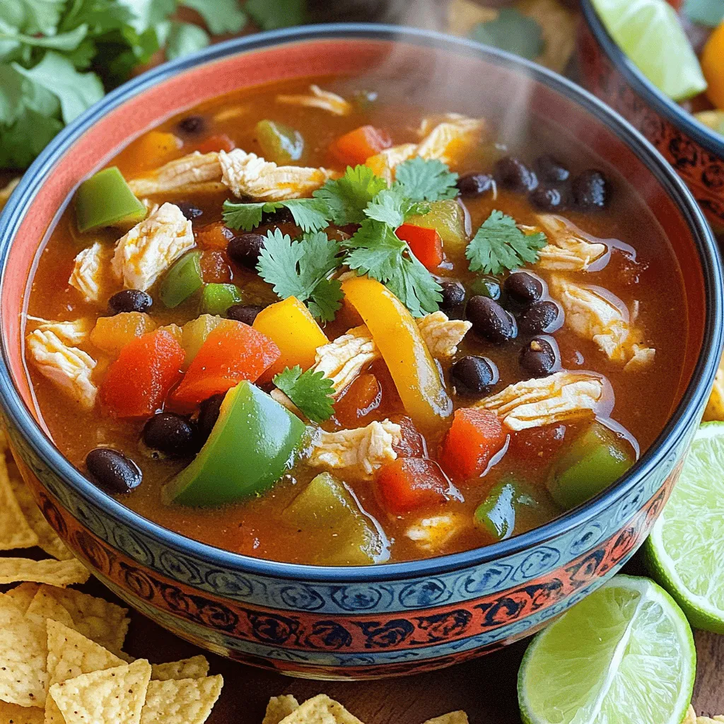 When making chicken fajita soup, you need some tasty ingredients. Here is what you will need: - 1 lb boneless, skinless chicken breasts, diced - 1 tablespoon olive oil - 1 medium onion, chopped - 1 red bell pepper, sliced - 1 green bell pepper, sliced - 2 cloves garlic, minced - 1 can (14.5 oz) diced tomatoes - 4 cups chicken broth - 1 can (15 oz) black beans, drained and rinsed - 1 tablespoon chili powder - 1 teaspoon cumin - 1 teaspoon paprika - Salt and pepper to taste - Fresh cilantro, chopped (for garnish) - Lime wedges (for serving) - Tortilla chips (optional, for serving) These ingredients give the soup its rich, bold flavor. The chicken adds protein, while the peppers and onions bring crunch and color. The spices give it warmth and depth. Do you want to switch some items? Here are a few easy swaps: - Chicken: Use tofu or cooked beans for a vegetarian option. - Broth: Vegetable broth works well if you want a lighter taste. - Peppers: Use any color of bell pepper you like or even zucchini. - Beans: Use pinto beans or kidney beans instead of black beans. These swaps let you customize the soup to your taste. Feel free to mix and match! This soup is not only tasty but healthy too. Here are some key benefits: - High in Protein: Chicken and beans provide a great protein boost. - Rich in Vitamins: Bell peppers and onions add important vitamins. - Fiber: Beans help with digestion and keep you full. Each serving has about 300 calories, making it a satisfying meal without excess calories. This soup can fit well into many diets while still being fun to eat. For the full recipe, check out the details above. To make Chicken Fajita Soup, start by gathering your ingredients. This makes cooking easier. You will need: - 1 lb boneless, skinless chicken breasts, diced - 1 tablespoon olive oil - 1 medium onion, chopped - 1 red bell pepper, sliced - 1 green bell pepper, sliced - 2 cloves garlic, minced - 1 can (14.5 oz) diced tomatoes - 4 cups chicken broth - 1 can (15 oz) black beans, drained and rinsed - 1 tablespoon chili powder - 1 teaspoon cumin - 1 teaspoon paprika - Salt and pepper to taste - Fresh cilantro, chopped (for garnish) - Lime wedges (for serving) - Tortilla chips (optional, for serving) Once you have everything, you can begin. 1. Heat the Oil: In a large pot, heat the olive oil over medium heat. 2. Cook the Chicken: Add the diced chicken. Season it with salt and pepper. Sauté until the chicken turns brown, which takes about 5-7 minutes. 3. Add Veggies: Toss in the chopped onion and sliced bell peppers. Stir well and cook for about 4-5 minutes. The veggies should soften. 4. Add Garlic: Stir in the minced garlic, cooking for one more minute until you smell its great aroma. 5. Mix in the Liquids: Pour in the diced tomatoes with juices and chicken broth. Add the black beans, chili powder, cumin, and paprika. Stir to mix everything. 6. Simmer: Bring the soup to a boil. Then lower the heat and let it simmer for 20-25 minutes. This helps the flavors meld and the chicken cook fully. 7. Taste and Adjust: Before serving, taste your soup. Adjust the seasonings if needed. - Use Fresh Ingredients: Fresh chicken and veggies make a big difference in taste. - Don’t Rush the Cooking: Let the chicken brown well. This adds depth to the flavor. - Taste as You Go: Tasting helps you find the perfect balance of spices. - Garnish Wisely: Fresh cilantro and lime add brightness to the soup. Don't skip them! For the full recipe, check out the [Full Recipe]. Enjoy your cooking! When making chicken fajita soup, some common mistakes can ruin the dish. One mistake is overcooking the chicken. You want it cooked but still tender. If you cook it too long, it gets dry. Another mistake is skipping the seasoning. Always season your chicken before cooking. It adds flavor right from the start. Also, don't forget to taste your soup before serving. Adjust the seasonings to suit your taste. To bring out the best flavors in your chicken fajita soup, consider these tips. First, use fresh ingredients. Fresh garlic and peppers make a big difference. You can also add a splash of lime juice before serving. This brightens the dish nicely. Another idea is to top the soup with fresh cilantro. It adds a burst of color and flavor. If you like heat, consider adding jalapeños or hot sauce. Serve your chicken fajita soup with some fun sides. A lime wedge adds a nice touch. Tortilla chips are great for dipping. You can also offer sour cream or avocado slices on the side. If you're feeling fancy, add some shredded cheese on top. This soup is filling, so a simple salad works well too. Enjoy your meal with family or friends for a cozy night in. For the full recipe, check the details provided earlier. {{image_2}} You can add extra ingredients to make this soup your own. Try adding corn for sweetness. You can also include zucchini or carrots for a twist. Chopped avocado gives a creamy touch. If you want more protein, add cooked sausage or shrimp. These additions keep it fun and fresh. Making this soup vegetarian or vegan is easy. Replace the chicken with chickpeas or tofu. Use vegetable broth instead of chicken broth for flavor. You can add more beans or lentils for protein. This way, you keep the soup hearty and satisfying without meat. Adjust the heat level to suit your taste. If you prefer mild soup, skip the chili powder. You can use sweet bell peppers for a gentle flavor. If you love spice, add jalapeños or extra chili powder. You can also use hot salsa for a kick. Just taste as you go to find your perfect heat. After you enjoy your Chicken Fajita Soup, let it cool down. Place the soup in airtight containers. This keeps the soup fresh longer. Store it in the fridge for up to three days. If you want to keep it longer, consider freezing it. Make sure to label the containers with the date. When you are ready to eat leftover soup, reheat it on the stove. Pour the soup into a pot over medium heat. Stir it often to help it heat evenly. If the soup seems thick, add a little chicken broth or water. Heat until it is warm all the way through. You can also use a microwave. Place the soup in a microwave-safe bowl. Heat it in short intervals, stirring in between. Freezing Chicken Fajita Soup is easy. First, let the soup cool completely. Then, pour it into freezer-safe bags or containers. Make sure to leave some space at the top. This allows the soup to expand as it freezes. You can freeze it for up to three months. When you want to eat it again, thaw it in the fridge overnight. Reheat it on the stove or in the microwave for a quick meal. For the full recipe, check out the details above. You can easily make Chicken Fajita Soup in a slow cooker. First, combine all ingredients in the slow cooker. Use the diced chicken, onion, and bell peppers. Add the garlic, diced tomatoes, chicken broth, black beans, and spices. Set your slow cooker on low for about 6-8 hours. If you need it faster, use high for 3-4 hours. The slow cooker makes the flavors blend well, giving you a rich taste. If you want to skip the chicken, try using beans or tofu. Both options add protein and texture. For a meat alternative, use diced beef or pork. You can also try shredded rotisserie chicken for a quick fix. Each option offers a different taste, so feel free to get creative. Absolutely! Adding more veggies is a great way to boost flavor and nutrients. Try adding corn, zucchini, or spinach. Chopped carrots or diced sweet potatoes work well, too. Just remember to adjust the cooking time so everything cooks evenly. You can find the full recipe for Chicken Fajita Soup to guide you through the process. This blog post covered all you need for Chicken Fajita Soup. We looked at key ingredients, easy steps, and tips for great flavor. I shared substitutions if you lack an item. You learned how to avoid common mistakes and enhance your soup. In conclusion, have fun with this recipe and make it your own. Enjoy a bowl of soup that's warm and packed with flavor. Keep these tips in mind, and your soup will always shine.