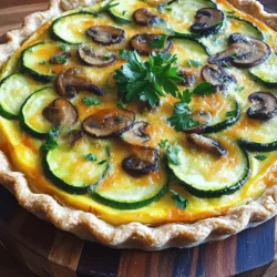 - 1 pre-made pie crust (store-bought or homemade) - 2 medium zucchinis, thinly sliced - 1 cup mushrooms, diced (cremini or button mushrooms work well) - 3 large eggs - 1 cup heavy cream or full-fat coconut milk - 1 cup shredded cheddar cheese (or a mix of your choice) - 1 teaspoon garlic powder - 1 teaspoon dried thyme - Salt and pepper to taste - Fresh herbs or alternative cheeses - Additional vegetables or spices When choosing zucchinis, look for ones that are firm and bright. They should feel heavy for their size. Avoid any that show signs of soft spots or wrinkles. For mushrooms, select ones that are dry and firm. Fresh mushrooms should have a nice, earthy smell. To keep your ingredients fresh, store zucchinis in the fridge. Place them in a plastic bag with holes for air. They can last up to a week this way. Keep mushrooms in their original packaging or a paper bag. Avoid sealing them in plastic, as that traps moisture. Use them within a few days for the best flavor. For the Full Recipe, check the link. Happy cooking! To start, you'll want to sauté the onions and mushrooms. Heat a splash of olive oil in a skillet over medium heat. Once the oil is hot, add the finely chopped onion. Cook it for about 3-4 minutes until it turns translucent. Next, add the diced mushrooms. Cook them for another 5 minutes. They will release moisture and start to brown nicely. Now, it’s time to cook the zucchini and season it. Add the thinly sliced zucchini to the skillet with the onions and mushrooms. Season with garlic powder, dried thyme, salt, and pepper. Stir everything together and let it cook for another 5-7 minutes. You want the zucchini to be tender but not mushy. Once done, take the pan off the heat and let the mixture cool slightly. In a large mixing bowl, crack open the eggs. Whisk them together with the heavy cream until they blend well. This is your rich base for the quiche. Next, mix in the shredded cheese and the sautéed vegetable mixture. Stir until everything is evenly combined. Now, pour the mixture into the pre-made pie crust. Make sure to spread it evenly so every bite is delicious. Preheat your oven to 375°F (190°C) before you bake. Place the quiche in the oven and bake for 30-35 minutes. You’ll know it’s ready when the center is set and the top is lightly golden. After baking, remove the quiche from the oven and let it cool for about 10 minutes. This helps it to set up nicely. Before serving, garnish with freshly chopped parsley for a pop of color and flavor. Enjoy your Zucchini Mushroom Quiche! For the full recipe, check the details below. To get a creamy filling, mix eggs and cream well. You want a nice blend. I often use heavy cream for richness. Coconut milk is a great option too. It makes the quiche dairy-free and adds flavor. To prevent a soggy crust, bake it for a bit first. This is called blind baking. Just pop it in the oven for 10 minutes at 375°F. This helps the crust stay crisp. You can use pie weights or dry beans to hold it down while baking. Garnishing with fresh herbs makes your quiche look pretty. Chopped parsley works great. You can also use chives or dill for a pop of color. For serving, cut the quiche into wedges. Place it on a nice platter. You can also serve it with a simple salad for a fresh touch. One mistake is overcooking the vegetables. This can make them mushy. Cook them just until tender. They will finish cooking in the quiche. Another common mistake is not allowing the quiche to set. After baking, let it cool for 10 minutes. This helps it hold its shape when slicing. Enjoy your perfect Zucchini Mushroom Quiche! For the Full Recipe, check the details above. {{image_2}} You can swap cheeses in this quiche. Try feta or goat cheese for a tangy taste. You can also use mozzarella for a milder flavor. For veggies, bell peppers or spinach add fun colors and tastes. You can even make it vegetarian by skipping meat. If you want some meat, try cooked bacon or diced ham. Both add a nice texture and flavor. Spices can bring new life to your quiche. Add paprika for warmth or cumin for a twist. Fresh herbs like basil or chives work well, too. They add brightness and freshness. If you want to add meat, consider crispy bacon or ham. Both enhance the quiche and make it heartier. Need a gluten-free option? Use a gluten-free crust made from almond flour or oats. This keeps the quiche tasty and safe for those with gluten issues. For dairy-free needs, replace heavy cream with coconut milk or almond milk. Both options keep the quiche creamy without the dairy. After you bake the quiche, let it cool. Wrap it tightly in plastic wrap or foil. Place it in the fridge. This keeps it fresh. Your quiche will last for about 3 to 4 days. If you want to keep it longer, freezing is a great option. You can freeze the quiche before or after baking. If you freeze it before baking, wrap it well. When you are ready, bake it straight from the freezer, adding extra time. If you freeze it after baking, let it cool first. Wrap it tightly. It can last up to 3 months in the freezer. To reheat, take it out of the freezer. Thaw it overnight in the fridge. Then, heat it in the oven at 350°F (175°C) until warm. This keeps the crust nice and crisp. This quiche is great for meal prep. You can slice it into wedges for easy meals. Pair it with a salad for lunch or dinner. To package for freezing, wrap each slice in plastic wrap. Place them in a freezer bag. Label the bag with the date. This makes it easy to grab a slice when you need it. You can enjoy homemade meals all week long! For the full recipe, you can refer back to the main section. You can tell your quiche is done when it is golden on top. The center should be firm, not jiggly. Insert a knife in the center. If it comes out clean, it’s ready. Yes, you can prepare the quiche ahead of time. You can assemble it and store it in the fridge. Just cover it tightly. Bake it the next day when you need it. This quiche pairs well with a fresh salad. You can also serve it with roasted vegetables. A light fruit salad can be a nice touch too. You can find the Full Recipe for Zucchini Mushroom Quiche [here](#). This article covered all you need to make a delicious zucchini mushroom quiche. We explored the must-have ingredients, tips for perfect texture, and common mistakes to avoid. You learned how to prepare, assemble, and bake your quiche. The variations and storage tips will help you customize your dish and keep it fresh. With these steps, your quiche can impress anyone. Enjoy your cooking journey!