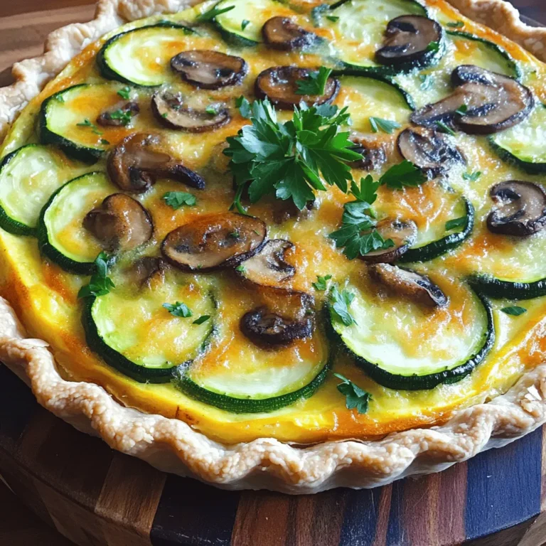 - 1 pre-made pie crust (store-bought or homemade) - 2 medium zucchinis, thinly sliced - 1 cup mushrooms, diced (cremini or button mushrooms work well) - 3 large eggs - 1 cup heavy cream or full-fat coconut milk - 1 cup shredded cheddar cheese (or a mix of your choice) - 1 teaspoon garlic powder - 1 teaspoon dried thyme - Salt and pepper to taste - Fresh herbs or alternative cheeses - Additional vegetables or spices When choosing zucchinis, look for ones that are firm and bright. They should feel heavy for their size. Avoid any that show signs of soft spots or wrinkles. For mushrooms, select ones that are dry and firm. Fresh mushrooms should have a nice, earthy smell. To keep your ingredients fresh, store zucchinis in the fridge. Place them in a plastic bag with holes for air. They can last up to a week this way. Keep mushrooms in their original packaging or a paper bag. Avoid sealing them in plastic, as that traps moisture. Use them within a few days for the best flavor. For the Full Recipe, check the link. Happy cooking! To start, you'll want to sauté the onions and mushrooms. Heat a splash of olive oil in a skillet over medium heat. Once the oil is hot, add the finely chopped onion. Cook it for about 3-4 minutes until it turns translucent. Next, add the diced mushrooms. Cook them for another 5 minutes. They will release moisture and start to brown nicely. Now, it’s time to cook the zucchini and season it. Add the thinly sliced zucchini to the skillet with the onions and mushrooms. Season with garlic powder, dried thyme, salt, and pepper. Stir everything together and let it cook for another 5-7 minutes. You want the zucchini to be tender but not mushy. Once done, take the pan off the heat and let the mixture cool slightly. In a large mixing bowl, crack open the eggs. Whisk them together with the heavy cream until they blend well. This is your rich base for the quiche. Next, mix in the shredded cheese and the sautéed vegetable mixture. Stir until everything is evenly combined. Now, pour the mixture into the pre-made pie crust. Make sure to spread it evenly so every bite is delicious. Preheat your oven to 375°F (190°C) before you bake. Place the quiche in the oven and bake for 30-35 minutes. You’ll know it’s ready when the center is set and the top is lightly golden. After baking, remove the quiche from the oven and let it cool for about 10 minutes. This helps it to set up nicely. Before serving, garnish with freshly chopped parsley for a pop of color and flavor. Enjoy your Zucchini Mushroom Quiche! For the full recipe, check the details below. To get a creamy filling, mix eggs and cream well. You want a nice blend. I often use heavy cream for richness. Coconut milk is a great option too. It makes the quiche dairy-free and adds flavor. To prevent a soggy crust, bake it for a bit first. This is called blind baking. Just pop it in the oven for 10 minutes at 375°F. This helps the crust stay crisp. You can use pie weights or dry beans to hold it down while baking. Garnishing with fresh herbs makes your quiche look pretty. Chopped parsley works great. You can also use chives or dill for a pop of color. For serving, cut the quiche into wedges. Place it on a nice platter. You can also serve it with a simple salad for a fresh touch. One mistake is overcooking the vegetables. This can make them mushy. Cook them just until tender. They will finish cooking in the quiche. Another common mistake is not allowing the quiche to set. After baking, let it cool for 10 minutes. This helps it hold its shape when slicing. Enjoy your perfect Zucchini Mushroom Quiche! For the Full Recipe, check the details above. {{image_2}} You can swap cheeses in this quiche. Try feta or goat cheese for a tangy taste. You can also use mozzarella for a milder flavor. For veggies, bell peppers or spinach add fun colors and tastes. You can even make it vegetarian by skipping meat. If you want some meat, try cooked bacon or diced ham. Both add a nice texture and flavor. Spices can bring new life to your quiche. Add paprika for warmth or cumin for a twist. Fresh herbs like basil or chives work well, too. They add brightness and freshness. If you want to add meat, consider crispy bacon or ham. Both enhance the quiche and make it heartier. Need a gluten-free option? Use a gluten-free crust made from almond flour or oats. This keeps the quiche tasty and safe for those with gluten issues. For dairy-free needs, replace heavy cream with coconut milk or almond milk. Both options keep the quiche creamy without the dairy. After you bake the quiche, let it cool. Wrap it tightly in plastic wrap or foil. Place it in the fridge. This keeps it fresh. Your quiche will last for about 3 to 4 days. If you want to keep it longer, freezing is a great option. You can freeze the quiche before or after baking. If you freeze it before baking, wrap it well. When you are ready, bake it straight from the freezer, adding extra time. If you freeze it after baking, let it cool first. Wrap it tightly. It can last up to 3 months in the freezer. To reheat, take it out of the freezer. Thaw it overnight in the fridge. Then, heat it in the oven at 350°F (175°C) until warm. This keeps the crust nice and crisp. This quiche is great for meal prep. You can slice it into wedges for easy meals. Pair it with a salad for lunch or dinner. To package for freezing, wrap each slice in plastic wrap. Place them in a freezer bag. Label the bag with the date. This makes it easy to grab a slice when you need it. You can enjoy homemade meals all week long! For the full recipe, you can refer back to the main section. You can tell your quiche is done when it is golden on top. The center should be firm, not jiggly. Insert a knife in the center. If it comes out clean, it’s ready. Yes, you can prepare the quiche ahead of time. You can assemble it and store it in the fridge. Just cover it tightly. Bake it the next day when you need it. This quiche pairs well with a fresh salad. You can also serve it with roasted vegetables. A light fruit salad can be a nice touch too. You can find the Full Recipe for Zucchini Mushroom Quiche [here](#). This article covered all you need to make a delicious zucchini mushroom quiche. We explored the must-have ingredients, tips for perfect texture, and common mistakes to avoid. You learned how to prepare, assemble, and bake your quiche. The variations and storage tips will help you customize your dish and keep it fresh. With these steps, your quiche can impress anyone. Enjoy your cooking journey!