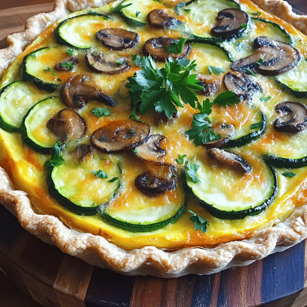 - 1 pre-made pie crust (store-bought or homemade) - 2 medium zucchinis, thinly sliced - 1 cup mushrooms, diced (cremini or button mushrooms work well) - 3 large eggs - 1 cup heavy cream or full-fat coconut milk - 1 cup shredded cheddar cheese (or a mix of your choice) - 1 teaspoon garlic powder - 1 teaspoon dried thyme - Salt and pepper to taste - Fresh herbs or alternative cheeses - Additional vegetables or spices When choosing zucchinis, look for ones that are firm and bright. They should feel heavy for their size. Avoid any that show signs of soft spots or wrinkles. For mushrooms, select ones that are dry and firm. Fresh mushrooms should have a nice, earthy smell. To keep your ingredients fresh, store zucchinis in the fridge. Place them in a plastic bag with holes for air. They can last up to a week this way. Keep mushrooms in their original packaging or a paper bag. Avoid sealing them in plastic, as that traps moisture. Use them within a few days for the best flavor. For the Full Recipe, check the link. Happy cooking! To start, you'll want to sauté the onions and mushrooms. Heat a splash of olive oil in a skillet over medium heat. Once the oil is hot, add the finely chopped onion. Cook it for about 3-4 minutes until it turns translucent. Next, add the diced mushrooms. Cook them for another 5 minutes. They will release moisture and start to brown nicely. Now, it’s time to cook the zucchini and season it. Add the thinly sliced zucchini to the skillet with the onions and mushrooms. Season with garlic powder, dried thyme, salt, and pepper. Stir everything together and let it cook for another 5-7 minutes. You want the zucchini to be tender but not mushy. Once done, take the pan off the heat and let the mixture cool slightly. In a large mixing bowl, crack open the eggs. Whisk them together with the heavy cream until they blend well. This is your rich base for the quiche. Next, mix in the shredded cheese and the sautéed vegetable mixture. Stir until everything is evenly combined. Now, pour the mixture into the pre-made pie crust. Make sure to spread it evenly so every bite is delicious. Preheat your oven to 375°F (190°C) before you bake. Place the quiche in the oven and bake for 30-35 minutes. You’ll know it’s ready when the center is set and the top is lightly golden. After baking, remove the quiche from the oven and let it cool for about 10 minutes. This helps it to set up nicely. Before serving, garnish with freshly chopped parsley for a pop of color and flavor. Enjoy your Zucchini Mushroom Quiche! For the full recipe, check the details below. To get a creamy filling, mix eggs and cream well. You want a nice blend. I often use heavy cream for richness. Coconut milk is a great option too. It makes the quiche dairy-free and adds flavor. To prevent a soggy crust, bake it for a bit first. This is called blind baking. Just pop it in the oven for 10 minutes at 375°F. This helps the crust stay crisp. You can use pie weights or dry beans to hold it down while baking. Garnishing with fresh herbs makes your quiche look pretty. Chopped parsley works great. You can also use chives or dill for a pop of color. For serving, cut the quiche into wedges. Place it on a nice platter. You can also serve it with a simple salad for a fresh touch. One mistake is overcooking the vegetables. This can make them mushy. Cook them just until tender. They will finish cooking in the quiche. Another common mistake is not allowing the quiche to set. After baking, let it cool for 10 minutes. This helps it hold its shape when slicing. Enjoy your perfect Zucchini Mushroom Quiche! For the Full Recipe, check the details above. {{image_2}} You can swap cheeses in this quiche. Try feta or goat cheese for a tangy taste. You can also use mozzarella for a milder flavor. For veggies, bell peppers or spinach add fun colors and tastes. You can even make it vegetarian by skipping meat. If you want some meat, try cooked bacon or diced ham. Both add a nice texture and flavor. Spices can bring new life to your quiche. Add paprika for warmth or cumin for a twist. Fresh herbs like basil or chives work well, too. They add brightness and freshness. If you want to add meat, consider crispy bacon or ham. Both enhance the quiche and make it heartier. Need a gluten-free option? Use a gluten-free crust made from almond flour or oats. This keeps the quiche tasty and safe for those with gluten issues. For dairy-free needs, replace heavy cream with coconut milk or almond milk. Both options keep the quiche creamy without the dairy. After you bake the quiche, let it cool. Wrap it tightly in plastic wrap or foil. Place it in the fridge. This keeps it fresh. Your quiche will last for about 3 to 4 days. If you want to keep it longer, freezing is a great option. You can freeze the quiche before or after baking. If you freeze it before baking, wrap it well. When you are ready, bake it straight from the freezer, adding extra time. If you freeze it after baking, let it cool first. Wrap it tightly. It can last up to 3 months in the freezer. To reheat, take it out of the freezer. Thaw it overnight in the fridge. Then, heat it in the oven at 350°F (175°C) until warm. This keeps the crust nice and crisp. This quiche is great for meal prep. You can slice it into wedges for easy meals. Pair it with a salad for lunch or dinner. To package for freezing, wrap each slice in plastic wrap. Place them in a freezer bag. Label the bag with the date. This makes it easy to grab a slice when you need it. You can enjoy homemade meals all week long! For the full recipe, you can refer back to the main section. You can tell your quiche is done when it is golden on top. The center should be firm, not jiggly. Insert a knife in the center. If it comes out clean, it’s ready. Yes, you can prepare the quiche ahead of time. You can assemble it and store it in the fridge. Just cover it tightly. Bake it the next day when you need it. This quiche pairs well with a fresh salad. You can also serve it with roasted vegetables. A light fruit salad can be a nice touch too. You can find the Full Recipe for Zucchini Mushroom Quiche [here](#). This article covered all you need to make a delicious zucchini mushroom quiche. We explored the must-have ingredients, tips for perfect texture, and common mistakes to avoid. You learned how to prepare, assemble, and bake your quiche. The variations and storage tips will help you customize your dish and keep it fresh. With these steps, your quiche can impress anyone. Enjoy your cooking journey!