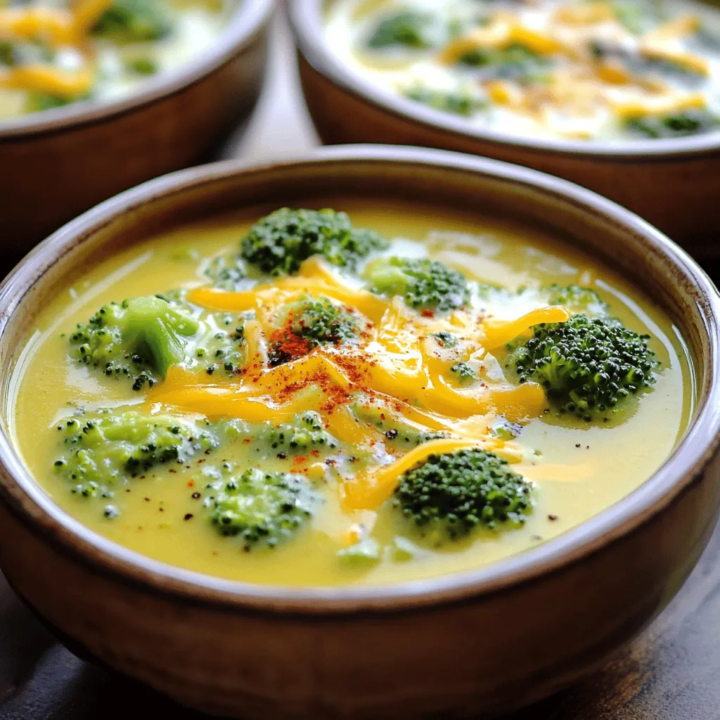 - 4 cups fresh broccoli florets - 1 medium onion, diced - 2 cloves garlic, minced - 3 cups vegetable broth - 1 cup heavy cream - 2 cups sharp cheddar cheese, grated - 1 teaspoon Dijon mustard - 1/2 teaspoon paprika - Salt and pepper to taste - 1 tablespoon olive oil - 2 tablespoons all-purpose flour (optional, for thickness) A typical serving of this soup contains about 350 calories. It provides around 25 grams of fat, 24 grams of carbohydrates, and 12 grams of protein. This makes it a rich and filling meal option. When I craft this soup, I focus on using fresh ingredients. Fresh broccoli adds a bright color and crisp taste. The onion and garlic provide a strong base. Together, these main ingredients create a hearty soup. For extra flavor, I like to add Dijon mustard and paprika. They add depth and warmth to each spoonful. Do not skip salt and pepper; they balance the flavors nicely. Using heavy cream gives the soup a rich texture. If you want a thicker soup, sprinkle in flour. This helps to make it creamy without being too heavy. This soup is not just tasty; it is also good for you. The broccoli is packed with vitamins. The cheese gives you protein. Together, these ingredients make a nutritious and comforting meal. For the full recipe, check out the Cheesy Broccoli Bliss Soup section. Enjoy! - Sauté onion and garlic: Start by heating olive oil in a large pot over medium heat. Add the diced onion. Cook it until it turns soft and clear, about five minutes. Then, add the minced garlic. Stir for one minute until you smell its nice aroma. - Cook broccoli with broth: Next, toss in the fresh broccoli florets. Pour in the vegetable broth. Bring it all to a boil. Once boiling, turn down the heat. Let it simmer for 10 to 15 minutes until the broccoli is soft. - Pureeing the soup using immersion blender: When the broccoli is soft, use an immersion blender to mix the soup until it is smooth. If you like some chunks, blend it less. - Adding cream and cheese gradually: After blending, return the pot to low heat. Slowly stir in the heavy cream. Next, add Dijon mustard and paprika for more flavor. Gradually add the grated cheddar cheese, mixing until it melts well. - Simmer for flavors to meld: Allow the soup to simmer on low heat for another five minutes. This helps all the flavors mix together nicely. - Adjust seasoning as needed: Taste the soup and add salt and pepper if needed. This is your chance to make it just right for your taste. To make your soup creamy without adding too many calories, try using low-fat milk or almond milk. You can also add more vegetables like cauliflower. When you blend these, they add a rich texture. Another option is to use Greek yogurt. This adds creaminess and boosts protein. For a lighter version, swap heavy cream with low-fat cream or milk. You can also reduce the cheese by half and still enjoy great flavor. If you want extra fiber, add chopped spinach or kale. They blend well and make the soup healthier. Serve the soup in warm bowls for a cozy feel. Top it with extra cheese or a few broccoli florets for a nice look. A drizzle of olive oil adds flavor and shine. Freshly ground pepper can enhance the taste. Pair the soup with crusty bread or a fresh salad to complete the meal. For a fun twist, serve with a side of garlic breadsticks. This makes for a lovely dinner experience. For more tips and tricks, check the Full Recipe. {{image_2}} You can switch up the cheese in this soup for fun flavors. Gruyere adds a nutty taste, while Monterey Jack gives a mild creaminess. Feel free to mix cheeses too. A combo of sharp cheddar and Gouda creates a rich, smoky flavor. Experimenting with different cheeses keeps each bowl exciting. Want to boost your veggie intake? Toss in some carrots for a hint of sweetness. Chopped cauliflower works well too, adding a nice texture. You can even add spinach or peas for a pop of color and nutrition. The key is to chop all veggies to a similar size for even cooking. To make this soup gluten-free, simply skip the all-purpose flour. Instead, you can use cornstarch. Mix one tablespoon of cornstarch with two tablespoons of water. Stir it in after blending the soup for thickness. This method keeps the texture creamy without gluten. Enjoy your meal without worries! For more details, check the Full Recipe. To keep your soup fresh, let it cool first. Pour it into an airtight container. Store it in the fridge. It will stay good for about three to four days. If you want to keep it longer, freeze it. Use freezer-safe bags or containers for best results. When you want to eat your soup again, reheat it gently. Use a pot on low heat. Stir often to prevent sticking. You can also use the microwave. Heat in short bursts, stirring in between. This way, you keep the smooth texture. Broccoli cheddar soup lasts three to four days in the fridge. In the freezer, it can last up to three months. Always check for signs of spoilage. If it smells off or looks unusual, it's best to throw it out. Enjoy your Broccoli Cheddar Soup by following the Full Recipe! Yes, you can use frozen broccoli! It is a great option when fresh isn't available. Just remember that frozen broccoli is often blanched, so it cooks faster. You can add it to the pot during the last few minutes of cooking. This helps to keep its bright color and flavor. Absolutely! To make a dairy-free version, swap the heavy cream for coconut milk or almond milk. Use a dairy-free cheese that melts well, like cashew cheese or a store-bought alternative. This keeps the rich taste without the dairy. To cook this soup in a slow cooker, start by sautéing the onion and garlic in olive oil. Then, add all ingredients, including broccoli and broth, to the slow cooker. Cook on low for about 6 hours or high for 3 hours. Blend it before serving for a creamy texture. This soup pairs well with many sides! Here are some tasty options: - Crusty bread for dipping - A fresh garden salad - Grilled cheese sandwiches - Garlic breadsticks These options add flavor and texture to your meal. To make this soup vegan, use vegetable broth, coconut milk, and a plant-based cheese. You can also skip the cheese and add nutritional yeast for a cheesy flavor. This way, you can enjoy a creamy, rich soup that fits a vegan diet. For the Full Recipe, refer to the section above. Broccoli cheddar soup is a comforting dish with simple steps. You need fresh broccoli, cheese, and a mix of spices. We’ve covered ways to adjust creaminess, add veggies, and make it healthier. Storing tips help keep your soup fresh for longer. The variations allow for creativity. Whether you prefer it creamy or lighter, this soup fits your needs. Enjoy this homemade recipe, and get creative with your ingredients. Your kitchen will smell amazing!