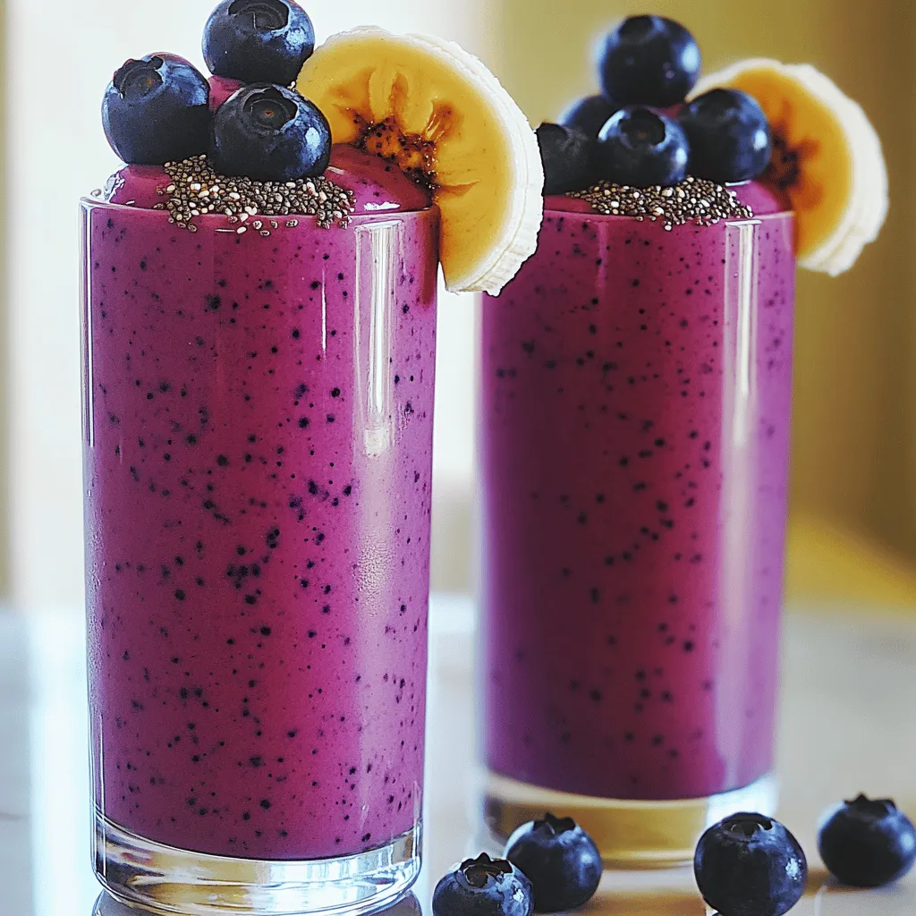 - 1 cup fresh or frozen blueberries - 1 banana, sliced - 1 cup coconut milk - 1/2 cup Greek yogurt - 1 tablespoon honey or maple syrup - 1 tablespoon chia seeds - Ice cubes (if using fresh blueberries) - Additional sweeteners - Flavored extracts (like vanilla) - Spinach or kale for a green smoothie option When I make my blueberry coconut smoothie, I love using ripe, fresh blueberries. They add a rich, sweet flavor and a bright color. If you don’t have fresh berries, frozen ones work just as well. Both options pack the same great taste and nutrition. The banana adds creaminess. It also gives natural sweetness. I always slice it to help it blend smoothly. Coconut milk is my go-to for a tropical twist. It makes the smoothie rich and tasty. I prefer using full-fat coconut milk for a creamier texture. Greek yogurt boosts the protein in the smoothie. It also makes it thick and filling. If you want a vegan option, use dairy-free yogurt. Honey or maple syrup is optional but adds a nice touch of sweetness. I usually start with one tablespoon and adjust to my taste. Chia seeds are a great addition for extra nutrition. They provide fiber and omega-3 fatty acids. If you’re using fresh blueberries, toss in a few ice cubes to keep your smoothie cold and refreshing. Feel free to experiment with optional ingredients! A splash of vanilla extract can enhance the flavor. Adding spinach or kale gives you a green smoothie that’s still delicious. You can customize this smoothie to suit your taste! Check out the Full Recipe to see how to put it all together. To start, gather all your ingredients. If you're using fresh blueberries, rinse them well under cold water. If you pick frozen ones, there’s no need to thaw them. You can add ice cubes to keep your smoothie cold and refreshing. Slice your banana and get your coconut milk and Greek yogurt ready. This simple prep makes blending easier. In the blender, layer your ingredients carefully. Start with the blueberries, then add the banana. Pour in the coconut milk and Greek yogurt next. If you like a touch of sweetness, drizzle in honey or maple syrup. Finally, toss in chia seeds for extra nutrition. Blend everything on high speed for about 30 to 60 seconds until it’s smooth. If your blender gets stuck, pause and scrape down the sides. This ensures a creamy texture. You can taste your smoothie and add more sweetener if you like it sweeter. Blend again quickly. Now, it’s time to serve! Pour the smoothie into tall glasses. To make it look pretty, garnish with a few whole blueberries or a sprinkle of chia seeds. You can also add a slice of banana on the rim for flair. A sprig of mint adds a fresh touch. Enjoy your Blueberry Coconut Smoothie! For the full recipe, check out the details above. To get the right thickness for your blueberry coconut smoothie, use yogurt or milk. If you want it thicker, add more yogurt. For a lighter drink, add more coconut milk. When using fresh blueberries, add ice cubes. This gives your smoothie a nice chill. If you use frozen blueberries, skip the ice. They keep the smoothie cold and thick all on their own. To make your smoothie taste just right, balance sweetness and flavors. Start with one tablespoon of honey or maple syrup. Blend it in and taste. If it needs more sweetness, add a bit more. You can also add protein with Greek yogurt or nut butter. Superfoods like chia seeds boost nutrition. They add fiber and omega-3s, making your smoothie even better. For the best smoothie, use a high-speed blender. These blenders break down fruits and create a smooth texture. Look for a blender with a strong motor. It should blend ice and frozen fruit easily. To keep your blender in good shape, clean it right after use. Rinse it out to avoid stuck food. A little soap and water can help too. Proper care makes your blender last longer, so you can enjoy many smoothies! {{image_2}} You can switch up the berries in your smoothie. Raspberries and strawberries work well. They add a nice tartness and sweetness. You can also use tropical fruits like mango or pineapple. These fruits bring a bright flavor and make the smoothie taste like a vacation. Want a vegan version? Just swap regular yogurt for coconut yogurt. This keeps the creamy texture while keeping it plant-based. If you wish to cut calories, reduce sweeteners. You may not need much if your fruit is ripe and sweet. Adding nut butter can make your smoothie creamier. Almond butter or peanut butter are great choices. They add healthy fats and a nice flavor. Try mixing in cashew butter for a rich taste. Pairing nuts with blueberries enhances the taste, making it even more delicious. For the full recipe, check out Blueberry Coconut Bliss Smoothie. To keep your Blueberry Coconut Smoothie fresh, store it in the fridge. Use a glass or BPA-free plastic container with a lid. This helps keep it cold and tasty. If you want to save it longer, freeze the smoothie. Use ice cube trays for single servings. After they freeze, pop them out and place them in a freezer bag. This way, you can enjoy it later. To make mornings easy, prep your smoothie ingredients ahead of time. Portion out the blueberries, banana, and yogurt in small bags. Keep coconut milk in a carton. In the morning, just grab a bag, add the milk, and blend. You can also prep several bags for the week. This saves time and helps you eat healthy. Many smoothie ingredients are freezer-friendly. Blueberries and bananas freeze well and stay fresh. If you have leftover coconut milk, freeze it in ice cube trays. You can add these cubes to future smoothies. If you have extra yogurt, use it in pancakes or baking. This way, nothing goes to waste, and you can enjoy your ingredients in new ways. To make this smoothie vegan, swap Greek yogurt for dairy-free yogurt. Use coconut yogurt for a creamy texture. For sweetening, maple syrup works well. This keeps your smoothie plant-based and delicious. Yes, you can use frozen bananas! They add a nice creaminess to the smoothie. Frozen fruit makes your drink cold and thick. This is perfect for hot days or when you want a refreshing treat. Blueberries are full of vitamins and antioxidants. They help fight free radicals in your body. Coconut adds healthy fats and fiber. Together, they support heart health and boost your immune system. Enjoying this smoothie is a tasty way to get these benefits! Add protein powder or nut butter to increase fullness. You can also use oats or a scoop of chia seeds. These ingredients add fiber and keep you satisfied longer. This smoothie guide covers everything you need. We explored main ingredients, optional flavors, and how to blend perfectly. I shared tips on texture, flavor, and storage to make your smoothie game strong. Feel free to mix in new fruits or dietary swaps. The possibilities are endless. Remember, a good smoothie supports your health and taste buds. Enjoy crafting your unique blend and savor each sip!