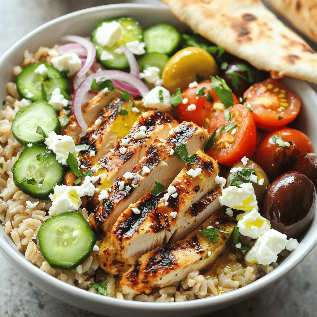 - Chicken breast - Olive oil - Greek yogurt - Lemon juice - Garlic To make Greek Chicken Gyro Bowls, you need quality ingredients. Start with chicken breast. It is lean and juicy when cooked right. Olive oil adds flavor and moisture. Greek yogurt is creamy and tangy, giving your dish a nice twist. Fresh lemon juice brightens the flavors. Garlic brings depth and aroma. - Cucumber - Cherry tomatoes - Red onion - Feta cheese - Kalamata olives Next, choose fresh vegetables and toppings. Cucumber gives a cool crunch. Cherry tomatoes add sweetness and color. Red onion offers a slight bite. Feta cheese is salty and creamy, perfect for balance. Kalamata olives provide a briny touch that completes the dish. - Brown rice or quinoa - Pita bread - Fresh parsley For a filling meal, you can add brown rice or quinoa. They are great for a base. Pita bread can be served on the side for a traditional touch. Fresh parsley adds a pop of color and flavor. For the full recipe, check out the detailed instructions. Enjoy creating this delicious meal! To start, I combine olive oil, Greek yogurt, lemon juice, garlic, oregano, paprika, salt, and pepper. This mix creates a tasty marinade. I then take the sliced chicken and coat it well in the marinade. After that, I cover the bowl and refrigerate it for 30 minutes. This step helps the chicken soak up all the flavors. Next, I preheat my grill or grill pan to medium-high heat. Once it is hot, I place the marinated chicken on the grill. I cook each side for about 5-7 minutes. The chicken should be golden brown and fully cooked when done. I remove the chicken from heat and let it rest for a few minutes before slicing. While the chicken cooks, I prepare the base. I divide cooked rice or quinoa into serving bowls. After that, I layer the sliced chicken on top. I then add diced cucumber, halved cherry tomatoes, thinly sliced red onion, crumbled feta cheese, and Kalamata olives. For extra flavor, I drizzle some olive oil over the top and sprinkle fresh parsley. If you like, warm pita bread on the grill for a few seconds and serve it on the side. For the full recipe, check out the detailed instructions above. Enjoy your delicious Greek Chicken Gyro Bowls! To make your chicken full of flavor, try adding more herbs and spices. Fresh dill or thyme can bring a unique taste. Letting the chicken marinate longer helps too. Aim for at least two hours or even overnight for the best results. The longer it sits, the more flavor it absorbs. Using a meat thermometer is key for perfect chicken. Aim for an internal temp of 165°F. This ensures it’s safe to eat and juicy. After cooking, let the meat rest for about five minutes. Resting helps keep it moist, so every bite is tender and flavorful. Make your gyro bowls pop with color! Arrange ingredients in a rainbow of hues. Place the grilled chicken on top, then add diced cucumber, bright tomatoes, and purple onion. Sprinkle feta cheese for a nice contrast. A well-presented bowl makes the meal more inviting. You can even serve it with warm pita on the side for a charming touch. For the full recipe, check out the details above. {{image_2}} You can switch up the protein in your Greek Chicken Gyro Bowls. Try grilled shrimp or beef for a new twist. Both options cook quickly and add great flavor. If you want a vegetarian dish, use grilled vegetables like zucchini, bell peppers, or eggplant. This keeps the meal fresh and exciting. To boost the taste, add tzatziki sauce. This tangy sauce brings a classic Greek flavor. If you like some heat, throw in jalapeños or other spicy peppers. This adds a nice kick and can elevate your dish. Pair your bowls with a Greek salad. The crisp veggies and feta cheese complement the warm chicken. Roasted vegetables also work well. For a cool touch, serve a yogurt-based dip. It balances the flavors nicely and adds creaminess to your meal. For the full experience, check out the [Full Recipe]. Once you finish your Greek Chicken Gyro Bowls, store the leftovers in airtight containers. This keeps the grilled chicken and vegetables fresh. You can refrigerate them for up to 3 days. If you want to enjoy them later, make sure to cool them down before sealing. This helps lock in the flavors. If you want to save some time later, freeze the marinated chicken before cooking. This keeps the meat juicy and tasty when you are ready to cook. You can also store the rice or quinoa and veggies separately for the best freshness. This way, when you thaw them, they will taste just as good as fresh. To enjoy your leftovers, reheat the chicken in the oven or on the stovetop. This will keep it moist and flavorful. For a quick option, use the microwave to heat your rice or quinoa. Just be careful not to overheat them, as they can dry out. Enjoy your delicious meal again! To make tzatziki sauce, you need a few simple ingredients. Here’s what you’ll need: - 1 cup Greek yogurt - 1 cucumber, grated and drained - 2 cloves garlic, minced - 1 tablespoon olive oil - 1 tablespoon lemon juice - Salt and pepper to taste Start by mixing the Greek yogurt and grated cucumber in a bowl. Then, add the minced garlic, olive oil, and lemon juice. Season with salt and pepper. Stir until all ingredients blend well. This sauce is fresh and tangy. It pairs perfectly with your Greek chicken gyro bowls, adding a creamy touch. Yes, you can prepare Greek Chicken Gyro Bowls ahead. Meal prep makes busy days easier. Here are some tips: - Marinate chicken the night before. This adds flavor and saves time. - Cook your rice or quinoa ahead and store it in the fridge. - Chop vegetables like cucumbers and tomatoes in advance. Keep them in airtight containers. - Assemble bowls when ready to eat. This keeps everything fresh and tasty. These steps help you enjoy a delicious meal without stress. Many sides complement Greek Chicken Gyro Bowls. Here are my favorites: - A Greek salad with feta, olives, and a light dressing enhances the meal. - Roasted vegetables add color and health. Try zucchini or bell peppers. - Serve with warm pita bread for a nice touch. - A yogurt-based dip can be a great addition as well. These sides make your meal complete and enjoyable. They also bring more flavor and texture to your bowl. For the full recipe, check out the detailed steps above. Greek Chicken Gyro Bowls offer a tasty and fresh meal option. We explored key ingredients like chicken, yogurt, and vibrant veggies. I shared how to marinate chicken for juicy flavor and grill it perfectly. Plus, I provided tips for amazing presentation and variations. Don't forget about storing leftovers to enjoy later! Experiment with flavors and make this dish your own. Now, you're ready to create delicious, colorful gyro bowls at home and impress everyone at your table. Enjoy cooking and savor every bite!