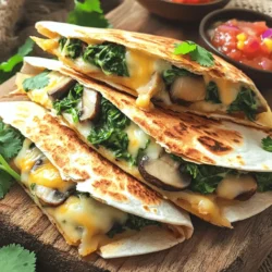 - 2 cups fresh spinach, chopped - 1 cup mushrooms, sliced (button or cremini) - 1 cup shredded Monterey Jack cheese - 1 cup shredded mozzarella cheese - 4 large tortillas (flour or corn) - 1 tablespoon olive oil - 1 small onion, finely chopped - 2 cloves garlic, minced - Salt and pepper to taste - Optional: ½ teaspoon red pepper flakes for heat - Fresh cilantro, for garnish - Large skillet - Griddle or another skillet - Spatula - Knife and cutting board Gathering these ingredients is the first step to making Spinach Mushroom Quesadillas. I love how colorful and fresh these items look together. The spinach brings a vibrant green color, while the mushrooms add a nice earthy tone. Having the right tools makes cooking easier. A large skillet helps cook the filling evenly. A griddle can give the quesadillas a nice, crispy finish. The spatula is key for flipping without causing a mess. A sharp knife and a solid cutting board help with prep work. When you have everything set, you're ready to create a tasty meal. The full recipe will guide you through the simple steps, turning these fresh ingredients into a delightful dish. To start, heat the olive oil in a large skillet over medium heat. Add the finely chopped onion and garlic. Sauté them until they turn translucent, about 3 to 4 minutes. Next, add the sliced mushrooms. Cook them for about 5 minutes until they soften nicely. Once the mushrooms are ready, stir in the chopped spinach. Cook until it wilts, which takes about 2 to 3 minutes. Season the filling with salt, pepper, and red pepper flakes if you like heat. Remove the filling from heat and set it aside. Grab a tortilla and place it on a griddle or another skillet. On one half of the tortilla, layer a mix of Monterey Jack and mozzarella cheese. Then, add a generous spoonful of your spinach and mushroom filling on top. For extra flavor, sprinkle a little more cheese over the filling. Fold the tortilla over to create a half-moon shape, making sure the filling is secure. Now, it’s time to cook! Place the folded tortilla on the skillet. Cook it for about 2 to 3 minutes on each side. You want the tortilla to turn golden brown and the cheese to melt perfectly. Flip it carefully to cook the other side. Repeat this process with the remaining tortillas and filling. Once they are all cooked, slice them into wedges and serve warm. For a tasty touch, garnish with fresh cilantro. For the full recipe, check the recipe section above. To make your quesadillas even better, try different cheeses. I love using a mix of Monterey Jack and mozzarella because they melt nicely. You could also add sharp cheddar for a bolder taste. Don't forget about spices! A pinch of red pepper flakes adds a great kick. You can also try cumin or smoked paprika for different flavors. Getting the right crispiness is key. Heat your skillet to medium-high before adding the quesadillas. This helps the tortilla become golden brown. Cook each side for about 2-3 minutes. If you want it extra crispy, you can brush a little more olive oil on the outside. Dips make a big difference with quesadillas. Salsa and guacamole are classic choices. You can also try sour cream or a yogurt dip for creaminess. For plating, serve the quesadillas on a rustic wooden board. Garnish with fresh cilantro and add a side of colorful salsa. This makes your dish look inviting and fun! For the full recipe, check the earlier section. {{image_2}} You can easily change up the veggies in your quesadillas. Bell peppers or zucchini work great. They add color and crunch, making your meal even more fun. If you want to make this dish vegan, you can use dairy-free cheese. There are many tasty options available now that melt well. This keeps the quesadilla creamy without any dairy. Want to spice things up? Try adding proteins like chicken or shrimp. These ingredients give your quesadillas more substance. They also add great flavor and will fill you up. You can also mix in herbs and spices. Try adding cumin or oregano for extra depth. A squeeze of lime can brighten the whole dish. Pair your quesadillas with a fresh salad. A simple green salad with lemon dressing works well. You can also serve black beans or corn on the side. For drinks, iced tea or a light beer complements this dish nicely. A refreshing drink can enhance your meal and make it even more enjoyable. To keep your Spinach Mushroom Quesadillas fresh, store them in an airtight container. Place a layer of parchment paper between layers to avoid sticking. They will last in the fridge for about three days. If you want to keep them longer, consider freezing. The best way to reheat quesadillas is in a skillet. Heat the skillet over medium heat. Place the quesadilla in the skillet and cook for about 2-3 minutes on each side. This method keeps the quesadilla crispy. If you need a quick option, use the microwave. Heat for 30-60 seconds until warm, but it may lose some crispiness. Yes, you can freeze quesadillas! To freeze, wrap each quesadilla in plastic wrap or foil. Place them in a freezer-safe bag. They can stay frozen for up to three months. To thaw, leave them in the fridge overnight. For a quick method, use the microwave to defrost before reheating in a skillet. To make these quesadillas, start by cooking the filling. Heat olive oil in a skillet. Add chopped onion and garlic, cooking until soft. Then, add sliced mushrooms and cook until they are tender. Next, stir in the chopped spinach and season with salt and pepper. Remove the filling from heat. Now, take a tortilla and sprinkle half with cheese. Add a spoonful of the filling, then more cheese on top. Fold the tortilla in half. Cook it in a skillet until golden brown. Flip it to cook the other side. Slice and serve warm. You can find the Full Recipe for more details. Yes, you can use frozen spinach. It saves time and is convenient. Just make sure to thaw and drain it well. Frozen spinach often holds water, which can make the quesadillas soggy. Fresh spinach has a crunchier texture. Use what you have on hand! These quesadillas pair well with many sides. You can serve them with salsa for a fresh kick. Guacamole adds a creamy texture. A simple salad with avocado is also great. Try adding some chips for extra crunch. Each side adds flavor and fun! Yes, you can easily make gluten-free quesadillas. Use gluten-free tortillas made from corn or other grains. Check the label to ensure they are certified gluten-free. You can also make your own tortillas if you prefer. Just replace regular flour with gluten-free flour in your recipe. Enjoy your tasty meal! Spinach Mushroom Quesadillas are simple to make and packed with flavor. We discussed the ingredients, cooking methods, and helpful tips to enhance your dish. You can mix and match vegetables or try different cheeses for variety. Storing and reheating your quesadillas is easy, ensuring they taste great later. Enjoy this dish alongside your favorite dips or salads for a complete meal. With this guide, you can confidently whip up tasty quesadillas for any occasion. Happy cooking!