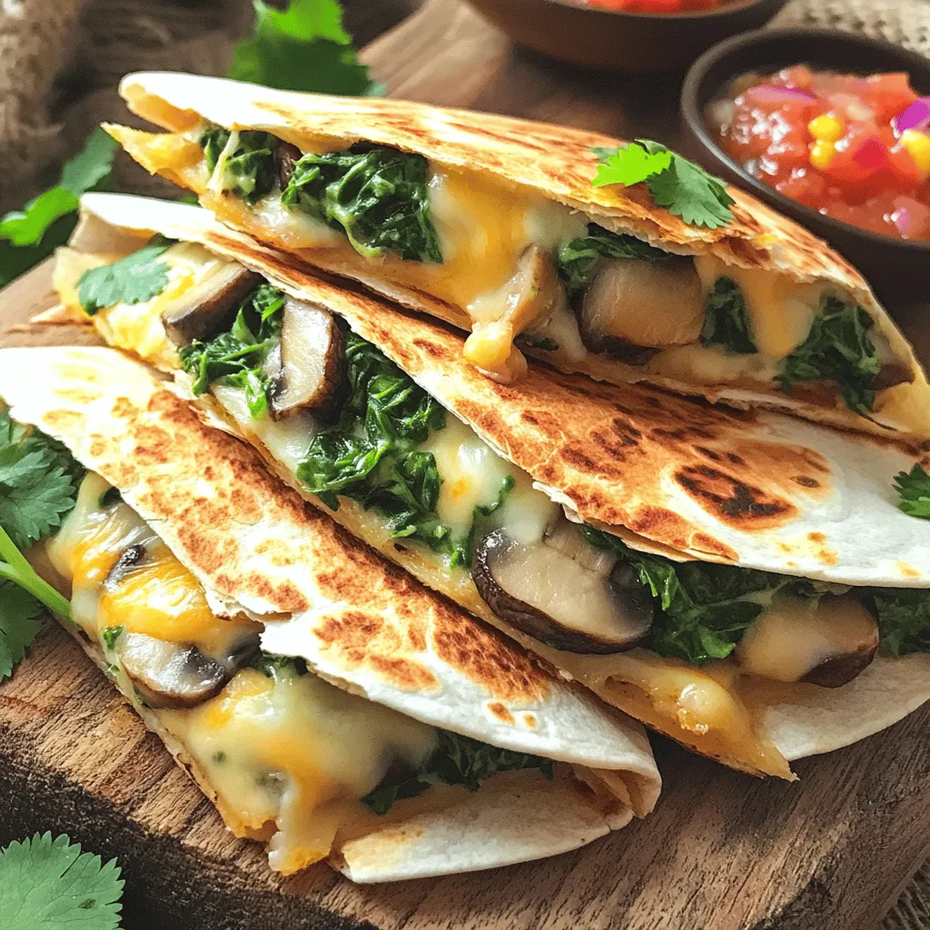 - 2 cups fresh spinach, chopped - 1 cup mushrooms, sliced (button or cremini) - 1 cup shredded Monterey Jack cheese - 1 cup shredded mozzarella cheese - 4 large tortillas (flour or corn) - 1 tablespoon olive oil - 1 small onion, finely chopped - 2 cloves garlic, minced - Salt and pepper to taste - Optional: ½ teaspoon red pepper flakes for heat - Fresh cilantro, for garnish - Large skillet - Griddle or another skillet - Spatula - Knife and cutting board Gathering these ingredients is the first step to making Spinach Mushroom Quesadillas. I love how colorful and fresh these items look together. The spinach brings a vibrant green color, while the mushrooms add a nice earthy tone. Having the right tools makes cooking easier. A large skillet helps cook the filling evenly. A griddle can give the quesadillas a nice, crispy finish. The spatula is key for flipping without causing a mess. A sharp knife and a solid cutting board help with prep work. When you have everything set, you're ready to create a tasty meal. The full recipe will guide you through the simple steps, turning these fresh ingredients into a delightful dish. To start, heat the olive oil in a large skillet over medium heat. Add the finely chopped onion and garlic. Sauté them until they turn translucent, about 3 to 4 minutes. Next, add the sliced mushrooms. Cook them for about 5 minutes until they soften nicely. Once the mushrooms are ready, stir in the chopped spinach. Cook until it wilts, which takes about 2 to 3 minutes. Season the filling with salt, pepper, and red pepper flakes if you like heat. Remove the filling from heat and set it aside. Grab a tortilla and place it on a griddle or another skillet. On one half of the tortilla, layer a mix of Monterey Jack and mozzarella cheese. Then, add a generous spoonful of your spinach and mushroom filling on top. For extra flavor, sprinkle a little more cheese over the filling. Fold the tortilla over to create a half-moon shape, making sure the filling is secure. Now, it’s time to cook! Place the folded tortilla on the skillet. Cook it for about 2 to 3 minutes on each side. You want the tortilla to turn golden brown and the cheese to melt perfectly. Flip it carefully to cook the other side. Repeat this process with the remaining tortillas and filling. Once they are all cooked, slice them into wedges and serve warm. For a tasty touch, garnish with fresh cilantro. For the full recipe, check the recipe section above. To make your quesadillas even better, try different cheeses. I love using a mix of Monterey Jack and mozzarella because they melt nicely. You could also add sharp cheddar for a bolder taste. Don't forget about spices! A pinch of red pepper flakes adds a great kick. You can also try cumin or smoked paprika for different flavors. Getting the right crispiness is key. Heat your skillet to medium-high before adding the quesadillas. This helps the tortilla become golden brown. Cook each side for about 2-3 minutes. If you want it extra crispy, you can brush a little more olive oil on the outside. Dips make a big difference with quesadillas. Salsa and guacamole are classic choices. You can also try sour cream or a yogurt dip for creaminess. For plating, serve the quesadillas on a rustic wooden board. Garnish with fresh cilantro and add a side of colorful salsa. This makes your dish look inviting and fun! For the full recipe, check the earlier section. {{image_2}} You can easily change up the veggies in your quesadillas. Bell peppers or zucchini work great. They add color and crunch, making your meal even more fun. If you want to make this dish vegan, you can use dairy-free cheese. There are many tasty options available now that melt well. This keeps the quesadilla creamy without any dairy. Want to spice things up? Try adding proteins like chicken or shrimp. These ingredients give your quesadillas more substance. They also add great flavor and will fill you up. You can also mix in herbs and spices. Try adding cumin or oregano for extra depth. A squeeze of lime can brighten the whole dish. Pair your quesadillas with a fresh salad. A simple green salad with lemon dressing works well. You can also serve black beans or corn on the side. For drinks, iced tea or a light beer complements this dish nicely. A refreshing drink can enhance your meal and make it even more enjoyable. To keep your Spinach Mushroom Quesadillas fresh, store them in an airtight container. Place a layer of parchment paper between layers to avoid sticking. They will last in the fridge for about three days. If you want to keep them longer, consider freezing. The best way to reheat quesadillas is in a skillet. Heat the skillet over medium heat. Place the quesadilla in the skillet and cook for about 2-3 minutes on each side. This method keeps the quesadilla crispy. If you need a quick option, use the microwave. Heat for 30-60 seconds until warm, but it may lose some crispiness. Yes, you can freeze quesadillas! To freeze, wrap each quesadilla in plastic wrap or foil. Place them in a freezer-safe bag. They can stay frozen for up to three months. To thaw, leave them in the fridge overnight. For a quick method, use the microwave to defrost before reheating in a skillet. To make these quesadillas, start by cooking the filling. Heat olive oil in a skillet. Add chopped onion and garlic, cooking until soft. Then, add sliced mushrooms and cook until they are tender. Next, stir in the chopped spinach and season with salt and pepper. Remove the filling from heat. Now, take a tortilla and sprinkle half with cheese. Add a spoonful of the filling, then more cheese on top. Fold the tortilla in half. Cook it in a skillet until golden brown. Flip it to cook the other side. Slice and serve warm. You can find the Full Recipe for more details. Yes, you can use frozen spinach. It saves time and is convenient. Just make sure to thaw and drain it well. Frozen spinach often holds water, which can make the quesadillas soggy. Fresh spinach has a crunchier texture. Use what you have on hand! These quesadillas pair well with many sides. You can serve them with salsa for a fresh kick. Guacamole adds a creamy texture. A simple salad with avocado is also great. Try adding some chips for extra crunch. Each side adds flavor and fun! Yes, you can easily make gluten-free quesadillas. Use gluten-free tortillas made from corn or other grains. Check the label to ensure they are certified gluten-free. You can also make your own tortillas if you prefer. Just replace regular flour with gluten-free flour in your recipe. Enjoy your tasty meal! Spinach Mushroom Quesadillas are simple to make and packed with flavor. We discussed the ingredients, cooking methods, and helpful tips to enhance your dish. You can mix and match vegetables or try different cheeses for variety. Storing and reheating your quesadillas is easy, ensuring they taste great later. Enjoy this dish alongside your favorite dips or salads for a complete meal. With this guide, you can confidently whip up tasty quesadillas for any occasion. Happy cooking!