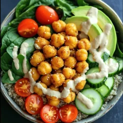 - 1 can (15 oz) chickpeas, drained and rinsed - 2 cups cooked quinoa - 1 cup cherry tomatoes, halved - 1 cucumber, diced - 1 large avocado, sliced - 2 cups spinach or mixed greens - 2 tablespoons olive oil - 1 teaspoon smoked paprika - 1 teaspoon garlic powder - 1 teaspoon ground cumin - Salt and pepper to taste - 1/4 cup tahini - 2 tablespoons lemon juice - 1 tablespoon maple syrup - Water for consistency - Sesame seeds for garnish This recipe creates a vibrant and filling bowl. The chickpeas provide protein and a crunchy texture. The quinoa adds fiber and heartiness. Fresh veggies like cucumber and tomatoes brighten the dish. Avocado offers creaminess, while greens bring nutrients. For the dressing, I use tahini mixed with lemon juice and maple syrup. This adds a tangy and sweet flavor. The spices elevate the dish, giving it warmth and depth. You can find the full recipe above to guide you through making this delicious meal. - Preheat your oven to 425°F (220°C). - In a bowl, toss the drained and rinsed chickpeas with 2 tablespoons of olive oil, 1 teaspoon of smoked paprika, 1 teaspoon of garlic powder, 1 teaspoon of ground cumin, and salt and pepper to taste. - Spread the seasoned chickpeas on a baking sheet in one layer. Bake for 25-30 minutes, shaking the pan halfway through. They should be golden and crispy. - In a mixing bowl, combine 1/4 cup of tahini, 2 tablespoons of lemon juice, and 1 tablespoon of maple syrup. - Whisk these ingredients together. Add water slowly until you reach the desired consistency. - In a bowl, layer 2 cups of cooked quinoa, 2 cups of spinach or mixed greens, 1 cup of halved cherry tomatoes, 1 diced cucumber, and 1 sliced avocado. - Add the crispy chickpeas on top. - Drizzle the tahini dressing generously over each bowl. Finish with sesame seeds for garnish. For the full recipe, check out the details above! Enjoy your delicious and colorful plant-based meal. To get crispy chickpeas, you must bake them at the right temperature. I recommend 425°F (220°C). This high heat helps them crisp up quickly. Spread the chickpeas on the baking sheet in a single layer. This allows hot air to circulate around them. Always drain and rinse your chickpeas well. This step removes excess starch. Pat them dry with a towel. Moisture will prevent crispiness. The drier the chickpeas, the better the crunch! You can mix things up with different dressings. Consider using a zesty vinaigrette or a spicy sriracha sauce. Both add great flavor! Adjust spice levels to fit your taste. If you want more heat, add cayenne pepper or chili flakes. For a milder option, skip the spices or use less. Experiment and find your perfect blend! Store ingredients separately to keep everything fresh. Put the cooked quinoa, chickpeas, and veggies in airtight containers. This way, they won’t get soggy. When reheating leftovers, use the oven for best results. Simply warm the chickpeas and quinoa at 350°F (175°C) for about 10 minutes. This keeps them crispy and delicious! For the full recipe, check out the Crispy Chickpea Buddha Bowl. {{image_2}} For a vegan-friendly Crispy Chickpea Buddha Bowl, you have plenty of choices. Chickpeas are already a great plant-based protein. If you want more, try adding lentils or tofu. Both options blend well with the flavors in this bowl. When it comes to cheese, many dairy-free options work well. Nutritional yeast gives a cheesy flavor without dairy. You could also try vegan feta or cashew cheese. These add creaminess and taste. To keep this bowl gluten-free, check all your ingredients. Chickpeas, vegetables, and quinoa are naturally gluten-free. Make sure your tahini and any spices are free from gluten. If you want to swap grains, try brown rice or millet. Both are excellent alternatives. They add great texture and nutrition to your bowl. Changing your ingredients with the seasons keeps things fresh. In spring, add peas or asparagus for a bright touch. During summer, consider bell peppers or zucchini. These veggies add crunch and flavor. For autumn, try roasted sweet potatoes or Brussels sprouts. They bring warmth and a heartier feel. In winter, add root vegetables like carrots or beets. They are filling and add sweetness. You can also add different proteins to change things up. Grilled tempeh or black beans work well in this bowl. They add variety to your meals. For the full recipe, check the Full Recipe section. To keep your Crispy Chickpea Buddha Bowl fresh, place leftovers in an airtight container. Make sure the bowl cools down before sealing. You can store it in the fridge for up to three days. After that, the flavors may fade, and the chickpeas might lose their crunch. If you want to freeze your Buddha Bowl, it’s best to freeze components separately. You can freeze the chickpeas, quinoa, and veggies in separate bags. They will stay fresh for about three months. When ready to eat, thaw the chickpeas and quinoa in the fridge overnight. To reheat, warm the chickpeas in the oven for ten minutes at 400°F. Heat the quinoa in the microwave or on the stove. To keep your Buddha Bowl fresh longer, layer the ingredients wisely. Place wet items like tomatoes and cucumbers on top of sturdy greens. This helps prevent sogginess. Use glass containers or BPA-free plastic for storage. They seal better and help maintain freshness. To get crispy chickpeas, bake them for 25 to 30 minutes. Preheat your oven to 425°F (220°C). Make sure to shake the pan halfway through to ensure even baking. The chickpeas should be golden and crunchy when done. Yes, you can prepare this Buddha Bowl in advance. Cook the quinoa and bake the chickpeas ahead of time. Store the quinoa and chickpeas in separate containers. Keep the fresh veggies and dressing in the fridge until you're ready to serve. This way, you maintain their freshness and crunch. You can get creative with your toppings! Here are some ideas: - Roasted sweet potatoes for extra sweetness - Sliced bell peppers for a crunchy bite - Pickled red onions for a tangy kick - Fresh herbs like cilantro or parsley for added flavor - Nuts or seeds for extra crunch Feel free to mix and match to suit your taste! For the full recipe, check out the details above. This blog post outlined a delicious Crispy Chickpea Buddha Bowl that is easy to make. We covered the main ingredients, seasonings, and step-by-step instructions for preparation. I shared tips for achieving crispy chickpeas, meal prep ideas, and storage methods. You can customize this bowl to meet dietary needs and seasonal tastes. In summary, this bowl is not only healthy and tasty, but it’s also fun to create. Enjoy mixing flavors and colors to make this dish your own!