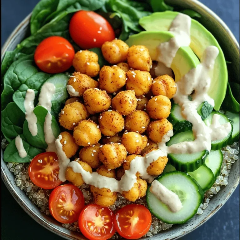 - 1 can (15 oz) chickpeas, drained and rinsed - 2 cups cooked quinoa - 1 cup cherry tomatoes, halved - 1 cucumber, diced - 1 large avocado, sliced - 2 cups spinach or mixed greens - 2 tablespoons olive oil - 1 teaspoon smoked paprika - 1 teaspoon garlic powder - 1 teaspoon ground cumin - Salt and pepper to taste - 1/4 cup tahini - 2 tablespoons lemon juice - 1 tablespoon maple syrup - Water for consistency - Sesame seeds for garnish This recipe creates a vibrant and filling bowl. The chickpeas provide protein and a crunchy texture. The quinoa adds fiber and heartiness. Fresh veggies like cucumber and tomatoes brighten the dish. Avocado offers creaminess, while greens bring nutrients. For the dressing, I use tahini mixed with lemon juice and maple syrup. This adds a tangy and sweet flavor. The spices elevate the dish, giving it warmth and depth. You can find the full recipe above to guide you through making this delicious meal. - Preheat your oven to 425°F (220°C). - In a bowl, toss the drained and rinsed chickpeas with 2 tablespoons of olive oil, 1 teaspoon of smoked paprika, 1 teaspoon of garlic powder, 1 teaspoon of ground cumin, and salt and pepper to taste. - Spread the seasoned chickpeas on a baking sheet in one layer. Bake for 25-30 minutes, shaking the pan halfway through. They should be golden and crispy. - In a mixing bowl, combine 1/4 cup of tahini, 2 tablespoons of lemon juice, and 1 tablespoon of maple syrup. - Whisk these ingredients together. Add water slowly until you reach the desired consistency. - In a bowl, layer 2 cups of cooked quinoa, 2 cups of spinach or mixed greens, 1 cup of halved cherry tomatoes, 1 diced cucumber, and 1 sliced avocado. - Add the crispy chickpeas on top. - Drizzle the tahini dressing generously over each bowl. Finish with sesame seeds for garnish. For the full recipe, check out the details above! Enjoy your delicious and colorful plant-based meal. To get crispy chickpeas, you must bake them at the right temperature. I recommend 425°F (220°C). This high heat helps them crisp up quickly. Spread the chickpeas on the baking sheet in a single layer. This allows hot air to circulate around them. Always drain and rinse your chickpeas well. This step removes excess starch. Pat them dry with a towel. Moisture will prevent crispiness. The drier the chickpeas, the better the crunch! You can mix things up with different dressings. Consider using a zesty vinaigrette or a spicy sriracha sauce. Both add great flavor! Adjust spice levels to fit your taste. If you want more heat, add cayenne pepper or chili flakes. For a milder option, skip the spices or use less. Experiment and find your perfect blend! Store ingredients separately to keep everything fresh. Put the cooked quinoa, chickpeas, and veggies in airtight containers. This way, they won’t get soggy. When reheating leftovers, use the oven for best results. Simply warm the chickpeas and quinoa at 350°F (175°C) for about 10 minutes. This keeps them crispy and delicious! For the full recipe, check out the Crispy Chickpea Buddha Bowl. {{image_2}} For a vegan-friendly Crispy Chickpea Buddha Bowl, you have plenty of choices. Chickpeas are already a great plant-based protein. If you want more, try adding lentils or tofu. Both options blend well with the flavors in this bowl. When it comes to cheese, many dairy-free options work well. Nutritional yeast gives a cheesy flavor without dairy. You could also try vegan feta or cashew cheese. These add creaminess and taste. To keep this bowl gluten-free, check all your ingredients. Chickpeas, vegetables, and quinoa are naturally gluten-free. Make sure your tahini and any spices are free from gluten. If you want to swap grains, try brown rice or millet. Both are excellent alternatives. They add great texture and nutrition to your bowl. Changing your ingredients with the seasons keeps things fresh. In spring, add peas or asparagus for a bright touch. During summer, consider bell peppers or zucchini. These veggies add crunch and flavor. For autumn, try roasted sweet potatoes or Brussels sprouts. They bring warmth and a heartier feel. In winter, add root vegetables like carrots or beets. They are filling and add sweetness. You can also add different proteins to change things up. Grilled tempeh or black beans work well in this bowl. They add variety to your meals. For the full recipe, check the Full Recipe section. To keep your Crispy Chickpea Buddha Bowl fresh, place leftovers in an airtight container. Make sure the bowl cools down before sealing. You can store it in the fridge for up to three days. After that, the flavors may fade, and the chickpeas might lose their crunch. If you want to freeze your Buddha Bowl, it’s best to freeze components separately. You can freeze the chickpeas, quinoa, and veggies in separate bags. They will stay fresh for about three months. When ready to eat, thaw the chickpeas and quinoa in the fridge overnight. To reheat, warm the chickpeas in the oven for ten minutes at 400°F. Heat the quinoa in the microwave or on the stove. To keep your Buddha Bowl fresh longer, layer the ingredients wisely. Place wet items like tomatoes and cucumbers on top of sturdy greens. This helps prevent sogginess. Use glass containers or BPA-free plastic for storage. They seal better and help maintain freshness. To get crispy chickpeas, bake them for 25 to 30 minutes. Preheat your oven to 425°F (220°C). Make sure to shake the pan halfway through to ensure even baking. The chickpeas should be golden and crunchy when done. Yes, you can prepare this Buddha Bowl in advance. Cook the quinoa and bake the chickpeas ahead of time. Store the quinoa and chickpeas in separate containers. Keep the fresh veggies and dressing in the fridge until you're ready to serve. This way, you maintain their freshness and crunch. You can get creative with your toppings! Here are some ideas: - Roasted sweet potatoes for extra sweetness - Sliced bell peppers for a crunchy bite - Pickled red onions for a tangy kick - Fresh herbs like cilantro or parsley for added flavor - Nuts or seeds for extra crunch Feel free to mix and match to suit your taste! For the full recipe, check out the details above. This blog post outlined a delicious Crispy Chickpea Buddha Bowl that is easy to make. We covered the main ingredients, seasonings, and step-by-step instructions for preparation. I shared tips for achieving crispy chickpeas, meal prep ideas, and storage methods. You can customize this bowl to meet dietary needs and seasonal tastes. In summary, this bowl is not only healthy and tasty, but it’s also fun to create. Enjoy mixing flavors and colors to make this dish your own!
