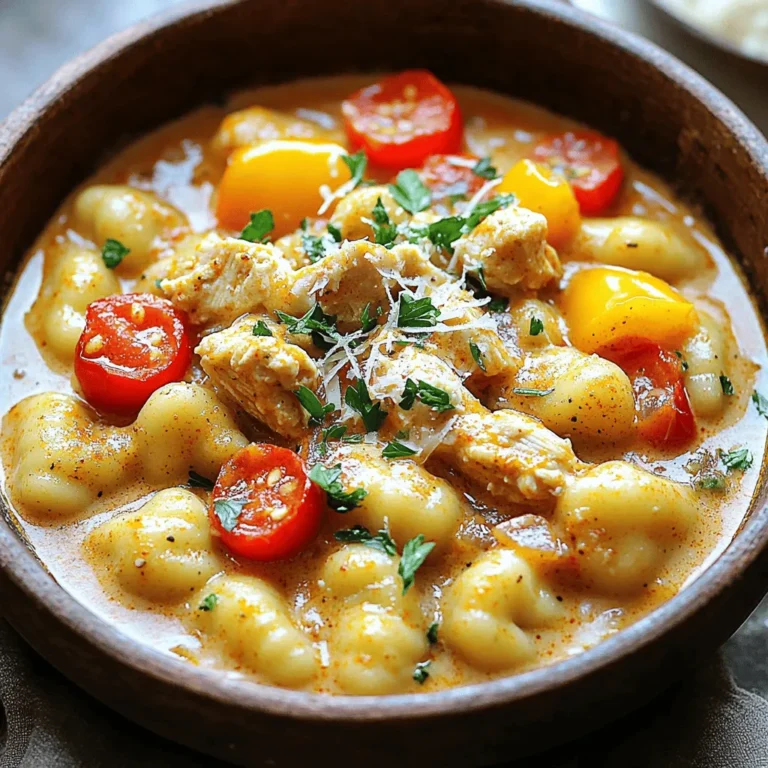 - Gnocchi options: You can use fresh or store-bought gnocchi. Fresh gnocchi is soft and fluffy. Store-bought is quick and easy, perfect for busy days. Both options taste great in this dish. - Chicken preparation: For this recipe, I use two boneless, skinless chicken breasts. Dice them into bite-sized pieces. This helps them cook evenly and absorb Cajun flavor well. - Cajun seasoning details: Cajun seasoning is key to this dish. It adds warmth and spice. You can buy it or make your own. Just mix paprika, cayenne, garlic powder, and oregano for a homemade version. - Types of bell peppers: Use mixed colors for a vibrant look. Red, yellow, and green bell peppers work well. Each adds a unique flavor and crunch to the dish. - Choosing cherry tomatoes: Look for ripe cherry tomatoes. They should be firm and bright in color. Halve them for easy mixing and a burst of flavor when you bite into them. - Heavy cream versus alternatives: Heavy cream gives a rich and creamy sauce. If you want a lighter option, try half-and-half or coconut cream. Both can still add creaminess to your dish. For the complete guide, check the Full Recipe. To cook the gnocchi, start with a large pot of water. Add a good amount of salt. This helps flavor the gnocchi as it cooks. Bring the water to a rolling boil. Once boiling, drop in the gnocchi. They will sink to the bottom at first. In a few minutes, they will float to the top. This means they are done. Use a slotted spoon to remove them from the pot. Drain and set them aside for later. Now, let’s move on to the chicken. First, season the diced chicken breasts with Cajun seasoning, salt, and pepper. This adds great flavor. Heat olive oil in a large skillet over medium-high heat. Add the seasoned chicken to the pan. Cook it for about 6-7 minutes. You want it browned and cooked through. Once done, take the chicken out and set it aside. In the same skillet, add the chopped onion. Cook it for 2-3 minutes until it softens. Then, add the minced garlic and cook for one more minute. Stir it often to avoid burning. Next, toss in the diced bell peppers. Sauté them for about 5 minutes until they are tender. Now, pour in the chicken broth and bring it to a simmer. Reduce the heat and stir in the heavy cream. Let it thicken for about 3-5 minutes. Now, add the cooked chicken back into the skillet. Mix in the halved cherry tomatoes. Stir gently to combine everything. Then, add the cooked gnocchi and grated Parmesan cheese. Mix well so everything is coated in the creamy sauce. Adjust the seasoning with salt and pepper if needed. Cook it for an extra 2 minutes until heated through. Serve hot and top with fresh parsley for a nice touch. For the full recipe, check out the earlier section. - To avoid soggy gnocchi, cook them until they float. This shows they are ready. Drain them well and do not let them sit in water. - For even chicken cooking, cut the chicken into small, equal pieces. This helps them cook at the same rate. Cook them until they are golden brown and no longer pink inside. - You can adjust the Cajun seasoning to match your taste. If you like it spicier, add more. If you prefer a milder dish, use less. - For the cheese, use freshly grated Parmesan. It melts better and adds a richer flavor than pre-grated cheese. - Serve the creamy Cajun chicken gnocchi in shallow bowls. This showcases the colorful ingredients. - Garnish the dish with fresh parsley. It adds a nice pop of color and a fresh taste. You can also add some extra Parmesan on top for a cheesy touch. {{image_2}} You can change the protein in this dish. Shrimp works great instead of chicken. It adds a nice flavor and cooks quickly. If you want a vegetarian option, use tofu. Just make sure to press it first to remove extra water. For vegetables, feel free to swap bell peppers with zucchini or spinach. Both add a fresh taste. You can also use frozen veggies for more convenience. Want more heat? Add some cayenne pepper or red pepper flakes. Start with a small amount and taste as you go. This way, you control the spice level. If you love herbs, try adding thyme or dill for a twist. They add a fresh note that brightens up the dish. If you need gluten-free options, look for gluten-free gnocchi. Many brands offer this. You can also use potato gnocchi, which is naturally gluten-free. For a dairy-free choice, use coconut cream instead of heavy cream. It gives a rich taste without dairy. You can skip the Parmesan or use a dairy-free cheese for more flavor. Remember, these variations keep the dish fun and exciting. Enjoy trying new combinations! For the full recipe, check out the recipe section above. For leftover Creamy Cajun Chicken Gnocchi, store it in an airtight container. Make sure it cools down first. Refrigerate it within two hours of cooking. This keeps it safe to eat. When ready to eat, you can reheat the dish. I suggest using the stovetop for even heating. Stir it often to avoid sticking. If you prefer the microwave, heat it in short bursts. Stir between each burst for best results. Freezing is a great way to save this meal. To freeze, let it cool completely. Then, place it in a freezer-safe container. Be sure to leave some space for expansion as it freezes. It can last up to three months in the freezer. When you want to eat it, thaw it in the fridge overnight. For reheating, use the stovetop again. Add a splash of chicken broth to help it rehydrate. Leftovers last about three to four days in the fridge. If you notice any off smells or mold, it’s best to throw it away. Signs of spoilage include a change in color or texture. Always trust your senses when checking food. Keeping leftovers safe means you can enjoy this tasty meal again! For the full recipe, check the complete details above. Can I use different types of pasta? Yes, you can use other types of pasta. Bowtie, penne, or even fettuccine work well. Just cook them according to the package instructions. Adjust the sauce amounts if needed. How do I make this recipe vegetarian? To make this dish vegetarian, skip the chicken and use mushrooms or tofu instead. You can also add more veggies like zucchini or spinach for extra flavor. What to do if the sauce is too thick or thin? If the sauce is too thick, add a splash of chicken broth or water. Stir well and heat gently. If it’s too thin, let it simmer longer to thicken. How to rescue overcooked chicken? To fix overcooked chicken, shred it into smaller pieces. Mix it with the sauce to keep it moist. You can also add a bit of cream to help. Can I make this ahead of time? Yes, you can prepare this dish ahead of time. Cook the gnocchi and sauce, then mix them just before serving. This keeps everything fresh. What can I add to make it more filling? To make it more filling, add veggies like broccoli or spinach. You can also toss in beans or chickpeas for protein. This blog post covered how to make a delicious gnocchi dish with chicken and Cajun flavors. You learned about the main and additional ingredients, step-by-step cooking instructions, and helpful tips. We also explored variations for different diets and how to store leftovers. Remember, cooking is fun and allows for creativity. Customize the recipe as you like for the best taste and health. Enjoy your cooking journey and share your tasty results!