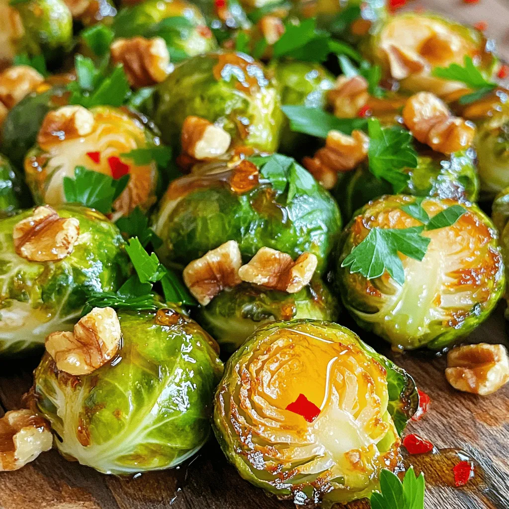 - Brussels Sprouts: Use 1 lb, trimmed and halved. This helps them cook evenly. - Honey: Choose a mild honey, like clover. It adds sweetness and depth. - Garlic: Use 4 cloves, minced. Fresh garlic gives a rich flavor. - Olive Oil: Use 3 tablespoons. Extra virgin adds the best taste. - Balsamic Vinegar: Just 1 teaspoon adds a tangy kick. It balances the sweetness of honey. - Salt and Pepper: Use to taste. They enhance all the other flavors. - Red Pepper Flakes: Optional, but 1/4 teaspoon gives a spicy touch. Adjust based on your taste. - Chopped Nuts: Add 1/4 cup of walnuts or pecans for crunch. They provide healthy fats. - Fresh Herbs: Use chopped parsley for garnish. It adds freshness and color. For the full recipe, check out the [Full Recipe]. To start, you need to trim and halve the Brussels sprouts. This step is key for even cooking. Cut off the tough ends and slice each sprout in half. You want them to be uniform in size. This helps them roast evenly, giving you that nice, crispy texture. Next, mix the honey garlic sauce ingredients. In a small bowl, combine honey, minced garlic, balsamic vinegar, salt, pepper, and red pepper flakes if you like a bit of heat. Whisk it together until smooth. This sauce adds a sweet and savory kick to your sprouts. Now, let’s talk about preheating the oven. Set it to 400°F (200°C). This temperature is perfect for roasting. It caramelizes the sugars, enhancing flavors while keeping the Brussels sprouts tender. When your oven is ready, it’s time to roast the Brussels sprouts. Spread them out on a baking sheet lined with parchment paper. Make sure they are in a single layer. This prevents steaming and helps them get crispy. Roast for about 20-25 minutes. Stir them halfway through to ensure even cooking. For added crunch, toast the nuts during cooking. In the last 5 minutes, sprinkle chopped walnuts or pecans on top of the sprouts. They will toast lightly and add a great texture to your dish. The best way to serve this dish is warm. You can plate the Brussels sprouts as a side dish or even as a main course. Drizzle some extra honey garlic sauce on top for more flavor. Pair these sprouts with roasted chicken or grilled salmon for a complete meal. They also go well with quinoa or rice for a vegetarian option. For more ideas, check out the Full Recipe for inspiration. To ensure even roasting, spread the Brussels sprouts in one layer. This lets hot air circulate and cook them well. Stir them halfway through to brown all sides. For perfect caramelization, use a high oven temperature. Roasting at 400°F (200°C) helps the natural sugars in the sprouts turn golden and sweet. If you want different sweeteners, try maple syrup or agave. Both add a unique flavor that pairs well with Brussels sprouts. For nut allergies, use seeds like pumpkin or sunflower. They give a nice crunch without the risk of allergies. Marinating Brussels sprouts can boost their taste. Let them soak in the honey garlic mixture for 30 minutes before roasting. This helps the flavors soak in deeper. You can also add herbs and spices. Fresh thyme or rosemary can add a nice touch. A sprinkle of lemon zest can brighten the dish too. For the full recipe, check the section above. {{image_2}} For a fresh twist, consider adding seasonal vegetables. You can mix in diced sweet potatoes or carrots. These add flavor and color to your dish. If you want some sweetness, try including fruits. Dried cranberries or chopped apples work well. They bring a nice tartness that balances the honey. If you follow a vegan diet, use maple syrup instead of honey. It gives that sweet kick without any animal products. For those with gluten issues, this recipe is already gluten-free. Just ensure the balsamic vinegar is certified gluten-free. You can switch up your cooking method for Brussels sprouts. Air frying makes them crispy with less oil. Just set your air fryer to 375°F (190°C) and cook for about 15-20 minutes. If you prefer, you can cook them on the stovetop. Just sauté in a pan until tender. Grilling is another fun option. It adds a smoky flavor that enhances the dish. Toss the Brussels sprouts in a grill basket and cook on medium heat for about 10-15 minutes. The char adds a nice touch! These variations keep your Honey Garlic Roasted Brussels Sprouts exciting and fun. Give them a try! For the full recipe, check out the earlier sections. To store leftovers of Honey Garlic Roasted Brussels Sprouts, let them cool first. Place them in an airtight container. This keeps them fresh for about 3 to 4 days in the fridge. I prefer glass containers as they are durable and do not stain. They also allow you to see what’s inside easily. You can freeze Brussels sprouts before or after cooking. If you freeze them raw, blanch them for 3 minutes in boiling water. This helps maintain their color and texture. After blanching, cool them in ice water, then drain and pack in freezer bags. If you freeze them after cooking, make sure they cool completely. Place them in freezer-safe bags and remove as much air as possible. Thaw frozen sprouts overnight in the fridge for the best results. To reheat your Brussels sprouts without losing their crispy texture, use an oven or air fryer. Preheat the oven to 350°F (175°C). Spread the sprouts on a baking sheet and heat for about 10-15 minutes. This keeps them crispy and warm. If using an air fryer, set it to 350°F (175°C) for 5-7 minutes. Stir them halfway through to ensure even heating. Enjoy your leftovers without losing that tasty crunch! Brussels sprouts are tiny powerhouses of nutrition. They are low in calories and packed with vitamins. They provide a good amount of vitamin C, vitamin K, and fiber. These nutrients support your immune system and help with digestion. Brussels sprouts also contain antioxidants. These help fight off harmful free radicals in your body. Eating Brussels sprouts may reduce the risk of chronic diseases. They can also improve heart health by lowering cholesterol levels. Yes, you can prep Brussels sprouts in advance. Trim and halve them a day before. Store them in a sealed container in the fridge. You can also mix the honey garlic sauce ahead of time. Just keep it in the fridge until you are ready to cook. On cooking day, toss the sprouts with the sauce and roast. This makes your meal quick and easy. To add some heat, use red pepper flakes. Just sprinkle them in when mixing the sauce. You can also try adding chili powder or cayenne pepper. For more spice, add a dash of hot sauce before serving. This will give your dish a nice kick and enhance the flavor. Enjoy your spicy twist! Honey Garlic Roasted Brussels Sprouts is a tasty dish. You learned about ingredients, preparation steps, and serving tips. We explored different variations and storage methods. This makes cooking easy and fun. Feel free to tweak the recipe to your liking. Add your favorite spices or nuts. Enjoy the health benefits while savoring every bite. You can impress your friends and family with this delightful dish. Happy cooking!