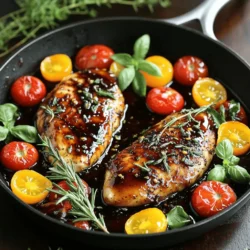 - 4 boneless, skinless chicken breasts - 1/2 cup balsamic vinegar - 1/4 cup honey - 2 tablespoons Dijon mustard - 2 cloves garlic, minced - 1 teaspoon fresh rosemary, chopped - 1 teaspoon fresh thyme leaves - Salt and pepper, to taste - 2 tablespoons olive oil - 1/2 cup cherry tomatoes, halved - Fresh basil for garnish When I make balsamic glazed chicken, I start with the main ingredients. The chicken breasts are the star of the dish. They need to be fresh and of good quality. The balsamic vinegar brings tang, while honey adds sweetness. Dijon mustard gives it a nice bite. Next, I add seasonings and herbs. Minced garlic is a must for flavor. Fresh rosemary and thyme make it aromatic. Salt and pepper will enhance all the tastes. For cooking essentials, I use olive oil. It helps to brown the chicken well. Cherry tomatoes add color and a burst of flavor. Finally, I garnish with fresh basil. It not only looks nice but adds a fresh taste too. This combination makes the dish savory and simple. You can find the full recipe and more details to guide you in your cooking adventure. Start by making the glaze. In a small bowl, whisk together these ingredients: - 1/2 cup balsamic vinegar - 1/4 cup honey - 2 tablespoons Dijon mustard - 2 cloves garlic, minced - 1 teaspoon fresh rosemary, chopped - 1 teaspoon fresh thyme leaves - Salt and pepper to taste Mix it until smooth. Set the glaze aside for now. Next, heat 2 tablespoons of olive oil in a large skillet over medium-high heat. While the oil heats, season 4 boneless, skinless chicken breasts with salt and pepper on both sides. Once the oil is hot, add the chicken to the skillet. Cook for about 5-7 minutes on each side. You want the chicken to turn golden brown and reach an internal temperature of 165°F (75°C). After cooking, remove the chicken from the skillet and set it on a plate. In the same skillet, pour in the balsamic glaze you made earlier. Bring it to a simmer. Let it cook for about 3-4 minutes until it thickens a bit. Then, add 1/2 cup of halved cherry tomatoes to the skillet. Stir them in for another 2 minutes, letting them soften. Return the cooked chicken to the skillet, coating it well with the glaze. Let it simmer for an additional minute. Serve this warm, garnished with fresh basil for a lovely finish. For the full recipe and detailed timing, check the [Full Recipe]. To make your chicken juicy, aim for an internal temperature of 165°F (75°C). Cooking times may vary based on chicken size. Generally, cook 5-7 minutes per side in medium-high heat. This helps achieve a golden-brown crust, sealing in moisture. Always use a meat thermometer for accuracy. To thicken your balsamic glaze, simmer it gently. Cook it for about 3-4 minutes after adding it to the skillet. Watch for bubbles; they show it's thickening. If you want a thicker glaze, let it simmer longer. You can also add a bit of cornstarch mixed with water if needed. If you need alternatives for honey, try maple syrup or agave nectar. Both add sweetness and work well. For Dijon mustard, consider yellow mustard or whole grain mustard. These options keep the flavor but fit different diets. Always taste as you go to find the perfect balance. For the full recipe, check the detailed instructions above. {{image_2}} You can use chicken thighs instead of breasts. Thighs have more fat, which gives them a richer flavor. They take longer to cook, about 10-12 minutes per side. The extra fat helps keep them juicy. Just ensure their internal temperature hits 165°F (75°C). Grilling adds a nice smoky flavor. To make grilled balsamic chicken, marinate the chicken in the balsamic mixture for at least 30 minutes. Preheat your grill to medium-high heat. Grill the chicken for about 6-7 minutes on each side. Brush the chicken with the glaze while it cooks for extra flavor. Adding veggies makes your meal colorful and healthy. You can toss in bell peppers, zucchini, or asparagus. Cook them in the same skillet after the chicken. You can also serve the chicken with a side salad or rice. This way, you create a complete meal that's tasty and satisfying. For a full recipe, check out the detailed instructions above. To store your balsamic glazed chicken properly, first let it cool down. Placing hot food in the fridge can raise the temperature inside. Once cool, use an airtight container. This will keep your chicken fresh for up to three days. Always label your container with the date. This helps you track how long it has been stored. When you're ready to enjoy your leftovers, reheating is key. Place the chicken in a microwave-safe dish. Add a splash of water or extra balsamic sauce to keep it moist. Cover it with a microwave-safe lid or wrap. Heat in the microwave for about two to three minutes. Check that it’s heated through to 165°F (75°C). This method keeps the flavor and texture nice. Freezing is a great option if you want to save your balsamic glazed chicken for later. Start by letting the chicken cool completely. Wrap each piece tightly in plastic wrap. Then place them in a freezer bag, squeezing out as much air as possible. This helps prevent freezer burn. Label the bag with the date and type of dish. You can freeze it for up to three months. When ready to eat, thaw it overnight in the fridge. Then, reheat it using the instructions above to enjoy. For the full recipe, check out the main section! To marinate chicken in balsamic vinegar, mix equal parts of vinegar and oil. You can add honey, garlic, and herbs for extra flavor. Marinate the chicken for at least 30 minutes, but longer is better. For the best taste, aim for 2 to 4 hours. This time allows the chicken to soak up all the tangy goodness. You can even marinate it overnight if you plan ahead. Yes, you can use other meats like pork or beef. Pork tenderloin works well with the balsamic glaze. Just remember to cook it until it reaches a safe internal temperature. You can also use tofu for a plant-based option. Press the tofu first to remove excess moisture. This helps the marinade stick better and adds great flavor. Adjust cooking times based on the meat or tofu type. Balsamic vinegar has several health benefits. It is low in calories and rich in antioxidants. It can aid digestion and help control blood sugar levels. However, it can be high in sugar, so use it in moderation. Always check labels if you buy pre-made balsamic vinegar. Look for ones with fewer additives. Overall, when used wisely, balsamic vinegar can add flavor and health benefits to your meals. You learned how to make delicious balsamic glazed chicken with simple ingredients and steps. I shared tips for cooking, storing leftovers, and even making variations. This dish is easy and fun to prepare. You can impress friends or family with your cooking skills. Enjoy experimenting with flavors and making it your own! I hope these ideas inspire your next meal.