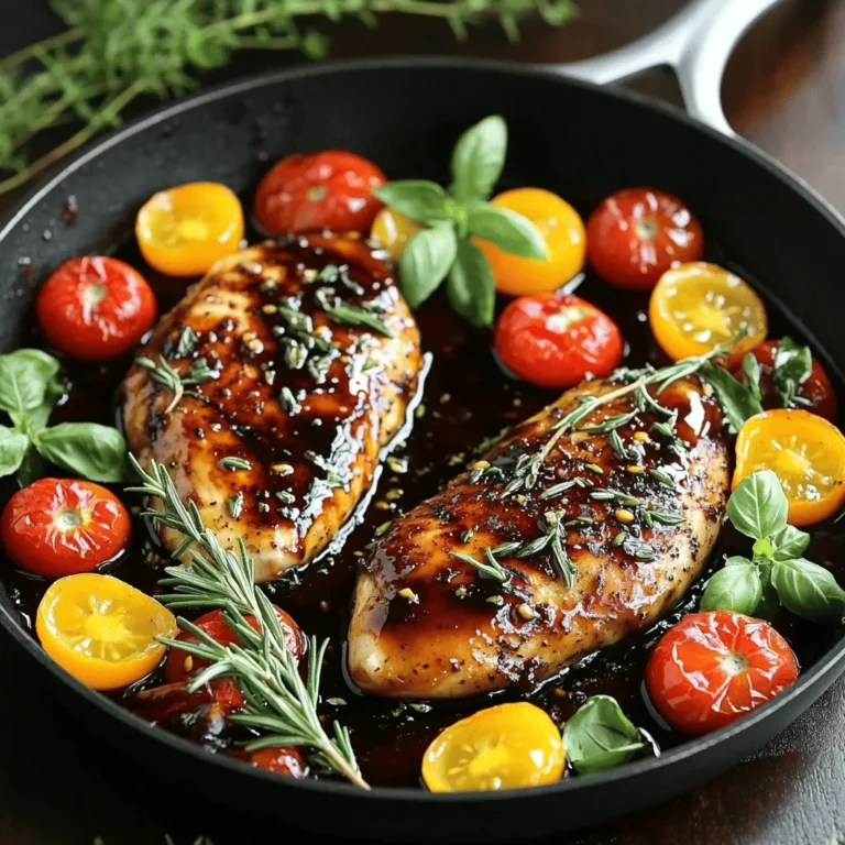 - 4 boneless, skinless chicken breasts - 1/2 cup balsamic vinegar - 1/4 cup honey - 2 tablespoons Dijon mustard - 2 cloves garlic, minced - 1 teaspoon fresh rosemary, chopped - 1 teaspoon fresh thyme leaves - Salt and pepper, to taste - 2 tablespoons olive oil - 1/2 cup cherry tomatoes, halved - Fresh basil for garnish When I make balsamic glazed chicken, I start with the main ingredients. The chicken breasts are the star of the dish. They need to be fresh and of good quality. The balsamic vinegar brings tang, while honey adds sweetness. Dijon mustard gives it a nice bite. Next, I add seasonings and herbs. Minced garlic is a must for flavor. Fresh rosemary and thyme make it aromatic. Salt and pepper will enhance all the tastes. For cooking essentials, I use olive oil. It helps to brown the chicken well. Cherry tomatoes add color and a burst of flavor. Finally, I garnish with fresh basil. It not only looks nice but adds a fresh taste too. This combination makes the dish savory and simple. You can find the full recipe and more details to guide you in your cooking adventure. Start by making the glaze. In a small bowl, whisk together these ingredients: - 1/2 cup balsamic vinegar - 1/4 cup honey - 2 tablespoons Dijon mustard - 2 cloves garlic, minced - 1 teaspoon fresh rosemary, chopped - 1 teaspoon fresh thyme leaves - Salt and pepper to taste Mix it until smooth. Set the glaze aside for now. Next, heat 2 tablespoons of olive oil in a large skillet over medium-high heat. While the oil heats, season 4 boneless, skinless chicken breasts with salt and pepper on both sides. Once the oil is hot, add the chicken to the skillet. Cook for about 5-7 minutes on each side. You want the chicken to turn golden brown and reach an internal temperature of 165°F (75°C). After cooking, remove the chicken from the skillet and set it on a plate. In the same skillet, pour in the balsamic glaze you made earlier. Bring it to a simmer. Let it cook for about 3-4 minutes until it thickens a bit. Then, add 1/2 cup of halved cherry tomatoes to the skillet. Stir them in for another 2 minutes, letting them soften. Return the cooked chicken to the skillet, coating it well with the glaze. Let it simmer for an additional minute. Serve this warm, garnished with fresh basil for a lovely finish. For the full recipe and detailed timing, check the [Full Recipe]. To make your chicken juicy, aim for an internal temperature of 165°F (75°C). Cooking times may vary based on chicken size. Generally, cook 5-7 minutes per side in medium-high heat. This helps achieve a golden-brown crust, sealing in moisture. Always use a meat thermometer for accuracy. To thicken your balsamic glaze, simmer it gently. Cook it for about 3-4 minutes after adding it to the skillet. Watch for bubbles; they show it's thickening. If you want a thicker glaze, let it simmer longer. You can also add a bit of cornstarch mixed with water if needed. If you need alternatives for honey, try maple syrup or agave nectar. Both add sweetness and work well. For Dijon mustard, consider yellow mustard or whole grain mustard. These options keep the flavor but fit different diets. Always taste as you go to find the perfect balance. For the full recipe, check the detailed instructions above. {{image_2}} You can use chicken thighs instead of breasts. Thighs have more fat, which gives them a richer flavor. They take longer to cook, about 10-12 minutes per side. The extra fat helps keep them juicy. Just ensure their internal temperature hits 165°F (75°C). Grilling adds a nice smoky flavor. To make grilled balsamic chicken, marinate the chicken in the balsamic mixture for at least 30 minutes. Preheat your grill to medium-high heat. Grill the chicken for about 6-7 minutes on each side. Brush the chicken with the glaze while it cooks for extra flavor. Adding veggies makes your meal colorful and healthy. You can toss in bell peppers, zucchini, or asparagus. Cook them in the same skillet after the chicken. You can also serve the chicken with a side salad or rice. This way, you create a complete meal that's tasty and satisfying. For a full recipe, check out the detailed instructions above. To store your balsamic glazed chicken properly, first let it cool down. Placing hot food in the fridge can raise the temperature inside. Once cool, use an airtight container. This will keep your chicken fresh for up to three days. Always label your container with the date. This helps you track how long it has been stored. When you're ready to enjoy your leftovers, reheating is key. Place the chicken in a microwave-safe dish. Add a splash of water or extra balsamic sauce to keep it moist. Cover it with a microwave-safe lid or wrap. Heat in the microwave for about two to three minutes. Check that it’s heated through to 165°F (75°C). This method keeps the flavor and texture nice. Freezing is a great option if you want to save your balsamic glazed chicken for later. Start by letting the chicken cool completely. Wrap each piece tightly in plastic wrap. Then place them in a freezer bag, squeezing out as much air as possible. This helps prevent freezer burn. Label the bag with the date and type of dish. You can freeze it for up to three months. When ready to eat, thaw it overnight in the fridge. Then, reheat it using the instructions above to enjoy. For the full recipe, check out the main section! To marinate chicken in balsamic vinegar, mix equal parts of vinegar and oil. You can add honey, garlic, and herbs for extra flavor. Marinate the chicken for at least 30 minutes, but longer is better. For the best taste, aim for 2 to 4 hours. This time allows the chicken to soak up all the tangy goodness. You can even marinate it overnight if you plan ahead. Yes, you can use other meats like pork or beef. Pork tenderloin works well with the balsamic glaze. Just remember to cook it until it reaches a safe internal temperature. You can also use tofu for a plant-based option. Press the tofu first to remove excess moisture. This helps the marinade stick better and adds great flavor. Adjust cooking times based on the meat or tofu type. Balsamic vinegar has several health benefits. It is low in calories and rich in antioxidants. It can aid digestion and help control blood sugar levels. However, it can be high in sugar, so use it in moderation. Always check labels if you buy pre-made balsamic vinegar. Look for ones with fewer additives. Overall, when used wisely, balsamic vinegar can add flavor and health benefits to your meals. You learned how to make delicious balsamic glazed chicken with simple ingredients and steps. I shared tips for cooking, storing leftovers, and even making variations. This dish is easy and fun to prepare. You can impress friends or family with your cooking skills. Enjoy experimenting with flavors and making it your own! I hope these ideas inspire your next meal.