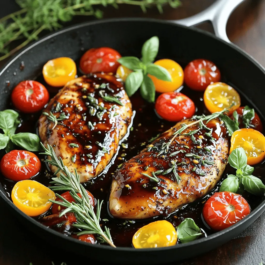 - 4 boneless, skinless chicken breasts - 1/2 cup balsamic vinegar - 1/4 cup honey - 2 tablespoons Dijon mustard - 2 cloves garlic, minced - 1 teaspoon fresh rosemary, chopped - 1 teaspoon fresh thyme leaves - Salt and pepper, to taste - 2 tablespoons olive oil - 1/2 cup cherry tomatoes, halved - Fresh basil for garnish When I make balsamic glazed chicken, I start with the main ingredients. The chicken breasts are the star of the dish. They need to be fresh and of good quality. The balsamic vinegar brings tang, while honey adds sweetness. Dijon mustard gives it a nice bite. Next, I add seasonings and herbs. Minced garlic is a must for flavor. Fresh rosemary and thyme make it aromatic. Salt and pepper will enhance all the tastes. For cooking essentials, I use olive oil. It helps to brown the chicken well. Cherry tomatoes add color and a burst of flavor. Finally, I garnish with fresh basil. It not only looks nice but adds a fresh taste too. This combination makes the dish savory and simple. You can find the full recipe and more details to guide you in your cooking adventure. Start by making the glaze. In a small bowl, whisk together these ingredients: - 1/2 cup balsamic vinegar - 1/4 cup honey - 2 tablespoons Dijon mustard - 2 cloves garlic, minced - 1 teaspoon fresh rosemary, chopped - 1 teaspoon fresh thyme leaves - Salt and pepper to taste Mix it until smooth. Set the glaze aside for now. Next, heat 2 tablespoons of olive oil in a large skillet over medium-high heat. While the oil heats, season 4 boneless, skinless chicken breasts with salt and pepper on both sides. Once the oil is hot, add the chicken to the skillet. Cook for about 5-7 minutes on each side. You want the chicken to turn golden brown and reach an internal temperature of 165°F (75°C). After cooking, remove the chicken from the skillet and set it on a plate. In the same skillet, pour in the balsamic glaze you made earlier. Bring it to a simmer. Let it cook for about 3-4 minutes until it thickens a bit. Then, add 1/2 cup of halved cherry tomatoes to the skillet. Stir them in for another 2 minutes, letting them soften. Return the cooked chicken to the skillet, coating it well with the glaze. Let it simmer for an additional minute. Serve this warm, garnished with fresh basil for a lovely finish. For the full recipe and detailed timing, check the [Full Recipe]. To make your chicken juicy, aim for an internal temperature of 165°F (75°C). Cooking times may vary based on chicken size. Generally, cook 5-7 minutes per side in medium-high heat. This helps achieve a golden-brown crust, sealing in moisture. Always use a meat thermometer for accuracy. To thicken your balsamic glaze, simmer it gently. Cook it for about 3-4 minutes after adding it to the skillet. Watch for bubbles; they show it's thickening. If you want a thicker glaze, let it simmer longer. You can also add a bit of cornstarch mixed with water if needed. If you need alternatives for honey, try maple syrup or agave nectar. Both add sweetness and work well. For Dijon mustard, consider yellow mustard or whole grain mustard. These options keep the flavor but fit different diets. Always taste as you go to find the perfect balance. For the full recipe, check the detailed instructions above. {{image_2}} You can use chicken thighs instead of breasts. Thighs have more fat, which gives them a richer flavor. They take longer to cook, about 10-12 minutes per side. The extra fat helps keep them juicy. Just ensure their internal temperature hits 165°F (75°C). Grilling adds a nice smoky flavor. To make grilled balsamic chicken, marinate the chicken in the balsamic mixture for at least 30 minutes. Preheat your grill to medium-high heat. Grill the chicken for about 6-7 minutes on each side. Brush the chicken with the glaze while it cooks for extra flavor. Adding veggies makes your meal colorful and healthy. You can toss in bell peppers, zucchini, or asparagus. Cook them in the same skillet after the chicken. You can also serve the chicken with a side salad or rice. This way, you create a complete meal that's tasty and satisfying. For a full recipe, check out the detailed instructions above. To store your balsamic glazed chicken properly, first let it cool down. Placing hot food in the fridge can raise the temperature inside. Once cool, use an airtight container. This will keep your chicken fresh for up to three days. Always label your container with the date. This helps you track how long it has been stored. When you're ready to enjoy your leftovers, reheating is key. Place the chicken in a microwave-safe dish. Add a splash of water or extra balsamic sauce to keep it moist. Cover it with a microwave-safe lid or wrap. Heat in the microwave for about two to three minutes. Check that it’s heated through to 165°F (75°C). This method keeps the flavor and texture nice. Freezing is a great option if you want to save your balsamic glazed chicken for later. Start by letting the chicken cool completely. Wrap each piece tightly in plastic wrap. Then place them in a freezer bag, squeezing out as much air as possible. This helps prevent freezer burn. Label the bag with the date and type of dish. You can freeze it for up to three months. When ready to eat, thaw it overnight in the fridge. Then, reheat it using the instructions above to enjoy. For the full recipe, check out the main section! To marinate chicken in balsamic vinegar, mix equal parts of vinegar and oil. You can add honey, garlic, and herbs for extra flavor. Marinate the chicken for at least 30 minutes, but longer is better. For the best taste, aim for 2 to 4 hours. This time allows the chicken to soak up all the tangy goodness. You can even marinate it overnight if you plan ahead. Yes, you can use other meats like pork or beef. Pork tenderloin works well with the balsamic glaze. Just remember to cook it until it reaches a safe internal temperature. You can also use tofu for a plant-based option. Press the tofu first to remove excess moisture. This helps the marinade stick better and adds great flavor. Adjust cooking times based on the meat or tofu type. Balsamic vinegar has several health benefits. It is low in calories and rich in antioxidants. It can aid digestion and help control blood sugar levels. However, it can be high in sugar, so use it in moderation. Always check labels if you buy pre-made balsamic vinegar. Look for ones with fewer additives. Overall, when used wisely, balsamic vinegar can add flavor and health benefits to your meals. You learned how to make delicious balsamic glazed chicken with simple ingredients and steps. I shared tips for cooking, storing leftovers, and even making variations. This dish is easy and fun to prepare. You can impress friends or family with your cooking skills. Enjoy experimenting with flavors and making it your own! I hope these ideas inspire your next meal.