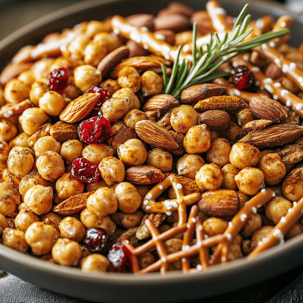 To make a tasty roasted chickpea snack mix, you need a few key items: - 2 cans (15 oz each) chickpeas, drained and rinsed - 2 tablespoons olive oil - 1 teaspoon garlic powder - 1 teaspoon smoked paprika - 1 teaspoon ground cumin - ½ teaspoon cayenne pepper (adjust to taste) - Salt to taste These ingredients create a rich flavor base. The chickpeas provide protein and fiber, while the spices add a warm, savory kick. Olive oil helps to crisp them up nicely in the oven. You can boost the flavor and texture with some fun extras: - 1 cup mixed nuts (almonds, walnuts, pecans) - ½ cup pretzel sticks - ½ cup dried cranberries or raisins - 2 tablespoons honey or maple syrup (optional, for sweetness) These add-ins make your snack mix even more exciting. The nuts add crunch, while the dried fruit brings a touch of sweetness. A drizzle of honey or maple syrup can tie it all together. Each ingredient packs its own benefits: - Chickpeas: Great source of protein and fiber. - Olive Oil: Rich in healthy fats that help heart health. - Garlic Powder: Good for boosting immunity. - Smoked Paprika: Offers antioxidants and a unique taste. - Cumin: Aids digestion and adds warmth. - Cayenne Pepper: Boosts metabolism and adds heat. - Mixed Nuts: Full of vitamins, minerals, and healthy fats. - Pretzel Sticks: Provide a satisfying crunch with fewer calories. - Dried Cranberries/Raisins: Add vitamins and a sweet twist. This snack mix is not just tasty; it's good for you, too! Start with two cans of chickpeas. Drain and rinse them well under cold water. This step helps wash away any canning liquid. After rinsing, pat them dry with a paper towel. Removing moisture is key to getting crispy chickpeas. Place the dried chickpeas in a large bowl. Preheat your oven to 400°F (200°C). While the oven heats, toss the chickpeas in olive oil. Add garlic powder, smoked paprika, ground cumin, cayenne pepper, and salt. Mix well to coat every chickpea evenly. Spread them on a baking sheet in a single layer. Bake for 25-30 minutes, stirring halfway through. Keep a close watch to avoid burning. The goal is golden and crispy chickpeas. While the chickpeas roast, prepare the other snacks. In a large bowl, mix together your choice of nuts and pretzel sticks. If you like a touch of sweetness, drizzle honey or maple syrup over the nuts. Toss everything to coat well. Once the chickpeas finish roasting, let them cool for a few minutes. Add them to the nut and pretzel mix. Fold in dried cranberries or raisins last. Mix gently until all the snacks combine well. Now, your roasted chickpea snack mix is ready to enjoy! For the full recipe, check out the details. To get the best crunch from your chickpeas, start by drying them well. Use paper towels to pat them dry after rinsing. This step removes moisture that can make them soggy. Preheat your oven to 400°F (200°C) and spread the chickpeas in a single layer on the baking sheet. Stir them halfway through cooking to help them crisp evenly. Keep an eye on them, as oven times can vary. Spice is key in making this snack mix exciting. The recipe suggests cayenne pepper, but you can adjust to your taste. If you like it milder, use less cayenne or skip it altogether. For a bolder flavor, add more garlic powder or smoked paprika. Taste as you mix to find your perfect balance of spice. To keep your roasted chickpea snack mix fresh, store it in an airtight container. This will prevent moisture and keep it crunchy. The mix can last up to a week at room temperature. If you want it to last longer, consider freezing it in a sealed bag. Just remember to let it thaw and re-crisp in the oven before enjoying again. {{image_2}} You can mix different spices to change the taste of your snack. Try adding curry powder for a warm, earthy flavor. Or, mix in some Italian herbs like oregano and basil for a fresh twist. I love using lemon zest for a bright, zesty kick. You can also switch between sweet and spicy by adding cinnamon or chili powder. Feel free to experiment! Changing your nuts and dried fruits can create new flavors. Almonds, cashews, and pecans all work well. For dried fruits, try apricots or figs for a sweet touch. Walnuts add a rich flavor, while macadamia nuts bring creaminess. Mixing different textures makes your snack even more fun! You can choose between sweet or savory mixes. For a sweet treat, add a drizzle of honey or maple syrup. Toss in mini chocolate chips or coconut flakes for extra sweetness. For savory, stick with spices like garlic and onion powder. Mixing both can create a unique, balanced snack. Just follow my Full Recipe for a great base and get creative! To keep your roasted chickpeas crisp, store them in an airtight container. I like to use a glass jar with a tight lid. This helps keep air out and maintains their crunch. Always let the chickpeas cool completely before sealing them. Warm moisture can make them soggy. For the best flavor, keep your snack mix in a cool, dry place. Avoid sunlight and heat. If you mix nuts, pretzels, and dried fruit, store them separately. This prevents sogginess in the pretzels and keeps nuts fresh. When ready to eat, combine them again for a tasty snack. If you have leftover roasted chickpeas, you can reheat them. Spread them on a baking sheet and bake at 350°F (175°C) for about 10 minutes. This brings back their crunch. Stir them halfway through to ensure even heating. Enjoy them as a crispy treat any time! Yes, you can use dry chickpeas. However, they need some prep work. First, soak them overnight in water. Then, boil them until they are tender. This will take about an hour. After cooking, drain and rinse them. They will be ready for roasting just like canned chickpeas. Roasted chickpeas are very healthy! They are high in protein and fiber. This makes them a great snack choice. They are also low in fat if you use less oil. Plus, they are packed with vitamins and minerals. Each crunchy bite supports your health goals. When stored properly, your snack mix can last up to one week. Keep it in an airtight container at room temperature. This helps keep the mix crunchy. If you want to keep it longer, you can freeze it. Just remember to let it thaw before enjoying. For the full recipe, check out the earlier section. Roasted chickpea snack mix is tasty and easy to make. We covered essential ingredients, optional add-ins, and their health benefits. You learned how to prepare and roast chickpeas for crunch. Plus, we shared tips for flavor and storage. Try different flavors and nuts for fun variations. Remember to store your snack mix well to keep it fresh. Enjoy creating your own custom mix, and share it with your friends! Healthy snacking never tasted so good.