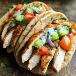 To make easy chicken gyros, you will need: - 2 boneless, skinless chicken breasts - 2 tablespoons olive oil - 2 teaspoons dried oregano - 1 teaspoon garlic powder - 1 teaspoon onion powder - 1 teaspoon paprika - Salt and pepper to taste - 4 whole wheat pita breads - 1 cup Greek yogurt - 1 tablespoon lemon juice - 1 cucumber, finely chopped - 1 small red onion, thinly sliced - 1 medium tomato, diced - Fresh parsley, for garnish You will need a few simple tools: - A mixing bowl for the marinade - A grill or skillet for cooking - A knife and cutting board for slicing - A whisk or spoon for mixing the tzatziki sauce - Serving plates for the gyros You can easily swap out some ingredients: - Use chicken thighs instead of breasts for juicier meat. - Replace Greek yogurt with sour cream if needed. - Try using a different herb like thyme instead of oregano. - You can use store-bought tzatziki sauce to save time. - Whole wheat pita can be switched with regular pita or flatbreads. This recipe is all about fresh flavors and quick cooking. You can find the full recipe for easy chicken gyros in the earlier sections. Enjoy! To start, gather your ingredients and grab a bowl. Mix the olive oil, oregano, garlic powder, onion powder, paprika, salt, and pepper. This blend packs your chicken with flavor. Add the chicken breasts to the bowl. Ensure each piece is coated well in the marinade. Cover the bowl and place it in the fridge. Let it marinate for at least 30 minutes. For even more flavor, leave it for up to 2 hours. Next, preheat your grill or skillet over medium-high heat. It should be hot before you add the chicken. Place the marinated chicken on the grill. Cook for about 6 to 7 minutes on each side. Check the internal temperature; it should reach 165°F (75°C). Once cooked, remove the chicken and let it rest for a few minutes. This helps keep it juicy. After resting, slice the chicken into thin strips. While the chicken rests, it’s time for the tzatziki sauce. In a bowl, combine Greek yogurt, lemon juice, and finely chopped cucumber. Mix everything well. Season it with salt and pepper to taste. This sauce adds a cool touch to the gyros. You can adjust the flavors if needed. Now, it's time to build your gyros! Take a whole wheat pita bread and spread a good amount of tzatziki sauce in the center. Add a layer of sliced chicken on top. Then, sprinkle some red onions and diced tomatoes. Finish it with a bit of fresh parsley for color. Roll up the pita around the filling. You can use parchment paper or foil to keep it together. Serve your chicken gyros right away for the best flavor. Enjoy your homemade meal! For the complete recipe, check out the [Full Recipe]. To cook chicken just right, start by using even-sized pieces. This helps them cook evenly. A meat thermometer is a great tool. Aim for 165°F (75°C) for safety. Let the chicken rest after cooking. This keeps it juicy. Slice it thin for better texture in your gyros. Whole wheat pita bread is a healthy choice. It adds fiber and flavor. You can also choose traditional white pita if you prefer. For a gluten-free option, look for gluten-free pita breads. They taste great and hold the filling well. Store-bought or homemade both work well. Spices make your chicken gyros pop! Use dried oregano for a classic taste. Garlic powder adds depth. Paprika gives a nice color and warmth. Feel free to try new spices too. Cumin or coriander can add a unique twist. Just remember to balance flavors for a tasty dish. For the full recipe, check out the Easy Chicken Gyros. {{image_2}} You can swap chicken for beef or tofu. Beef gives a richer taste. For beef, use thin slices of flank steak. Marinate it just like the chicken. Cook until it's tender. Tofu offers a great vegetarian option. Press it to remove water and cut it into strips. Marinate and grill for a tasty bite. Tzatziki can change based on your tastes. You can add herbs like dill or mint for fresh flavors. For a spicy kick, mix in some chopped jalapeños. Want a creamier sauce? Blend in some avocado. Each mix gives a new twist to your gyros. Serve your gyros with crunchy sides. Greek salad pairs well with the meal. Roasted veggies also add a nice touch. For drinks, try a refreshing lemonade or a light beer. These choices enhance your meal's flavor and make it special. For the full recipe, check out Easy Chicken Gyros ! To store leftover gyros, wrap each one in plastic wrap or foil. Place them in an airtight container. This keeps them fresh for up to three days in the fridge. If you have extra chicken or tzatziki, store them separately. This helps maintain texture and flavor. When you want to enjoy your gyros again, reheat them gently. You can use a skillet over low heat. This warms the gyros without making them soggy. Heat the chicken strips until they are warm. If you prefer, you can microwave them for about 30 seconds. Just be careful not to overheat. If you want to save gyros for later, you can freeze them. Wrap each gyro tightly in plastic wrap. Then place them in a freezer-safe bag. They can last up to two months in the freezer. When you’re ready to eat, thaw them overnight in the fridge. Reheat as mentioned above for the best texture. For more details and tasty steps, check the Full Recipe. To make your chicken gyros tastier, add more spices. You can try cumin or coriander. Marinating longer helps too. Let the chicken sit in the marinade for two hours. This adds great flavor to each bite. Also, fresh herbs like dill or mint can enhance the taste. Just sprinkle them on top before serving. Yes, you can use frozen chicken. Just thaw it first in the fridge overnight. Make sure it is fully defrosted before marinating. If you cook frozen chicken, it may not cook evenly. Always check the internal temperature to ensure it's 165°F (75°C) before serving. Chicken gyros pair well with many sides. You can serve them with Greek salad for freshness. Roasted vegetables also make a great side dish. For a lighter option, try a cucumber salad. Adding pita chips or hummus adds a nice crunch too. You can make tzatziki without yogurt by using avocado or silken tofu. Blend either with lemon juice and cucumber. This gives a creamy texture and fresh taste. Season with salt, pepper, and herbs to your liking. Enjoy this tasty twist on a classic sauce. For the full recipe, check out the Easy Chicken Gyros section above. To sum it up, we covered how to make delicious chicken gyros. We discussed key ingredients, essential tools, and smart substitutions. You learned step-by-step instructions for marinating, cooking, and assembling. Tips helped you cook chicken perfectly, pick the best pita, and enhance flavors. Variations opened up options for proteins and sides. Finally, we shared how to store leftovers and answered common questions. So, you're now ready to create tasty gyros that everyone will enjoy!