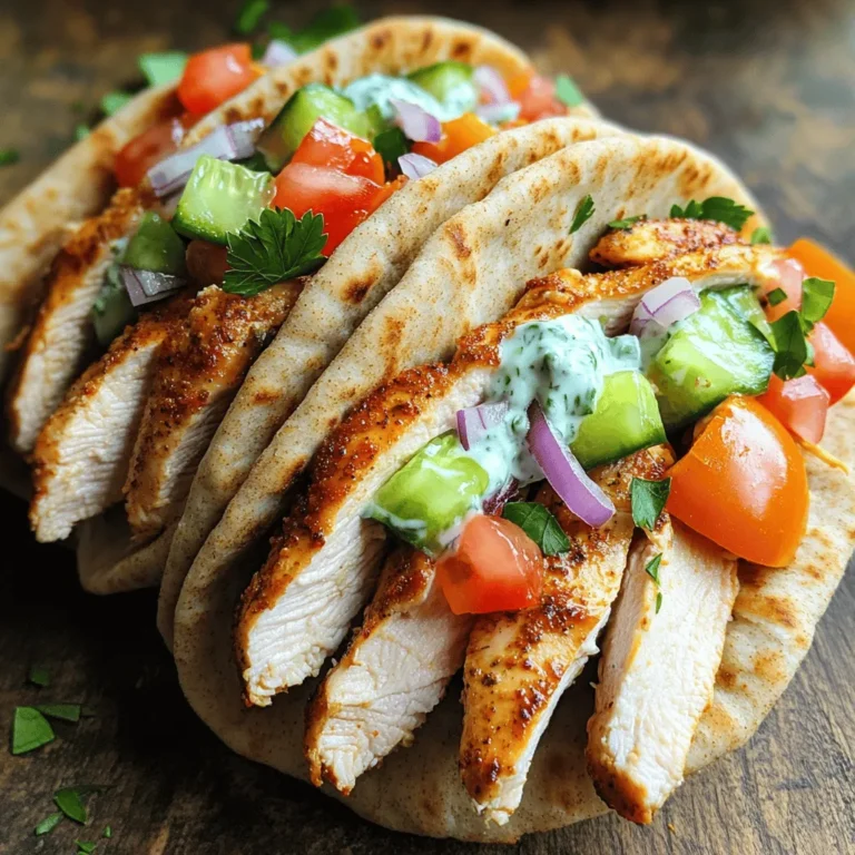 To make easy chicken gyros, you will need: - 2 boneless, skinless chicken breasts - 2 tablespoons olive oil - 2 teaspoons dried oregano - 1 teaspoon garlic powder - 1 teaspoon onion powder - 1 teaspoon paprika - Salt and pepper to taste - 4 whole wheat pita breads - 1 cup Greek yogurt - 1 tablespoon lemon juice - 1 cucumber, finely chopped - 1 small red onion, thinly sliced - 1 medium tomato, diced - Fresh parsley, for garnish You will need a few simple tools: - A mixing bowl for the marinade - A grill or skillet for cooking - A knife and cutting board for slicing - A whisk or spoon for mixing the tzatziki sauce - Serving plates for the gyros You can easily swap out some ingredients: - Use chicken thighs instead of breasts for juicier meat. - Replace Greek yogurt with sour cream if needed. - Try using a different herb like thyme instead of oregano. - You can use store-bought tzatziki sauce to save time. - Whole wheat pita can be switched with regular pita or flatbreads. This recipe is all about fresh flavors and quick cooking. You can find the full recipe for easy chicken gyros in the earlier sections. Enjoy! To start, gather your ingredients and grab a bowl. Mix the olive oil, oregano, garlic powder, onion powder, paprika, salt, and pepper. This blend packs your chicken with flavor. Add the chicken breasts to the bowl. Ensure each piece is coated well in the marinade. Cover the bowl and place it in the fridge. Let it marinate for at least 30 minutes. For even more flavor, leave it for up to 2 hours. Next, preheat your grill or skillet over medium-high heat. It should be hot before you add the chicken. Place the marinated chicken on the grill. Cook for about 6 to 7 minutes on each side. Check the internal temperature; it should reach 165°F (75°C). Once cooked, remove the chicken and let it rest for a few minutes. This helps keep it juicy. After resting, slice the chicken into thin strips. While the chicken rests, it’s time for the tzatziki sauce. In a bowl, combine Greek yogurt, lemon juice, and finely chopped cucumber. Mix everything well. Season it with salt and pepper to taste. This sauce adds a cool touch to the gyros. You can adjust the flavors if needed. Now, it's time to build your gyros! Take a whole wheat pita bread and spread a good amount of tzatziki sauce in the center. Add a layer of sliced chicken on top. Then, sprinkle some red onions and diced tomatoes. Finish it with a bit of fresh parsley for color. Roll up the pita around the filling. You can use parchment paper or foil to keep it together. Serve your chicken gyros right away for the best flavor. Enjoy your homemade meal! For the complete recipe, check out the [Full Recipe]. To cook chicken just right, start by using even-sized pieces. This helps them cook evenly. A meat thermometer is a great tool. Aim for 165°F (75°C) for safety. Let the chicken rest after cooking. This keeps it juicy. Slice it thin for better texture in your gyros. Whole wheat pita bread is a healthy choice. It adds fiber and flavor. You can also choose traditional white pita if you prefer. For a gluten-free option, look for gluten-free pita breads. They taste great and hold the filling well. Store-bought or homemade both work well. Spices make your chicken gyros pop! Use dried oregano for a classic taste. Garlic powder adds depth. Paprika gives a nice color and warmth. Feel free to try new spices too. Cumin or coriander can add a unique twist. Just remember to balance flavors for a tasty dish. For the full recipe, check out the Easy Chicken Gyros. {{image_2}} You can swap chicken for beef or tofu. Beef gives a richer taste. For beef, use thin slices of flank steak. Marinate it just like the chicken. Cook until it's tender. Tofu offers a great vegetarian option. Press it to remove water and cut it into strips. Marinate and grill for a tasty bite. Tzatziki can change based on your tastes. You can add herbs like dill or mint for fresh flavors. For a spicy kick, mix in some chopped jalapeños. Want a creamier sauce? Blend in some avocado. Each mix gives a new twist to your gyros. Serve your gyros with crunchy sides. Greek salad pairs well with the meal. Roasted veggies also add a nice touch. For drinks, try a refreshing lemonade or a light beer. These choices enhance your meal's flavor and make it special. For the full recipe, check out Easy Chicken Gyros ! To store leftover gyros, wrap each one in plastic wrap or foil. Place them in an airtight container. This keeps them fresh for up to three days in the fridge. If you have extra chicken or tzatziki, store them separately. This helps maintain texture and flavor. When you want to enjoy your gyros again, reheat them gently. You can use a skillet over low heat. This warms the gyros without making them soggy. Heat the chicken strips until they are warm. If you prefer, you can microwave them for about 30 seconds. Just be careful not to overheat. If you want to save gyros for later, you can freeze them. Wrap each gyro tightly in plastic wrap. Then place them in a freezer-safe bag. They can last up to two months in the freezer. When you’re ready to eat, thaw them overnight in the fridge. Reheat as mentioned above for the best texture. For more details and tasty steps, check the Full Recipe. To make your chicken gyros tastier, add more spices. You can try cumin or coriander. Marinating longer helps too. Let the chicken sit in the marinade for two hours. This adds great flavor to each bite. Also, fresh herbs like dill or mint can enhance the taste. Just sprinkle them on top before serving. Yes, you can use frozen chicken. Just thaw it first in the fridge overnight. Make sure it is fully defrosted before marinating. If you cook frozen chicken, it may not cook evenly. Always check the internal temperature to ensure it's 165°F (75°C) before serving. Chicken gyros pair well with many sides. You can serve them with Greek salad for freshness. Roasted vegetables also make a great side dish. For a lighter option, try a cucumber salad. Adding pita chips or hummus adds a nice crunch too. You can make tzatziki without yogurt by using avocado or silken tofu. Blend either with lemon juice and cucumber. This gives a creamy texture and fresh taste. Season with salt, pepper, and herbs to your liking. Enjoy this tasty twist on a classic sauce. For the full recipe, check out the Easy Chicken Gyros section above. To sum it up, we covered how to make delicious chicken gyros. We discussed key ingredients, essential tools, and smart substitutions. You learned step-by-step instructions for marinating, cooking, and assembling. Tips helped you cook chicken perfectly, pick the best pita, and enhance flavors. Variations opened up options for proteins and sides. Finally, we shared how to store leftovers and answered common questions. So, you're now ready to create tasty gyros that everyone will enjoy!