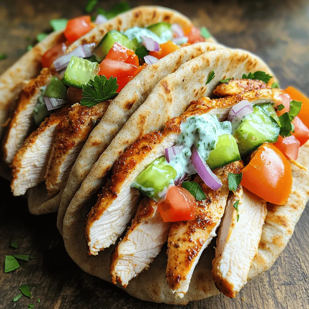 To make easy chicken gyros, you will need: - 2 boneless, skinless chicken breasts - 2 tablespoons olive oil - 2 teaspoons dried oregano - 1 teaspoon garlic powder - 1 teaspoon onion powder - 1 teaspoon paprika - Salt and pepper to taste - 4 whole wheat pita breads - 1 cup Greek yogurt - 1 tablespoon lemon juice - 1 cucumber, finely chopped - 1 small red onion, thinly sliced - 1 medium tomato, diced - Fresh parsley, for garnish You will need a few simple tools: - A mixing bowl for the marinade - A grill or skillet for cooking - A knife and cutting board for slicing - A whisk or spoon for mixing the tzatziki sauce - Serving plates for the gyros You can easily swap out some ingredients: - Use chicken thighs instead of breasts for juicier meat. - Replace Greek yogurt with sour cream if needed. - Try using a different herb like thyme instead of oregano. - You can use store-bought tzatziki sauce to save time. - Whole wheat pita can be switched with regular pita or flatbreads. This recipe is all about fresh flavors and quick cooking. You can find the full recipe for easy chicken gyros in the earlier sections. Enjoy! To start, gather your ingredients and grab a bowl. Mix the olive oil, oregano, garlic powder, onion powder, paprika, salt, and pepper. This blend packs your chicken with flavor. Add the chicken breasts to the bowl. Ensure each piece is coated well in the marinade. Cover the bowl and place it in the fridge. Let it marinate for at least 30 minutes. For even more flavor, leave it for up to 2 hours. Next, preheat your grill or skillet over medium-high heat. It should be hot before you add the chicken. Place the marinated chicken on the grill. Cook for about 6 to 7 minutes on each side. Check the internal temperature; it should reach 165°F (75°C). Once cooked, remove the chicken and let it rest for a few minutes. This helps keep it juicy. After resting, slice the chicken into thin strips. While the chicken rests, it’s time for the tzatziki sauce. In a bowl, combine Greek yogurt, lemon juice, and finely chopped cucumber. Mix everything well. Season it with salt and pepper to taste. This sauce adds a cool touch to the gyros. You can adjust the flavors if needed. Now, it's time to build your gyros! Take a whole wheat pita bread and spread a good amount of tzatziki sauce in the center. Add a layer of sliced chicken on top. Then, sprinkle some red onions and diced tomatoes. Finish it with a bit of fresh parsley for color. Roll up the pita around the filling. You can use parchment paper or foil to keep it together. Serve your chicken gyros right away for the best flavor. Enjoy your homemade meal! For the complete recipe, check out the [Full Recipe]. To cook chicken just right, start by using even-sized pieces. This helps them cook evenly. A meat thermometer is a great tool. Aim for 165°F (75°C) for safety. Let the chicken rest after cooking. This keeps it juicy. Slice it thin for better texture in your gyros. Whole wheat pita bread is a healthy choice. It adds fiber and flavor. You can also choose traditional white pita if you prefer. For a gluten-free option, look for gluten-free pita breads. They taste great and hold the filling well. Store-bought or homemade both work well. Spices make your chicken gyros pop! Use dried oregano for a classic taste. Garlic powder adds depth. Paprika gives a nice color and warmth. Feel free to try new spices too. Cumin or coriander can add a unique twist. Just remember to balance flavors for a tasty dish. For the full recipe, check out the Easy Chicken Gyros. {{image_2}} You can swap chicken for beef or tofu. Beef gives a richer taste. For beef, use thin slices of flank steak. Marinate it just like the chicken. Cook until it's tender. Tofu offers a great vegetarian option. Press it to remove water and cut it into strips. Marinate and grill for a tasty bite. Tzatziki can change based on your tastes. You can add herbs like dill or mint for fresh flavors. For a spicy kick, mix in some chopped jalapeños. Want a creamier sauce? Blend in some avocado. Each mix gives a new twist to your gyros. Serve your gyros with crunchy sides. Greek salad pairs well with the meal. Roasted veggies also add a nice touch. For drinks, try a refreshing lemonade or a light beer. These choices enhance your meal's flavor and make it special. For the full recipe, check out Easy Chicken Gyros ! To store leftover gyros, wrap each one in plastic wrap or foil. Place them in an airtight container. This keeps them fresh for up to three days in the fridge. If you have extra chicken or tzatziki, store them separately. This helps maintain texture and flavor. When you want to enjoy your gyros again, reheat them gently. You can use a skillet over low heat. This warms the gyros without making them soggy. Heat the chicken strips until they are warm. If you prefer, you can microwave them for about 30 seconds. Just be careful not to overheat. If you want to save gyros for later, you can freeze them. Wrap each gyro tightly in plastic wrap. Then place them in a freezer-safe bag. They can last up to two months in the freezer. When you’re ready to eat, thaw them overnight in the fridge. Reheat as mentioned above for the best texture. For more details and tasty steps, check the Full Recipe. To make your chicken gyros tastier, add more spices. You can try cumin or coriander. Marinating longer helps too. Let the chicken sit in the marinade for two hours. This adds great flavor to each bite. Also, fresh herbs like dill or mint can enhance the taste. Just sprinkle them on top before serving. Yes, you can use frozen chicken. Just thaw it first in the fridge overnight. Make sure it is fully defrosted before marinating. If you cook frozen chicken, it may not cook evenly. Always check the internal temperature to ensure it's 165°F (75°C) before serving. Chicken gyros pair well with many sides. You can serve them with Greek salad for freshness. Roasted vegetables also make a great side dish. For a lighter option, try a cucumber salad. Adding pita chips or hummus adds a nice crunch too. You can make tzatziki without yogurt by using avocado or silken tofu. Blend either with lemon juice and cucumber. This gives a creamy texture and fresh taste. Season with salt, pepper, and herbs to your liking. Enjoy this tasty twist on a classic sauce. For the full recipe, check out the Easy Chicken Gyros section above. To sum it up, we covered how to make delicious chicken gyros. We discussed key ingredients, essential tools, and smart substitutions. You learned step-by-step instructions for marinating, cooking, and assembling. Tips helped you cook chicken perfectly, pick the best pita, and enhance flavors. Variations opened up options for proteins and sides. Finally, we shared how to store leftovers and answered common questions. So, you're now ready to create tasty gyros that everyone will enjoy!
