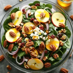 - 4 cups fresh baby spinach - 1 large apple (any sweet variety), thinly sliced - 1/2 cup pecans, toasted - 1/4 cup red onion, thinly sliced - 1/4 cup dried cranberries - 1/2 cup feta cheese, crumbled - 3 tablespoons olive oil - 2 tablespoons apple cider vinegar - 1 tablespoon honey - Salt and pepper to taste In this salad, the fresh ingredients bring a bright crunch. The spinach forms a great base. Use baby spinach for a tender texture. Pick a sweet apple like Fuji or Honeycrisp. These apples add a nice balance to the salad. Thinly slice the apple for easy bites. The pecans add crunch and a nutty flavor. Toasting them enhances their taste. Red onion gives a sharp kick that contrasts well with the sweetness. For dried ingredients, cranberries add a sweet and tart burst. They also add a lovely pop of color. Feta cheese adds creaminess and a salty flavor. It pairs nicely with the other ingredients. As for the dressing, use good quality olive oil. It gives the salad a rich flavor. Apple cider vinegar adds tanginess. Honey balances the acidity with sweetness. Finally, season with salt and pepper to taste. Using these fresh and dried ingredients creates a salad that is both nutritious and delicious. You can find the full recipe to guide you through making this delightful dish. Start toasting the pecans in a dry skillet over medium heat. Stir frequently for 3-5 minutes until they turn golden and fragrant. This step adds a lovely crunch and depth of flavor to your salad. In a large salad bowl, combine 4 cups of fresh baby spinach, one large thinly sliced apple, 1/2 cup of toasted pecans, 1/4 cup of thinly sliced red onion, 1/4 cup of dried cranberries, and 1/2 cup of crumbled feta cheese. This mix of ingredients creates a beautiful color palette and a variety of textures. In a separate bowl, whisk together 3 tablespoons of olive oil, 2 tablespoons of apple cider vinegar, 1 tablespoon of honey, and a pinch of salt and pepper. This dressing ties all the flavors together, adding a sweet and tangy kick. Drizzle the dressing over the salad and gently toss to combine all the ingredients. Ensure everything is coated evenly for the best taste. You can taste and adjust seasoning if needed. Adding a bit more salt, pepper, or honey can enhance the flavor. Enjoy this fresh and flavorful delight! For the full recipe, refer to the earlier section. Toasting pecans adds a nice crunch. Use a dry skillet over medium heat. Stir constantly to avoid burning. When they turn golden and smell good, take them off the heat. This step makes your salad tasty! You can adjust the taste of your salad. Add more salt if you like it savory. If you want it sweeter, drizzle in more honey. Taste as you go to find what you enjoy most. This way, your salad is just right for you. Make your salad look fancy! Garnish it with extra pecans and apple slices. This adds color and style. A sprinkle of feta on top makes it even better. A beautiful salad is always more fun to eat! If you want the full recipe, check it out! {{image_2}} You can easily boost your salad with protein. Grilled chicken adds a hearty touch. It pairs well with the sweet apples. Chickpeas are a great plant-based option too. They add texture and nutrition. Just toss them in along with the other ingredients. Switching up the cheese can change the salad's taste. Try goat cheese for a tangy flavor. Blue cheese brings a bold taste that many love. Both options add creaminess and depth. Feel free to be creative and use what you enjoy. You can mix in different fruits based on the season. Pears lend a soft sweetness. Mandarin oranges add a burst of juice. Berries bring a tart flavor that contrasts nicely. Each fruit option can make your salad unique and exciting. Experiment with what you have on hand for a fresh twist. After enjoying your Apple Pecan Spinach Salad, store any leftovers in an airtight container. This way, they stay fresh for up to 2 days. To keep your salad crisp, always store the dressing separately. Mix it in just before serving. This tip helps maintain the salad's wonderful texture. I do not recommend freezing this salad. Freezing changes the texture. The salad tastes best when it's fresh, so enjoy it right away! Leftovers can be stored for up to 2 days in the fridge. I recommend using an airtight container. This keeps the salad fresh and crisp. After two days, the spinach may wilt and lose its flavor. It’s best to prepare close to serving time, but you can chop ingredients ahead. For example, slice your apples and onions a few hours before. Just remember to keep them in water with lemon juice. This will help them stay bright and crisp until you mix them in the salad. Sweet varieties like Fuji, Honeycrisp, or Gala work best. These apples give a nice crunch and balance the salad's flavors. Their sweetness pairs well with the feta cheese and tangy dressing. If you like a bit of tartness, try a Granny Smith apple; just adjust the honey in the dressing! For the full recipe, check out the Apple Pecan Spinach Salad section above. This salad combines fresh spinach, sweet apples, crunchy pecans, and feta. I shared tips for the perfect toasted pecans and tasty dressing. You can easily add protein or different cheeses for variety. Remember to store leftover salad correctly for freshness. Enjoy this simple, tasty dish that’s sure to impress. Try it and make it your own!