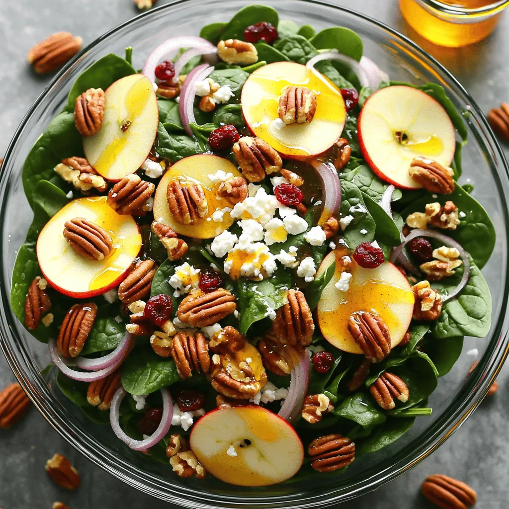 - 4 cups fresh baby spinach - 1 large apple (any sweet variety), thinly sliced - 1/2 cup pecans, toasted - 1/4 cup red onion, thinly sliced - 1/4 cup dried cranberries - 1/2 cup feta cheese, crumbled - 3 tablespoons olive oil - 2 tablespoons apple cider vinegar - 1 tablespoon honey - Salt and pepper to taste In this salad, the fresh ingredients bring a bright crunch. The spinach forms a great base. Use baby spinach for a tender texture. Pick a sweet apple like Fuji or Honeycrisp. These apples add a nice balance to the salad. Thinly slice the apple for easy bites. The pecans add crunch and a nutty flavor. Toasting them enhances their taste. Red onion gives a sharp kick that contrasts well with the sweetness. For dried ingredients, cranberries add a sweet and tart burst. They also add a lovely pop of color. Feta cheese adds creaminess and a salty flavor. It pairs nicely with the other ingredients. As for the dressing, use good quality olive oil. It gives the salad a rich flavor. Apple cider vinegar adds tanginess. Honey balances the acidity with sweetness. Finally, season with salt and pepper to taste. Using these fresh and dried ingredients creates a salad that is both nutritious and delicious. You can find the full recipe to guide you through making this delightful dish. Start toasting the pecans in a dry skillet over medium heat. Stir frequently for 3-5 minutes until they turn golden and fragrant. This step adds a lovely crunch and depth of flavor to your salad. In a large salad bowl, combine 4 cups of fresh baby spinach, one large thinly sliced apple, 1/2 cup of toasted pecans, 1/4 cup of thinly sliced red onion, 1/4 cup of dried cranberries, and 1/2 cup of crumbled feta cheese. This mix of ingredients creates a beautiful color palette and a variety of textures. In a separate bowl, whisk together 3 tablespoons of olive oil, 2 tablespoons of apple cider vinegar, 1 tablespoon of honey, and a pinch of salt and pepper. This dressing ties all the flavors together, adding a sweet and tangy kick. Drizzle the dressing over the salad and gently toss to combine all the ingredients. Ensure everything is coated evenly for the best taste. You can taste and adjust seasoning if needed. Adding a bit more salt, pepper, or honey can enhance the flavor. Enjoy this fresh and flavorful delight! For the full recipe, refer to the earlier section. Toasting pecans adds a nice crunch. Use a dry skillet over medium heat. Stir constantly to avoid burning. When they turn golden and smell good, take them off the heat. This step makes your salad tasty! You can adjust the taste of your salad. Add more salt if you like it savory. If you want it sweeter, drizzle in more honey. Taste as you go to find what you enjoy most. This way, your salad is just right for you. Make your salad look fancy! Garnish it with extra pecans and apple slices. This adds color and style. A sprinkle of feta on top makes it even better. A beautiful salad is always more fun to eat! If you want the full recipe, check it out! {{image_2}} You can easily boost your salad with protein. Grilled chicken adds a hearty touch. It pairs well with the sweet apples. Chickpeas are a great plant-based option too. They add texture and nutrition. Just toss them in along with the other ingredients. Switching up the cheese can change the salad's taste. Try goat cheese for a tangy flavor. Blue cheese brings a bold taste that many love. Both options add creaminess and depth. Feel free to be creative and use what you enjoy. You can mix in different fruits based on the season. Pears lend a soft sweetness. Mandarin oranges add a burst of juice. Berries bring a tart flavor that contrasts nicely. Each fruit option can make your salad unique and exciting. Experiment with what you have on hand for a fresh twist. After enjoying your Apple Pecan Spinach Salad, store any leftovers in an airtight container. This way, they stay fresh for up to 2 days. To keep your salad crisp, always store the dressing separately. Mix it in just before serving. This tip helps maintain the salad's wonderful texture. I do not recommend freezing this salad. Freezing changes the texture. The salad tastes best when it's fresh, so enjoy it right away! Leftovers can be stored for up to 2 days in the fridge. I recommend using an airtight container. This keeps the salad fresh and crisp. After two days, the spinach may wilt and lose its flavor. It’s best to prepare close to serving time, but you can chop ingredients ahead. For example, slice your apples and onions a few hours before. Just remember to keep them in water with lemon juice. This will help them stay bright and crisp until you mix them in the salad. Sweet varieties like Fuji, Honeycrisp, or Gala work best. These apples give a nice crunch and balance the salad's flavors. Their sweetness pairs well with the feta cheese and tangy dressing. If you like a bit of tartness, try a Granny Smith apple; just adjust the honey in the dressing! For the full recipe, check out the Apple Pecan Spinach Salad section above. This salad combines fresh spinach, sweet apples, crunchy pecans, and feta. I shared tips for the perfect toasted pecans and tasty dressing. You can easily add protein or different cheeses for variety. Remember to store leftover salad correctly for freshness. Enjoy this simple, tasty dish that’s sure to impress. Try it and make it your own!