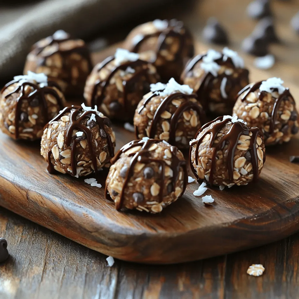 For these no-bake energy bites, you need these key ingredients: - 1 cup rolled oats - 1/2 cup almond butter (or your favorite nut butter) - 1/4 cup honey or maple syrup - 1/2 cup ground flaxseed - 1/3 cup mini chocolate chips - 1/4 cup shredded coconut (optional) - 1 teaspoon vanilla extract - Pinch of sea salt These simple ingredients blend well together. They create a tasty, energy-filled snack. You can easily swap some ingredients based on your taste or what you have at home. Here are a few ideas: - Use peanut butter instead of almond butter for a stronger flavor. - Maple syrup can replace honey if you want a vegan option. - Use sunflower seed butter if you have nut allergies. - Swap mini chocolate chips for dark or white chocolate chips. - Omit shredded coconut if you don’t like it. These swaps keep the bites delicious and fun! Each ingredient in the energy bites brings unique health benefits: - Rolled oats are great for fiber, helping you feel full. - Almond butter provides healthy fats and protein for energy. - Honey or maple syrup adds natural sweetness and quick energy. - Ground flaxseed is rich in omega-3 fatty acids and fiber. - Chocolate chips add taste and a little joy to your snack. - Shredded coconut offers healthy fats and a tropical flavor. - Vanilla extract enhances the taste without extra sugar. - Sea salt balances sweetness and brings out flavors. These ingredients make your no-bake energy bites not just tasty but also good for you. To make no-bake energy bites, start with the dry ingredients. In a large bowl, mix 1 cup of rolled oats and 1/2 cup of ground flaxseed. These two ingredients provide a great base and add fiber. In another bowl, blend 1/2 cup of almond butter with 1/4 cup of honey or maple syrup. This creates a smooth, sweet mix. Add in 1 teaspoon of vanilla extract and a pinch of sea salt for flavor. Now, pour the wet mix into the dry mix. Stir until everything is well combined. It should look thick and sticky. Next, fold in 1/3 cup of mini chocolate chips and 1/4 cup of shredded coconut if you like. This adds a nice touch of sweetness and texture. When shaping the bites, use your hands. Roll the mixture into small balls, about 1 inch in size. If it feels too sticky, slightly wet your hands. This helps shape them better. Make sure the bites are evenly sized for a nice look and easy eating. If you want to get creative, try adding nuts or seeds to the mix. You can customize these bites to fit your taste. Once you’ve shaped all the bites, place them on a baking sheet lined with parchment paper. Refrigerate them for at least 30 minutes. This helps them firm up and hold their shape. After chilling, store them in an airtight container in the fridge. They can last up to a week or be frozen for longer storage. Enjoy your bites as a quick snack or a tasty treat! To get the right texture for your energy bites, use the right amount of wet and dry ingredients. The oats should be moist but not soggy. You want a mix that holds together but is not too sticky. If it feels dry, add a bit more nut butter or honey. This helps bind everything together. If it feels too wet, add a touch more oats or flaxseed. One common mistake is not measuring ingredients correctly. This can change the texture and taste. Another mistake is skipping the refrigeration step. Chilling the bites helps them firm up. If you skip this, your bites may fall apart. Lastly, don’t rush the mixing process. Make sure everything is evenly combined for the best flavor. When rolling your energy bites, keep your hands slightly wet. This prevents the mixture from sticking to your hands. Aim for bite-sized balls, about one inch in diameter. Use a small cookie scoop for even sizing. It makes the process quicker and easier. If you want a fun twist, roll the bites in shredded coconut or cocoa powder for extra flavor and look. For full recipe details, check out the Full Recipe section. {{image_2}} You can make no-bake energy bites in many fun flavors. Start with the base recipe and switch up a few things. Try peanut butter for a nutty punch. You can also add cocoa powder for a chocolate boost. Mixing in spices like cinnamon or nutmeg adds warmth. Want a tropical twist? Use coconut and pineapple chunks instead. The options are endless. Each flavor brings a new delight to your snack time. You can easily make these bites fit your diet. For a gluten-free option, use certified gluten-free oats. If you want a vegan version, swap honey for maple syrup. You can also use a plant-based butter instead of nut butter. These small changes keep the snacks tasty and healthy for everyone. Always check labels to ensure your ingredients are safe for your needs. Adding superfoods is a great way to boost nutrition. Try tossing in chia seeds for extra fiber and protein. Hemp seeds are another great choice for healthy fats. You can also mix in unsweetened cocoa nibs for antioxidants. Each superfood you add enhances the bites while keeping them delicious. These little changes can make a big impact on your health. After making your no-bake energy bites, you want to store them right. Place the bites in an airtight container. Keep the container in the fridge. This helps them stay fresh. You can also layer them with parchment paper to avoid sticking. If you want, you can keep them in a bowl covered with plastic wrap. Both methods work well. Freezing is a great option for longer storage. To freeze, lay the bites on a baking sheet. Make sure they do not touch each other. Freeze for about an hour until firm. After that, transfer them to a zip-top freezer bag. Squeeze out the air and seal it tight. When you want to eat them, take them out and let them thaw in the fridge. You can also enjoy them straight from the freezer for a cold treat. When stored in the fridge, your energy bites last about a week. If you freeze them, they can last up to three months. Just remember to label your bags with the date. This way, you know when to eat them. Enjoy your tasty snacks whenever you want! No-bake energy bites are small snacks packed with nutrients. They often include oats, nut butter, and sweeteners. These bites need no baking, making them quick to prepare. You mix the ingredients, roll them into balls, and chill. They’re perfect for a quick energy boost. Yes, you can use any nut butter you like! Almond, peanut, or cashew butter all work well. Each nut butter brings its own flavor and texture. Just choose what you enjoy most. To make no-bake energy bites sugar-free, replace honey or maple syrup with sugar-free sweeteners. You can use stevia or erythritol. These options add sweetness without the sugar. Absolutely! Kids love the sweet taste and fun shapes. They are also healthy, full of protein and fiber. You can involve kids in making them. It’s a fun way to get them into the kitchen. Your energy bites are ready after chilling for 30 minutes. They should feel firm to the touch. If they are too soft, let them chill a bit longer. Once set, they are perfect for snacking. To make Nutty Chocolate Bliss Energy Bites, gather these ingredients: - 1 cup rolled oats - 1/2 cup almond butter (or your favorite nut butter) - 1/4 cup honey or maple syrup - 1/2 cup ground flaxseed - 1/3 cup mini chocolate chips - 1/4 cup shredded coconut (optional) - 1 teaspoon vanilla extract - Pinch of sea salt 1. In a large bowl, mix the rolled oats and flaxseed. 2. In another bowl, combine almond butter, honey, vanilla, and sea salt until smooth. 3. Pour the wet mix into the dry ingredients. Stir well. 4. Fold in the mini chocolate chips and coconut. 5. Use your hands to shape the mixture into balls. 6. Place on a parchment-lined baking sheet. 7. Chill for at least 30 minutes. 8. Store bites in an airtight container in the fridge. Enjoy your nutritious snack! No-bake energy bites are easy and fun to make. You learned about key ingredients, substitutions, and their nutritional benefits. I shared tips for mixing, shaping, and storing your bites, ensuring they hold together well. Don't forget about flavor variations and dietary needs—there's something for everyone. Now you can enjoy tasty snacks that fit your lifestyle. Keep experimenting and stay creative with your no-bake energy bites!