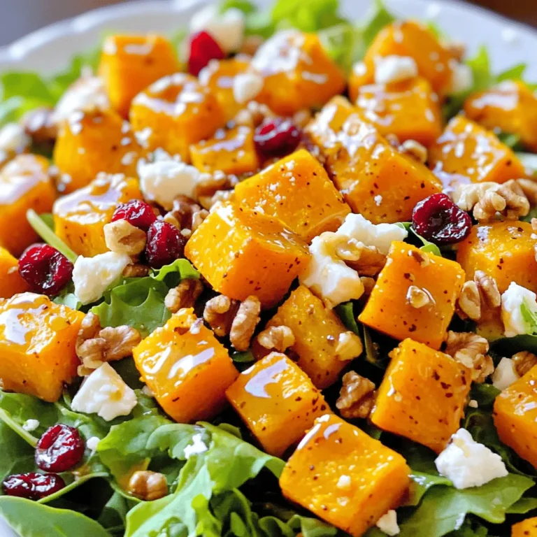 To make the Maple Roasted Butternut Squash Salad, you need these items: - 1 medium butternut squash, peeled, seeded, and cubed - 2 tablespoons olive oil - 2 tablespoons pure maple syrup - Salt and pepper to taste - 5 cups mixed leafy greens (like spinach, arugula, and kale) - 1/2 cup feta cheese, crumbled - 1/4 cup dried cranberries - 1/4 cup walnuts, roughly chopped - 1 tablespoon apple cider vinegar - 1 teaspoon Dijon mustard Using fresh ingredients makes your salad taste great. Fresh butternut squash has better flavor and texture. Mixed greens should be crisp and vibrant. Fresh herbs can add a bright touch. When you use fresh items, your dish shines. People notice the difference in taste and look. You can swap out some items if needed. If you can't find butternut squash, try sweet potatoes. Instead of feta, use goat cheese for a tangy twist. You can also use sunflower seeds instead of walnuts. If you want a sweeter taste, add pomegranate seeds. These changes keep the salad fun and interesting. Enjoy exploring new flavors with your Maple Roasted Butternut Squash Salad! For the complete recipe, check [Full Recipe]. To make this Maple Roasted Butternut Squash Salad, you will need to prepare your ingredients first. Start by peeling, seeding, and cubing the butternut squash. This step is key for even roasting. Gather your leafy greens, feta cheese, dried cranberries, and walnuts. These ingredients add great flavor and texture. Set your oven to 400°F (200°C). In a large bowl, mix the cubed squash with olive oil, maple syrup, salt, and pepper. Toss well to coat every piece. This adds a sweet and savory taste. Spread the squash out on a baking sheet lined with parchment paper. Make sure the pieces are in a single layer. Roast for 25 to 30 minutes, flipping them halfway. You want them tender and caramelized. Let the squash cool slightly after roasting. While the squash roasts, prepare your dressing. In a small bowl, whisk together apple cider vinegar, Dijon mustard, salt, and pepper. This mix gives your salad a nice tang. Slowly drizzle in olive oil while whisking. This helps the dressing emulsify and blend well. Now you have a tasty dressing to tie everything together. This method leads to a delightful dish. For the full experience, check out the Full Recipe. Enjoy every bite of your creation! When picking butternut squash, look for ones that feel heavy for their size. The skin should be smooth and tan. Avoid squash with soft spots or blemishes. A good squash should have a firm texture. If it feels too soft, it may be overripe. To get that sweet, caramelized flavor, roast your squash at 400°F. Cut it into even cubes to ensure all pieces cook at the same time. Toss the squash with olive oil and maple syrup to enhance its natural sweetness. Spread it in a single layer on the baking sheet. This helps it roast instead of steam. Flip the pieces halfway through cooking for even browning. Feel free to play with the dressing! If you like tanginess, add more apple cider vinegar. For a creamier texture, whisk in a touch of yogurt. You can also add herbs like thyme or rosemary for extra flavor. Experimenting with your dressing can make your salad unique every time. Just remember to taste as you go. This will help you find the perfect balance. For the full recipe, you can refer to it in the recipe section. {{image_2}} You can change this salad with the seasons. In fall, try adding roasted apples for a sweet crunch. In winter, swap in roasted Brussels sprouts for a hearty touch. Spring brings fresh peas, which add a bright color and flavor. In summer, you can use ripe tomatoes for a juicy twist. Each season offers new tastes to explore! Want to make this salad more filling? You can add protein easily. Grilled chicken or shrimp works great. For a plant-based option, try chickpeas or black beans. These options boost the nutrition and keep you full longer. Tofu is also a good choice for a vegetarian twist. Mix and match until you find your favorite! This salad shines as a main dish or a side. Serve it warm or cold based on your mood. If you have guests, serve it in a large bowl for sharing. For a fancy touch, plate individual servings with a drizzle of extra maple syrup. You can also pair it with bread or a hearty soup for a full meal. Explore the flavors and enjoy your creation! To keep your Maple Roasted Butternut Squash Salad fresh, place leftovers in an airtight container. Store it in the fridge for up to three days. If you plan to eat it later, keep the dressing separate. This helps prevent the greens from wilting too soon. You can enjoy the roasted butternut squash warm or cold. If you prefer warmth, reheat the squash in the oven at 350°F for about 10 minutes. You can also use the microwave for about one minute. Just remember to add the greens and feta after reheating. For meal prep, you can roast the butternut squash in advance. Store it in the fridge for up to three days. You can also wash and chop your greens ahead of time. Keep the dressing in a separate container. This way, your salad stays fresh and tasty for your busy week ahead. For the complete recipe, check the Full Recipe link. Yes, you can use other squash types. Acorn squash or pumpkin are great choices. They bring different flavors and textures. You can roast these squashes just like butternut squash. Each type adds a unique taste to your salad. Feel free to experiment with what you find at the market. Just remember to adjust cooking times as needed. This salad is gluten-free. All the ingredients are safe for those who cannot eat gluten. The butternut squash, greens, and dressing contain no gluten. This makes the salad a good option for everyone. Always check labels on any packaged ingredients to be sure. Enjoy this dish without worry! The salad lasts about three days in the fridge. Store it in an airtight container to keep it fresh. If you add the dressing, it may get soggy over time. I recommend keeping the dressing separate until you're ready to eat. This way, your salad stays crisp and tasty! In this blog post, we explored the key ingredients for a delicious salad, focusing on fresh options and alternatives. I shared step-by-step instructions for preparing and roasting butternut squash, plus how to make a tasty dressing. We also discussed tips for choosing the best squash and ways to customize your dressing. Finally, I covered storage tips for leftovers and answered common questions. Fresh ingredients make a big difference. You can make this salad your own with easy swaps and ideas. Enjoy your cooking journey!