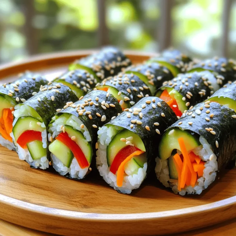- 2 cups sushi rice - 2 ½ cups water - ¼ cup rice vinegar - 2 tablespoons sugar - 1 teaspoon salt - 4 nori sheets - 1 medium cucumber, julienned - 1 medium carrot, julienned - 1 avocado, sliced - ½ red bell pepper, julienned - Sesame seeds for garnish - Soy sauce for dipping (optional) Fresh ingredients make your sushi shine. Choose ripe avocados. Look for smooth skin that gives slightly when pressed. The perfect avocado is bright green inside. For vegetables, use crisp and colorful options. Cucumber, carrot, bell pepper, and avocado work well. You can also add radishes or sprouts for crunch. Make sure to wash all your veggies before cutting. This keeps them clean and fresh. I always pick the best vegetables for my sushi rolls. It makes a big difference in taste and texture. You can find the full recipe at the end. Enjoy making your sushi! To start, you need to rinse the sushi rice. Rinse it under cold water until the water is clear. This step helps remove excess starch. After rinsing, let the rice drain well. Next, combine the rinsed rice with 2 ½ cups of water in a medium saucepan. Bring it to a boil over medium heat. Once boiling, reduce to low heat, cover, and simmer for 20 minutes. After the water absorbs, remove it from heat. Let it sit for 10 minutes with the lid on to steam. Now, mix the rice vinegar, sugar, and salt in a small bowl until dissolved. Then, gently fold this mixture into the cooked rice. Use a wooden spatula and be careful not to smash the rice. Once mixed, let the rice cool to room temperature. Next, prepare your bamboo sushi mat by placing it on a clean surface. Lay one sheet of nori on top, shiny side down. With wet hands, spread a thin layer of sushi rice over the nori. Leave about an inch at the top edge without rice. This space helps seal the roll later. Now, arrange a line of your julienned cucumber, carrot, avocado, and bell pepper. Place this line about 2 inches from the bottom edge of the rice. With the bamboo mat, lift the edge closest to you and start rolling the sushi away from you. Keep the filling in place as you roll. Roll tightly, but not too tightly, to prevent squishing the filling. Once you have rolled the sushi, use a sharp knife to slice the roll into 6-8 pieces. Wet the knife between cuts to prevent sticking. This makes cutting easier and keeps the rolls looking nice. To serve your sushi rolls, sprinkle sesame seeds over the top. Arrange them on a plate for presentation. You can serve with soy sauce on the side for dipping. Enjoy making your Easy Veggie Sushi Rolls with these simple steps! For the full recipe, check the section above. To make great sushi rolls, avoid common mistakes. One big issue is rolling too loosely. If you do this, your roll may fall apart. Make sure to apply even pressure when rolling. If the roll is too tight, it can squeeze out the filling. You want a snug fit, not an overpacked roll. Here’s a tip: use wet hands when handling sushi rice. This helps prevent sticking. Spread rice evenly over the nori, leaving space at the top. This space is key for sealing the roll. You need a few tools to make sushi at home. A bamboo mat is essential for rolling. Look for one that is sturdy and easy to clean. A sharp knife is also important for slicing your rolls. A dull knife can crush your sushi. Other helpful tools include a rice cooker for perfect sushi rice and a bowl of water for wetting your hands. These tools make the process easier and more fun. For the full recipe, check out the Easy Veggie Sushi Rolls section. {{image_2}} You can make your veggie sushi rolls even more fun with different fillings. For a vegetarian twist, try adding tofu. Firm tofu works great when you slice it thin. You can also use sprouts for a fresh crunch. They add a nice texture and boost the flavor. If you want a vegan option, skip any fish or dairy products. You can load up on veggies like bell peppers, zucchini, or radishes. These add color and taste. For those who need gluten-free sushi, you can use gluten-free soy sauce. Make sure to check the labels on your nori sheets. Most are gluten-free, but it’s always good to confirm. Enhancing your sushi flavors is easy. You can add sauces and spices to kick it up a notch. For a simple touch, try a drizzle of sriracha or a sprinkle of sesame oil. These add a nice zing that pairs well with veggies. You can also experiment with rice. While sushi rice is a classic choice, you can swap it out. Try brown rice for a nuttier flavor. Quinoa is another healthy option. It gives a unique twist to your rolls while being packed with protein. For the full recipe, you can check the Easy Veggie Sushi Rolls section. Enjoy your sushi making! To store leftover sushi rolls, place them in an airtight container. This keeps them fresh and prevents them from drying out. You can also wrap each roll in plastic wrap. If you want to keep them for a longer time, refrigerate them. It is best to eat leftover sushi within 24 hours for the best taste and quality. After that, the rice can become hard, and the veggies may lose their crunch. If you want to freeze sushi rolls, wrap each roll tightly in plastic wrap. After that, place them in a freezer-safe bag. This helps to avoid freezer burn. You can freeze sushi for up to a month. When you are ready to eat them, take the rolls out and thaw them in the fridge overnight. Avoid using a microwave to thaw sushi, as it can make the rice mushy. Enjoy your sushi cold or let it sit at room temperature for a few minutes before serving. How to make sushi without a bamboo mat? You can use a clean kitchen towel instead. Lay the towel flat and place the nori on it. Spread the rice and fillings as usual. Roll the towel tightly to form the sushi. This method works well if you don’t have a bamboo mat. Can I use brown rice for sushi rolls? Yes, you can use brown rice. It has a nutty flavor and is healthier. However, it requires longer cooking time. Be sure to rinse it well and adjust water ratios. This will help achieve a good texture. How long do sushi rolls last in the fridge? Sushi rolls can last for about 24 hours in the fridge. Wrap them tightly in plastic wrap to keep them fresh. They may lose some texture and flavor after a day. I recommend eating them as soon as possible. What can I substitute for nori? You can use lettuce leaves or rice paper as a substitute. These options still hold the fillings well. Lettuce adds a nice crunch, while rice paper offers a different texture. Feel free to experiment with your favorite wraps! You have learned how to make easy veggie sushi at home. We covered the essential ingredients, preparation steps, and pro tips. With this guide, you can create fresh, tasty sushi rolls just for you. Remember to choose ripe ingredients for the best flavor. Practice your rolling skills, and have fun experimenting with different flavors. Making sushi can be simple and rewarding. Enjoy sharing your delicious creations with family and friends!