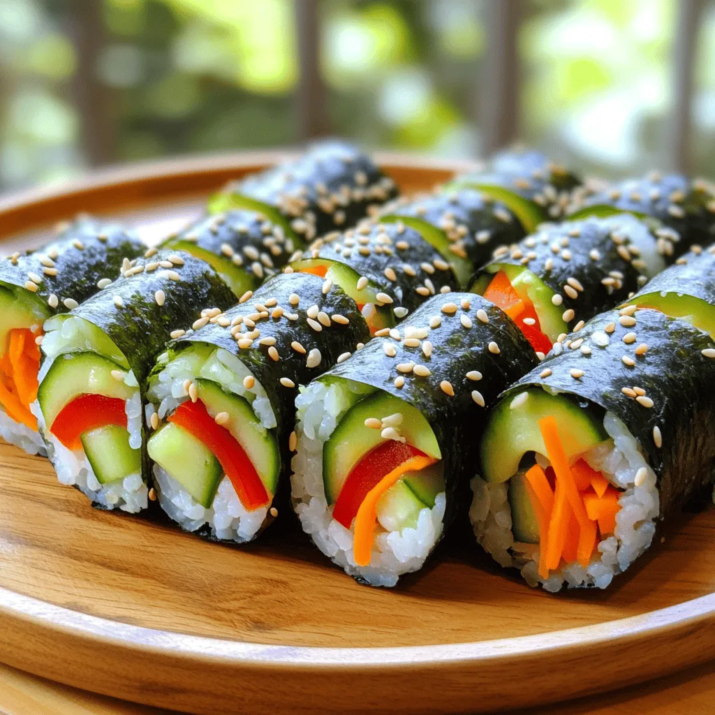 - 2 cups sushi rice - 2 ½ cups water - ¼ cup rice vinegar - 2 tablespoons sugar - 1 teaspoon salt - 4 nori sheets - 1 medium cucumber, julienned - 1 medium carrot, julienned - 1 avocado, sliced - ½ red bell pepper, julienned - Sesame seeds for garnish - Soy sauce for dipping (optional) Fresh ingredients make your sushi shine. Choose ripe avocados. Look for smooth skin that gives slightly when pressed. The perfect avocado is bright green inside. For vegetables, use crisp and colorful options. Cucumber, carrot, bell pepper, and avocado work well. You can also add radishes or sprouts for crunch. Make sure to wash all your veggies before cutting. This keeps them clean and fresh. I always pick the best vegetables for my sushi rolls. It makes a big difference in taste and texture. You can find the full recipe at the end. Enjoy making your sushi! To start, you need to rinse the sushi rice. Rinse it under cold water until the water is clear. This step helps remove excess starch. After rinsing, let the rice drain well. Next, combine the rinsed rice with 2 ½ cups of water in a medium saucepan. Bring it to a boil over medium heat. Once boiling, reduce to low heat, cover, and simmer for 20 minutes. After the water absorbs, remove it from heat. Let it sit for 10 minutes with the lid on to steam. Now, mix the rice vinegar, sugar, and salt in a small bowl until dissolved. Then, gently fold this mixture into the cooked rice. Use a wooden spatula and be careful not to smash the rice. Once mixed, let the rice cool to room temperature. Next, prepare your bamboo sushi mat by placing it on a clean surface. Lay one sheet of nori on top, shiny side down. With wet hands, spread a thin layer of sushi rice over the nori. Leave about an inch at the top edge without rice. This space helps seal the roll later. Now, arrange a line of your julienned cucumber, carrot, avocado, and bell pepper. Place this line about 2 inches from the bottom edge of the rice. With the bamboo mat, lift the edge closest to you and start rolling the sushi away from you. Keep the filling in place as you roll. Roll tightly, but not too tightly, to prevent squishing the filling. Once you have rolled the sushi, use a sharp knife to slice the roll into 6-8 pieces. Wet the knife between cuts to prevent sticking. This makes cutting easier and keeps the rolls looking nice. To serve your sushi rolls, sprinkle sesame seeds over the top. Arrange them on a plate for presentation. You can serve with soy sauce on the side for dipping. Enjoy making your Easy Veggie Sushi Rolls with these simple steps! For the full recipe, check the section above. To make great sushi rolls, avoid common mistakes. One big issue is rolling too loosely. If you do this, your roll may fall apart. Make sure to apply even pressure when rolling. If the roll is too tight, it can squeeze out the filling. You want a snug fit, not an overpacked roll. Here’s a tip: use wet hands when handling sushi rice. This helps prevent sticking. Spread rice evenly over the nori, leaving space at the top. This space is key for sealing the roll. You need a few tools to make sushi at home. A bamboo mat is essential for rolling. Look for one that is sturdy and easy to clean. A sharp knife is also important for slicing your rolls. A dull knife can crush your sushi. Other helpful tools include a rice cooker for perfect sushi rice and a bowl of water for wetting your hands. These tools make the process easier and more fun. For the full recipe, check out the Easy Veggie Sushi Rolls section. {{image_2}} You can make your veggie sushi rolls even more fun with different fillings. For a vegetarian twist, try adding tofu. Firm tofu works great when you slice it thin. You can also use sprouts for a fresh crunch. They add a nice texture and boost the flavor. If you want a vegan option, skip any fish or dairy products. You can load up on veggies like bell peppers, zucchini, or radishes. These add color and taste. For those who need gluten-free sushi, you can use gluten-free soy sauce. Make sure to check the labels on your nori sheets. Most are gluten-free, but it’s always good to confirm. Enhancing your sushi flavors is easy. You can add sauces and spices to kick it up a notch. For a simple touch, try a drizzle of sriracha or a sprinkle of sesame oil. These add a nice zing that pairs well with veggies. You can also experiment with rice. While sushi rice is a classic choice, you can swap it out. Try brown rice for a nuttier flavor. Quinoa is another healthy option. It gives a unique twist to your rolls while being packed with protein. For the full recipe, you can check the Easy Veggie Sushi Rolls section. Enjoy your sushi making! To store leftover sushi rolls, place them in an airtight container. This keeps them fresh and prevents them from drying out. You can also wrap each roll in plastic wrap. If you want to keep them for a longer time, refrigerate them. It is best to eat leftover sushi within 24 hours for the best taste and quality. After that, the rice can become hard, and the veggies may lose their crunch. If you want to freeze sushi rolls, wrap each roll tightly in plastic wrap. After that, place them in a freezer-safe bag. This helps to avoid freezer burn. You can freeze sushi for up to a month. When you are ready to eat them, take the rolls out and thaw them in the fridge overnight. Avoid using a microwave to thaw sushi, as it can make the rice mushy. Enjoy your sushi cold or let it sit at room temperature for a few minutes before serving. How to make sushi without a bamboo mat? You can use a clean kitchen towel instead. Lay the towel flat and place the nori on it. Spread the rice and fillings as usual. Roll the towel tightly to form the sushi. This method works well if you don’t have a bamboo mat. Can I use brown rice for sushi rolls? Yes, you can use brown rice. It has a nutty flavor and is healthier. However, it requires longer cooking time. Be sure to rinse it well and adjust water ratios. This will help achieve a good texture. How long do sushi rolls last in the fridge? Sushi rolls can last for about 24 hours in the fridge. Wrap them tightly in plastic wrap to keep them fresh. They may lose some texture and flavor after a day. I recommend eating them as soon as possible. What can I substitute for nori? You can use lettuce leaves or rice paper as a substitute. These options still hold the fillings well. Lettuce adds a nice crunch, while rice paper offers a different texture. Feel free to experiment with your favorite wraps! You have learned how to make easy veggie sushi at home. We covered the essential ingredients, preparation steps, and pro tips. With this guide, you can create fresh, tasty sushi rolls just for you. Remember to choose ripe ingredients for the best flavor. Practice your rolling skills, and have fun experimenting with different flavors. Making sushi can be simple and rewarding. Enjoy sharing your delicious creations with family and friends!