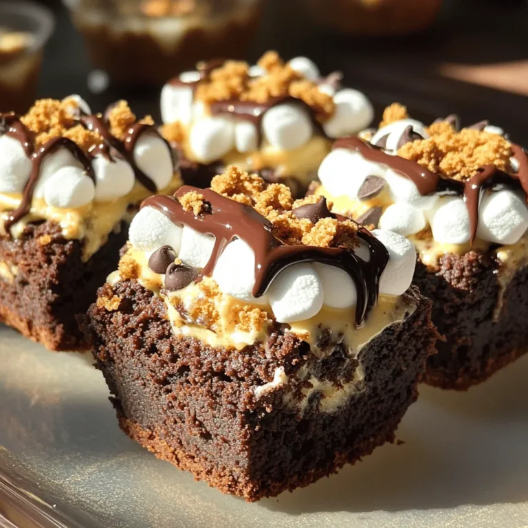 - 1 box of brownie mix (and required ingredients: eggs, oil, water) - 1 cup graham cracker crumbs - 1 cup mini marshmallows - 1 cup chocolate chips (semi-sweet or milk chocolate) - 1/4 cup unsweetened cocoa powder - 2 tablespoons sugar - 1/4 teaspoon salt - Cooking spray or butter for greasing The main ingredients create that rich, fudgy goodness. I use a box of brownie mix for simplicity. You just need to mix in eggs, oil, and water. Graham cracker crumbs give that classic s'mores flavor. Mini marshmallows add a fun, gooey touch. I love using chocolate chips, either semi-sweet or milk chocolate, for a sweet burst. For optional ingredients, I sometimes add unsweetened cocoa powder. It deepens the chocolate taste. Sugar adds extra sweetness, while salt balances the flavors. Greasing the muffin pan is a must to avoid sticking. This list covers everything for your S'mores Stuffed Brownie Cups. For the complete guide, check the Full Recipe! 1. Preheat your oven to 350°F (175°C). This ensures even baking. 2. Grease a muffin pan using cooking spray or butter. This helps the brownie cups come out easily. 3. In a mixing bowl, prepare the brownie batter according to the box instructions. Mix until smooth and creamy. 1. In a separate bowl, mix graham cracker crumbs, cocoa powder, sugar, and salt. This is your s'mores base. 2. Spoon about one tablespoon of brownie batter into each muffin cup. Make sure to cover the bottom evenly. 3. Add a layer of the graham cracker mixture over the brownie batter. Fill each cup about halfway. 4. Sprinkle a few chocolate chips and mini marshmallows on top of the graham mixture in each cup. 5. Pour more brownie batter over the filling until each cup is about three-quarters full. 1. Bake your brownie cups in the preheated oven for 18-20 minutes. Check with a toothpick; it should come out mostly clean. 2. Once done, cool the brownie cups in the pan for 10 minutes. Then, gently remove them. 3. For a gooey finish, top each cup with extra marshmallows and chocolate chips. Return to the oven for 2-3 minutes to toast the marshmallows. With these steps, you'll create a treat that's easy and fun! For the full recipe, check the earlier section. To get the perfect brownie texture, follow these steps. First, mix your brownie batter until smooth. Do not overmix, as this may make the brownies tough. Use a medium bowl for easy mixing. To check for doneness, insert a toothpick into the center of a brownie cup. If it comes out with a few moist crumbs, the cups are ready. If it is wet, bake for another minute or two. These brownie cups taste best warm. Serve them right out of the oven for gooey marshmallows. For a nice touch, drizzle melted chocolate over the top. Sprinkle extra graham cracker crumbs for added texture. For an extra treat, consider adding a scoop of ice cream on the side. This makes each bite even more delightful. If you want to try a new brownie mix, look for a low-sugar or gluten-free version. These can work just as well. You can also make brownies from scratch if you prefer. For chocolate chips, consider using white chocolate or dark chocolate. You can mix different types for a fun flavor. If you want a twist on marshmallows, try using flavored marshmallows, like caramel or strawberry. They can give your brownie cups a unique taste. For the full recipe, check the detailed instructions above. Enjoy making these delicious treats! {{image_2}} You can change up your s'mores stuffed brownie cups by adding nuts or caramel. Chopped nuts, like pecans or walnuts, give a nice crunch. Caramel drizzled atop adds a sweet touch. You can also try different types of chocolate. Dark chocolate brings a rich taste. White chocolate offers a sweet twist. Mixing semi-sweet and milk chocolate can create a delightful depth of flavor. For a fun twist, you can turn these brownie cups into a s'mores sundae. Just top them with a scoop of vanilla ice cream and a drizzle of chocolate sauce. Add extra mini marshmallows for a lovely finish. Another idea is to bake the s'mores in a pie crust. This gives a whole new way to enjoy the classic s'mores taste. The crust adds a crispy layer that contrasts nicely with the gooey filling. These variations make every bite exciting! For the full recipe, check out the link above. To keep your S'mores stuffed brownie cups fresh, follow these simple steps. First, let the brownie cups cool completely. This prevents moisture buildup. Once cooled, place them in an airtight container. This helps keep them moist and soft. You can also use plastic wrap if you prefer. Just make sure to seal it tightly. Store the container in a cool, dry place. They can last up to three days at room temperature. For longer freshness, consider refrigerating them. If you want to save some brownie cups for later, freezing is a great option. Here’s how to do it. After they cool, wrap each brownie cup in plastic wrap. Then, place them in a freezer-safe bag or container. This protects them from freezer burn. You can freeze them for up to three months. When you’re ready to eat, take them out and thaw them in the fridge overnight. For the best taste, warm them in the microwave for a few seconds before serving. Enjoy your delicious treat anytime! For the full recipe, check out the earlier section. How do I know when the brownie cups are done? You can check if the brownie cups are done by inserting a toothpick into the center. If it comes out mostly clean with a few moist crumbs, they are ready. The edges should look set, and the tops should be slightly firm. Keep an eye on them, as overbaking can lead to dryness. Can I make these S'mores Stuffed Brownie Cups ahead of time? Yes, you can make these cups a day ahead. Bake them, let them cool, and store them in an airtight container. When you are ready to eat, warm them in the oven at a low temperature. This will bring back their gooey texture. Can I use gluten-free brownie mix? Absolutely! You can use gluten-free brownie mix to make these cups. Many brands offer gluten-free mixes that work just as well. Make sure to check the package for any special instructions. What can I substitute for graham cracker crumbs? If you don’t have graham cracker crumbs, you can use crushed cookies like digestive biscuits or vanilla wafers. These will give a similar sweet and crunchy base for your brownie cups. Can I use a different type of pan? Yes, you can use a different pan, like a round cake pan or a baking dish. However, baking times may change. If you use a larger pan, check for doneness earlier, as they may bake faster. What is the best way to reheat leftover brownie cups? To reheat leftover brownie cups, place them in the oven at 300°F (150°C) for about 5-10 minutes. This will warm them up without making them dry. You can also microwave them for about 10-15 seconds for a quick option. These S'mores Stuffed Brownie Cups combine fun, flavor, and easy steps. You start with a simple brownie mix and layer in graham crackers, chocolate, and marshmallows. Don't forget the baking tips for the perfect texture! You can even freeze them for later. Mix up flavors or switch ingredients for your own twist. Enjoy these treats warm or cold, and serve them in fun ways. Now, get baking and savor every bite of your sweet creation!