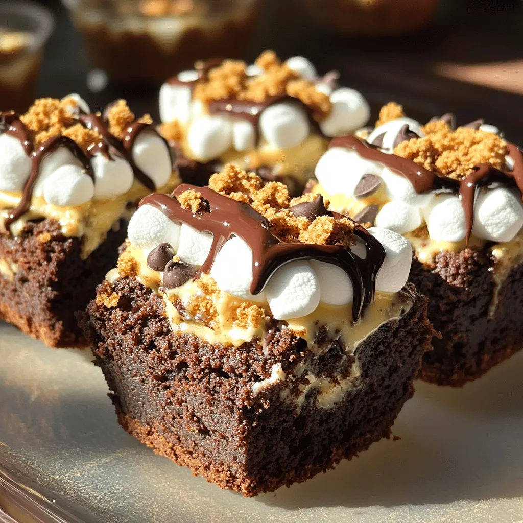 - 1 box of brownie mix (and required ingredients: eggs, oil, water) - 1 cup graham cracker crumbs - 1 cup mini marshmallows - 1 cup chocolate chips (semi-sweet or milk chocolate) - 1/4 cup unsweetened cocoa powder - 2 tablespoons sugar - 1/4 teaspoon salt - Cooking spray or butter for greasing The main ingredients create that rich, fudgy goodness. I use a box of brownie mix for simplicity. You just need to mix in eggs, oil, and water. Graham cracker crumbs give that classic s'mores flavor. Mini marshmallows add a fun, gooey touch. I love using chocolate chips, either semi-sweet or milk chocolate, for a sweet burst. For optional ingredients, I sometimes add unsweetened cocoa powder. It deepens the chocolate taste. Sugar adds extra sweetness, while salt balances the flavors. Greasing the muffin pan is a must to avoid sticking. This list covers everything for your S'mores Stuffed Brownie Cups. For the complete guide, check the Full Recipe! 1. Preheat your oven to 350°F (175°C). This ensures even baking. 2. Grease a muffin pan using cooking spray or butter. This helps the brownie cups come out easily. 3. In a mixing bowl, prepare the brownie batter according to the box instructions. Mix until smooth and creamy. 1. In a separate bowl, mix graham cracker crumbs, cocoa powder, sugar, and salt. This is your s'mores base. 2. Spoon about one tablespoon of brownie batter into each muffin cup. Make sure to cover the bottom evenly. 3. Add a layer of the graham cracker mixture over the brownie batter. Fill each cup about halfway. 4. Sprinkle a few chocolate chips and mini marshmallows on top of the graham mixture in each cup. 5. Pour more brownie batter over the filling until each cup is about three-quarters full. 1. Bake your brownie cups in the preheated oven for 18-20 minutes. Check with a toothpick; it should come out mostly clean. 2. Once done, cool the brownie cups in the pan for 10 minutes. Then, gently remove them. 3. For a gooey finish, top each cup with extra marshmallows and chocolate chips. Return to the oven for 2-3 minutes to toast the marshmallows. With these steps, you'll create a treat that's easy and fun! For the full recipe, check the earlier section. To get the perfect brownie texture, follow these steps. First, mix your brownie batter until smooth. Do not overmix, as this may make the brownies tough. Use a medium bowl for easy mixing. To check for doneness, insert a toothpick into the center of a brownie cup. If it comes out with a few moist crumbs, the cups are ready. If it is wet, bake for another minute or two. These brownie cups taste best warm. Serve them right out of the oven for gooey marshmallows. For a nice touch, drizzle melted chocolate over the top. Sprinkle extra graham cracker crumbs for added texture. For an extra treat, consider adding a scoop of ice cream on the side. This makes each bite even more delightful. If you want to try a new brownie mix, look for a low-sugar or gluten-free version. These can work just as well. You can also make brownies from scratch if you prefer. For chocolate chips, consider using white chocolate or dark chocolate. You can mix different types for a fun flavor. If you want a twist on marshmallows, try using flavored marshmallows, like caramel or strawberry. They can give your brownie cups a unique taste. For the full recipe, check the detailed instructions above. Enjoy making these delicious treats! {{image_2}} You can change up your s'mores stuffed brownie cups by adding nuts or caramel. Chopped nuts, like pecans or walnuts, give a nice crunch. Caramel drizzled atop adds a sweet touch. You can also try different types of chocolate. Dark chocolate brings a rich taste. White chocolate offers a sweet twist. Mixing semi-sweet and milk chocolate can create a delightful depth of flavor. For a fun twist, you can turn these brownie cups into a s'mores sundae. Just top them with a scoop of vanilla ice cream and a drizzle of chocolate sauce. Add extra mini marshmallows for a lovely finish. Another idea is to bake the s'mores in a pie crust. This gives a whole new way to enjoy the classic s'mores taste. The crust adds a crispy layer that contrasts nicely with the gooey filling. These variations make every bite exciting! For the full recipe, check out the link above. To keep your S'mores stuffed brownie cups fresh, follow these simple steps. First, let the brownie cups cool completely. This prevents moisture buildup. Once cooled, place them in an airtight container. This helps keep them moist and soft. You can also use plastic wrap if you prefer. Just make sure to seal it tightly. Store the container in a cool, dry place. They can last up to three days at room temperature. For longer freshness, consider refrigerating them. If you want to save some brownie cups for later, freezing is a great option. Here’s how to do it. After they cool, wrap each brownie cup in plastic wrap. Then, place them in a freezer-safe bag or container. This protects them from freezer burn. You can freeze them for up to three months. When you’re ready to eat, take them out and thaw them in the fridge overnight. For the best taste, warm them in the microwave for a few seconds before serving. Enjoy your delicious treat anytime! For the full recipe, check out the earlier section. How do I know when the brownie cups are done? You can check if the brownie cups are done by inserting a toothpick into the center. If it comes out mostly clean with a few moist crumbs, they are ready. The edges should look set, and the tops should be slightly firm. Keep an eye on them, as overbaking can lead to dryness. Can I make these S'mores Stuffed Brownie Cups ahead of time? Yes, you can make these cups a day ahead. Bake them, let them cool, and store them in an airtight container. When you are ready to eat, warm them in the oven at a low temperature. This will bring back their gooey texture. Can I use gluten-free brownie mix? Absolutely! You can use gluten-free brownie mix to make these cups. Many brands offer gluten-free mixes that work just as well. Make sure to check the package for any special instructions. What can I substitute for graham cracker crumbs? If you don’t have graham cracker crumbs, you can use crushed cookies like digestive biscuits or vanilla wafers. These will give a similar sweet and crunchy base for your brownie cups. Can I use a different type of pan? Yes, you can use a different pan, like a round cake pan or a baking dish. However, baking times may change. If you use a larger pan, check for doneness earlier, as they may bake faster. What is the best way to reheat leftover brownie cups? To reheat leftover brownie cups, place them in the oven at 300°F (150°C) for about 5-10 minutes. This will warm them up without making them dry. You can also microwave them for about 10-15 seconds for a quick option. These S'mores Stuffed Brownie Cups combine fun, flavor, and easy steps. You start with a simple brownie mix and layer in graham crackers, chocolate, and marshmallows. Don't forget the baking tips for the perfect texture! You can even freeze them for later. Mix up flavors or switch ingredients for your own twist. Enjoy these treats warm or cold, and serve them in fun ways. Now, get baking and savor every bite of your sweet creation!