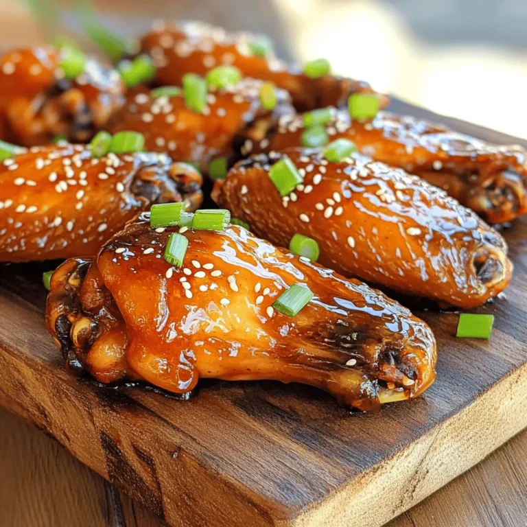 - 2 lbs chicken wings - 1/4 cup soy sauce - 1/4 cup honey - 2 tablespoons rice vinegar To start, you need fresh chicken wings. I love using about 2 pounds. The key flavors come from soy sauce and honey. You will mix these in equal parts, each at 1/4 cup. Rice vinegar adds a nice tang. Just 2 tablespoons will do. - 2 tablespoons sesame oil - 3 cloves garlic, minced - 1 teaspoon fresh ginger, grated - 1 teaspoon ground black pepper Next, let’s boost the flavor. Add 2 tablespoons of sesame oil. It gives a nutty taste. Use 3 cloves of minced garlic and 1 teaspoon of freshly grated ginger. They both add depth. Don’t forget the black pepper; 1 teaspoon will add a little heat. - 1 tablespoon cornstarch - 2 green onions, chopped (for garnish) - Sesame seeds (for garnish) For garnish, you’ll need 1 tablespoon of cornstarch. This will thicken the glaze. Top the wings with fresh green onions, about 2 chopped. Finally, sprinkle some sesame seeds for crunch. This simple list of ingredients makes the wings truly special. If you want the full recipe, check the earlier section. 1. Prep the Wings: Start by drying the chicken wings with paper towels. This step helps the skin get crispy when cooked. 2. Make the Marinade: In a large bowl, whisk together the soy sauce, honey, rice vinegar, sesame oil, minced garlic, grated ginger, and ground pepper. Mix it well until combined. 3. Marinate the Chicken: Add the wings to the marinade and toss them to coat well. Cover the bowl with plastic wrap and refrigerate for at least one hour. Overnight is even better for more flavor. 4. Preheat the Oven: When you’re ready to cook, preheat your oven to 425°F (220°C). Line a baking sheet with parchment paper for easy cleanup. 5. Bake the Wings: Remove the wings from the marinade, but keep the marinade for later. Pat the wings lightly to remove excess marinade. Place them on the baking sheet in a single layer. Bake for 30-35 minutes, turning them halfway through, until they are crispy and cooked through. 6. Create a Glaze: While the wings bake, pour the reserved marinade into a saucepan and bring it to a boil. Lower the heat and let it simmer for 5-7 minutes. Mix cornstarch with a tablespoon of water to make a slurry, then add it to the simmering sauce to thicken. 7. Glaze the Wings: Once the wings are done, take them out of the oven. Brush the thickened glaze on the wings or toss them in a bowl with the glaze for an even coat. 8. Garnish and Serve: Transfer the glazed wings to a serving platter. Garnish with chopped green onions and sesame seeds for a finished look. For the full recipe, check out the details above! To get that perfect crunch, dry the wings well. Pat them with paper towels before marinating. This helps remove moisture and makes the skin crispier when cooked. When baking, place the wings in a single layer on the baking sheet. This allows hot air to circulate around each wing, helping them to cook evenly. Add fresh herbs like cilantro or green onions for a burst of flavor. You can also try spices, like cayenne pepper, to give a kick. If you like it sweeter, add more honey. For some heat, throw in a bit of chili paste. Adjust these to your taste for the best result. You can grill or bake the wings. Grilling gives a smoky flavor, while baking is easy and mess-free. If you choose to use an air fryer, it cuts down cooking time. Set it to 400°F (200°C) and cook for about 25 minutes. This will give you crispy wings in no time! For the full recipe, check out the steps above for more delicious details! {{image_2}} You can easily change the taste of honey soy glazed chicken wings. Here are two fun ideas: - Spicy Honey Soy: If you like heat, mix in chili paste or red pepper flakes. This will give your wings a nice kick. - Citrus Honey Soy: For a fresh twist, add orange or lemon juice to the marinade. This brightens the flavor and adds zest. You can also make these wings fit different diets: - Gluten-free soy sauce alternatives: Use tamari or coconut aminos instead of regular soy sauce. This keeps the flavor while making it gluten-free. - Vegan protein substitutes: Try using tofu or cauliflower instead of chicken. Both soak up the marinade well and taste great. Pair your wings with tasty sides and dips for a full meal: - Dipping sauces: Serve with ranch or blue cheese for a creamy treat. These dips balance the sweet and savory flavors of the wings. - Sides: Coleslaw or potato wedges make great accompaniments. They add crunch and comfort to your plate. For the full recipe, check out the Honey Soy Glazed Chicken Wings section above. To keep your honey soy glazed chicken wings fresh, place them in an airtight container. This will stop air from making them dry. Store the wings in the fridge for up to four days. Always let them cool before sealing. If you have extra wings, freezing them is easy. First, let the wings cool completely. Then, place them in a freezer-safe bag. Try to remove as much air as you can. You can freeze them for up to three months. When you want to eat them, thaw in the fridge overnight. Reheat in the oven at 350°F (175°C) until warm. Watch for signs of spoilage like a bad smell or slimy texture. If the wings look odd, do not eat them. Cooked chicken wings should reach an internal temperature of 165°F (74°C) for safe eating. Enjoy your meal, knowing it’s safe and tasty! For the full recipe, check out the complete guide. For the best flavor, marinate the chicken wings for at least one hour. If you can, let them sit overnight. This extra time allows the wings to soak up all that yummy honey and soy taste. It makes a big difference in how they turn out. Yes, you can use other cuts of chicken! Chicken thighs or drumsticks work well too. Just remember that cooking times may change. Make sure to check that all parts are fully cooked. If you want a vegan option, use maple syrup. It has a nice sweetness. For a sugar-free choice, try agave syrup. Both will give you great flavor without using honey. Chicken wings should reach an internal temperature of 165°F or 74°C. Use a meat thermometer to check. This ensures your wings are safe to eat. This guide showed you how to make delicious chicken wings using simple steps. We covered ingredients, cooking methods, and storage tips to help you enjoy them anytime. Remember, drying the wings adds crispiness, and marinating brings out great flavors. Feel free to experiment with spices or sauces to match your taste. With the right tips, you can serve tasty wings perfect for any occasion. Enjoy your cooking and happy eating!