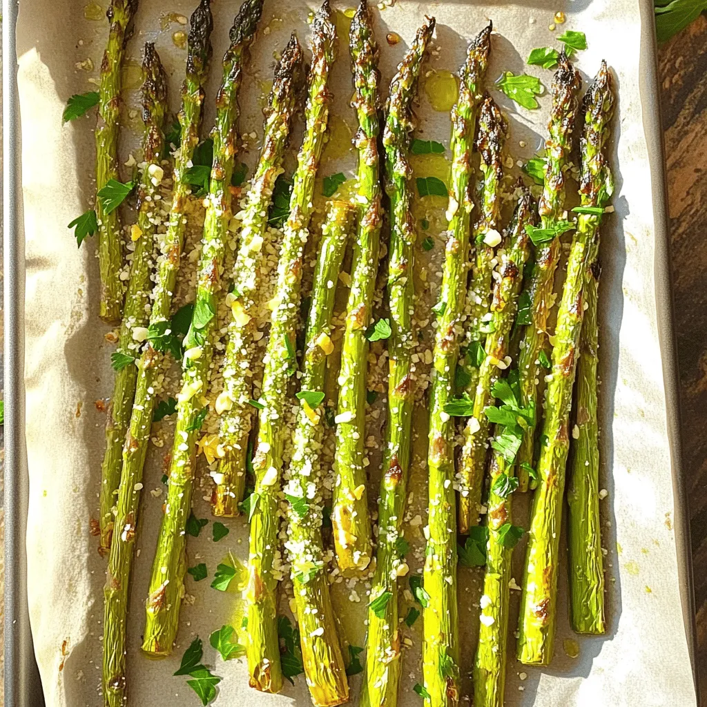 To make Lemon Garlic Roasted Asparagus, you need these simple and fresh ingredients: - 1 pound fresh asparagus, trimmed - 3 tablespoons olive oil - 4 garlic cloves, minced - Zest of 1 lemon - 2 tablespoons fresh lemon juice - Salt and pepper to taste - 1 tablespoon grated Parmesan cheese (optional) - Fresh parsley, chopped for garnish These ingredients work together to create a bright and tasty dish. The asparagus gives crunch, while the garlic adds savory depth. The lemon zest and juice bring a refreshing zing. You can also add Parmesan for richness, but it is not necessary. When choosing asparagus, look for firm stalks with bright green tips. This ensures you have fresh and tasty asparagus. If you can't find fresh asparagus, you can use frozen. Just adjust the cooking time a bit. For a fun twist, think about adding your favorite herbs or spices. This dish is versatile and easy to customize. The Full Recipe will guide you through the cooking process step by step. Enjoy cooking! - Preheat the oven to 425°F (220°C). - Rinse the asparagus under cool water. - Trim the tough ends of the asparagus. - In a large bowl, mix olive oil, minced garlic, lemon zest, and lemon juice. - Add the asparagus to the bowl. - Toss until the asparagus is evenly coated. - Spread the coated asparagus on a baking sheet. - Make sure they are in a single layer. - Season with salt and pepper to taste. - Roast the asparagus for 15-20 minutes. - Shake the pan halfway through for even cooking. - If you like cheese, sprinkle grated Parmesan over the asparagus. - Do this during the last 3 minutes of roasting. - Once done, remove from the oven. - Garnish with fresh parsley before serving. For the complete process, check the Full Recipe. Even coating is key for great flavor. When you mix the asparagus with oil and spices, make sure every piece gets some love. This helps each bite taste amazing. To avoid soggy asparagus, don’t crowd the pan. Spread the pieces out in a single layer. If they touch, they will steam instead of roast, making them soft. You can add spices or herbs to change the taste. Try red pepper flakes for heat or thyme for a fragrant touch. If you want a cheesy twist, go for alternatives like feta or goat cheese. They add a lot of flavor without overpowering the lemon. Serving suggestions are important for impressing guests. Place the asparagus on a nice platter and drizzle with extra lemon juice. You can also sprinkle more cheese on top before serving for a gourmet touch. Pair this dish with proteins like grilled chicken or fish. It also goes well with grains like quinoa or rice for a complete meal. For the full recipe, check out the details above. {{image_2}} You can change how you cook lemon garlic asparagus for new flavors. - Grilled Lemon Garlic Asparagus Grilling adds a smoky flavor. Brush the asparagus with olive oil and season with salt and pepper. Place them on a hot grill for about 5-7 minutes. Flip them halfway for even cooking. The grill marks and char will enhance the taste. - Sautéed Lemon Garlic Asparagus Sautéing is quick and keeps the asparagus crisp. Heat olive oil in a pan over medium heat. Add minced garlic first for flavor. Then, toss in the asparagus. Stir for 5-7 minutes until bright green and tender. This method retains a nice crunch. You can easily swap ingredients based on what you have or prefer. - Olive oil alternatives If you don't have olive oil, try avocado oil or melted butter. Both add rich flavor and work well with lemon and garlic. - Fresh herb variations Want to mix things up? Use fresh thyme, rosemary, or basil instead of parsley. Each herb brings its unique taste, making the dish interesting. Making the dish fit your diet is simple. - Vegan modifications Leave out the Parmesan cheese for a vegan dish. You can add nutritional yeast for a cheesy flavor without dairy. - Gluten-free options This recipe is naturally gluten-free. Enjoy it without any modifications. It’s a great side dish for anyone avoiding gluten. For the full recipe, check out the detailed instructions. To store leftovers, let the asparagus cool first. Place it in an airtight container. This keeps it fresh for up to 3 days. Use glass or plastic containers with tight lids for best results. The best methods for reheating asparagus are in the oven or on the stovetop. Preheat your oven to 350°F (175°C). Place the asparagus on a baking sheet and heat for about 10 minutes. You can also use a skillet on medium heat. Just add a tiny bit of oil and heat for 3-5 minutes. Avoid overcooked asparagus by watching it closely. You want it warm but still crisp. Yes, you can freeze Lemon Garlic Roasted Asparagus. To freeze it, first, let it cool completely. Spread the asparagus out on a baking sheet and freeze until solid. Then, transfer it to a freezer bag. Remove as much air as possible to prevent freezer burn. When ready to eat, thaw it in the fridge overnight and reheat as mentioned above. This keeps the flavor intact while saving time for future meals. The best way to prepare asparagus is to trim it first. Cut off the tough ends. Then, wash the asparagus under cold water. Pat it dry with a clean towel. Next, toss the asparagus with olive oil, minced garlic, lemon zest, and lemon juice. This mix adds flavor and helps it roast well. Follow the steps in the [Full Recipe] for perfect results. Yes, you can make Lemon Garlic Roasted Asparagus ahead of time. Prepare the asparagus and toss it with the olive oil and seasonings. Store it in your fridge for up to 24 hours. When ready to eat, roast it as directed. This way, you save time on busy days. Roasted asparagus lasts about 3 to 5 days in the refrigerator. Store it in an airtight container to keep it fresh. When you want to eat it again, simply reheat it. Enjoy it warm, or add it cold to salads. Frozen asparagus can work, but fresh is best. If you use frozen, thaw it first. Pat it dry to remove excess moisture. Roasting frozen asparagus may take a bit longer. Keep an eye on it while it cooks. If you don’t have fresh garlic, you can use garlic powder. Use about 1/4 teaspoon for each clove. Mix it in with the olive oil and other ingredients. The flavor won’t be the same, but it will still taste good. Yes, you can add other vegetables. Try bell peppers, cherry tomatoes, or baby potatoes. Just chop them to similar sizes. Toss them in the same mix of olive oil and seasonings. Be sure to adjust the cooking time as needed. Lemon Garlic Roasted Asparagus is simple to make and full of flavor. The steps are easy: prep your ingredients, roast the asparagus, and add tasty touches. With tips on cooking and storage, you can enjoy this dish any time. Try different cooking methods or ingredients to keep things fresh. This dish pairs well with many meals, making it versatile. Follow these steps and enjoy a healthy side that impresses. Your kitchen will become the go-to for delicious asparagus.