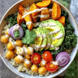 - 1 cup quinoa, rinsed - 2 cups vegetable broth - 1 cup chickpeas, cooked (or canned) - 1 cup sweet potato, diced - 1 cup kale, chopped - 1 avocado, sliced - 1/2 cup cherry tomatoes, halved - 1/4 cup red onion, thinly sliced - 2 tablespoons tahini - 1 tablespoon lemon juice - 1 tablespoon olive oil - 1 teaspoon garlic powder - Salt and pepper to taste - Fresh cilantro or parsley for garnish You need a mix of fresh and wholesome ingredients for a Vegan Power Bowl. Start with quinoa, which is a great base. Quinoa is not only tasty but also packed with protein. Next, vegetable broth adds flavor while cooking the quinoa. For protein, chickpeas are perfect. They provide a creamy texture and fill you up. Sweet potatoes add natural sweetness and nutrients. Kale gives crunch and a lot of vitamins. Avocado adds healthy fats and a smooth texture. Cherry tomatoes and red onion give color and zest. For the dressing, tahini, lemon juice, and olive oil blend together well, creating a rich taste. - Calories per serving: About 450 - Macronutrient breakdown: - Protein: 15g - Carbohydrates: 60g - Fats: 18g This bowl is nutrient-rich. It has key vitamins like A, C, and K. Plus, it supplies minerals like iron and magnesium. Eating this bowl provides energy and keeps you satisfied. Each bite is not just tasty but also good for your body. You can find the full recipe here for more details. To cook quinoa, start by combining one cup of rinsed quinoa with two cups of vegetable broth in a medium saucepan. This broth adds flavor. Bring the mixture to a boil over medium heat. Once boiling, reduce the heat to low, cover the pan, and let it simmer for about 15 minutes. After that, check if all the liquid has absorbed. If so, remove the pan from heat and fluff the quinoa with a fork. For the sweet potatoes, preheat your oven to 400°F (200°C). Begin by dicing one cup of sweet potatoes into small cubes. Toss them with olive oil, garlic powder, salt, and pepper in a bowl. Spread the seasoned cubes on a baking sheet in a single layer. Roast them for 25 to 30 minutes. Flip them halfway through cooking to ensure they cook evenly and become golden. Grab your skillet and heat a little olive oil over medium heat. Add one cup of chopped kale to the skillet. Sauté the kale for about 5 minutes until it wilts. Make sure to stir it often. Season with salt and pepper to taste. This quick cooking method keeps the kale bright and fresh. To make the tahini dressing, gather your ingredients. You need two tablespoons of tahini, one tablespoon of lemon juice, a pinch of salt, and a pinch of pepper. In a small bowl, whisk these together. Add a few tablespoons of water to achieve your desired consistency. If it's too thick, add more water. Now it's time to build your Vegan Power Bowl. Start with a base of quinoa in a large bowl. Layer on the roasted sweet potatoes, sautéed kale, and one cup of cooked chickpeas. Next, add sliced avocado, halved cherry tomatoes, and thinly sliced red onion on top. This creates a colorful and balanced meal. Drizzle the tahini dressing generously over the top of your assembled bowl. For the finishing touch, garnish with fresh cilantro or parsley. Serve your bowl immediately for the best flavor and texture. Enjoy your nutrient-packed Vegan Power Bowl! For the complete recipe, check out the Full Recipe section. To cook quinoa with the best texture, rinse it first. Rinsing removes the bitter coating. Use two cups of vegetable broth for one cup of quinoa. This will give it great flavor. Bring the broth to a boil, then reduce heat to low. Cover and simmer for 15 minutes. When done, fluff it with a fork for a light, fluffy texture. For even roasting, cut sweet potatoes into uniform pieces. Toss them with olive oil, garlic powder, salt, and pepper. Spread them on a baking sheet in a single layer. Roast at 400°F (200°C) for 25-30 minutes. Flip them halfway through for even cooking. This ensures they get crispy on the outside and tender inside. Meal prep can save you time. Cook a large batch of quinoa and store it in the fridge. It keeps well for up to five days. Roast sweet potatoes and store them in a separate container. You can also chop kale and other veggies in advance. This way, you can mix and match for quick meals. Store components separately to keep them fresh. This helps prevent sogginess. Keep your tahini dressing in a small jar. It can last in the fridge for up to a week. Assemble your Vegan Power Bowl when you're ready to eat. You can switch up your protein sources. Tempeh or tofu are great choices. They absorb flavors well and add texture. You can also try beans like black beans or lentils for variety. For vegetables, use what’s in season. In spring, add asparagus or peas. In summer, try bell peppers or zucchini. In fall, roasted Brussels sprouts or carrots work well. Winter calls for hearty greens like collards or Swiss chard. This keeps your bowl fresh and exciting! For the complete recipe, check the Full Recipe section. {{image_2}} You can change the Vegan Power Bowl with fun flavors from around the world. Mediterranean-inspired ingredients: - Use couscous instead of quinoa for a softer base. - Add olives, sun-dried tomatoes, and artichoke hearts for a briny kick. - Replace kale with spinach or arugula for a fresh twist. Asian-inspired variations: - Swap quinoa for brown rice or soba noodles. - Add edamame, bell peppers, and shredded carrots for crunch. - Use a sesame dressing made with tahini, soy sauce, and ginger. Each season brings unique vegetables. Embrace these changes for fresh flavors. Best ingredients for spring, summer, fall, and winter: - Spring: Peas and asparagus brighten your bowl. - Summer: Add corn and zucchini for a sweet touch. - Fall: Include roasted pumpkin and brussels sprouts for warmth. - Winter: Use hearty root veggies like parsnips and turnips. Creative uses for leftovers: - Mix leftover quinoa into soups for added texture. - Blend extra veggies into a smoothie for a nutrient boost. Dressings can change the whole taste of your bowl. Experiment with different options. Different dressing ideas for flavor variety: - Make a peanut sauce with peanut butter, lime, and soy sauce. - Try a citrus vinaigrette with orange juice and olive oil. - Blend avocado with lime juice for a creamy option. Using homemade versus store-bought options: - Homemade dressings often taste fresher and can be healthier. - Store-bought dressings save time but check for added sugars. For the full recipe, check out the details above. Enjoy mixing flavors! To keep your Vegan Power Bowl fresh, use airtight containers. Glass or BPA-free plastic works well. Always cool the bowl to room temperature before sealing it. This helps prevent moisture buildup, which can lead to sogginess. Store your leftovers in the fridge. They should stay good for up to four days. Yes, you can freeze your Vegan Power Bowl! Freezing keeps it fresh for up to three months. Here’s how to do it: 1. First, let the bowl cool completely. 2. Next, separate the ingredients. Freeze quinoa, sweet potatoes, and kale in different bags. 3. Label each bag with the date. 4. Use a vacuum sealer or remove as much air as possible from the bags. To reheat your Vegan Power Bowl, you can use a microwave or an oven. For the microwave: - Place the bowl in a microwave-safe dish. - Heat for 1-2 minutes, stirring halfway through. For the oven: - Preheat to 350°F (175°C). - Place the bowl in an oven-safe dish, cover with foil, and heat for about 15-20 minutes. To avoid sogginess, do not add extra liquid when reheating. If needed, you can add a little fresh dressing after reheating to restore flavor. You can use rice or couscous instead of quinoa. Both grains add great texture. Rice gives a nice chew, while couscous cooks faster. Make sure to adjust the cooking time. For brown rice, you need more time than for white rice. Couscous cooks in just 5 minutes. Yes, you can use frozen vegetables. They are quick and easy. Frozen veggies are often frozen at peak freshness. This keeps nutrients in. Just make sure to thaw them before cooking. If using frozen, reduce cooking time slightly. This helps to avoid mushy veggies. Yes, this recipe can be gluten-free. Quinoa is naturally gluten-free. If you choose rice or other gluten-free grains, you will stay gluten-free. Always check labels for any hidden gluten in packaged ingredients. To add more protein, include edamame, nuts, or seeds. Edamame is a great choice and easy to add. You can also sprinkle almonds or pumpkin seeds on top. These add crunch and nutrients to your bowl. To lower calories, use less oil in the dressing. You can also reduce the portion size of grains or toppings. Instead of one avocado, use half. Bulk up with more veggies like spinach or zucchini. These add volume without many calories. This Vegan Power Bowl offers nutritious and tasty ingredients. From quinoa to sweet potatoes, each element adds value. You learned how to cook and assemble it perfectly. Remember, you can customize it for your taste or season. Enjoy this meal fresh or as leftovers. Follow the tips for storing and reheating. With this guide, you can create a bowl that fits your needs. Power up your meals with this simple, healthy recipe.