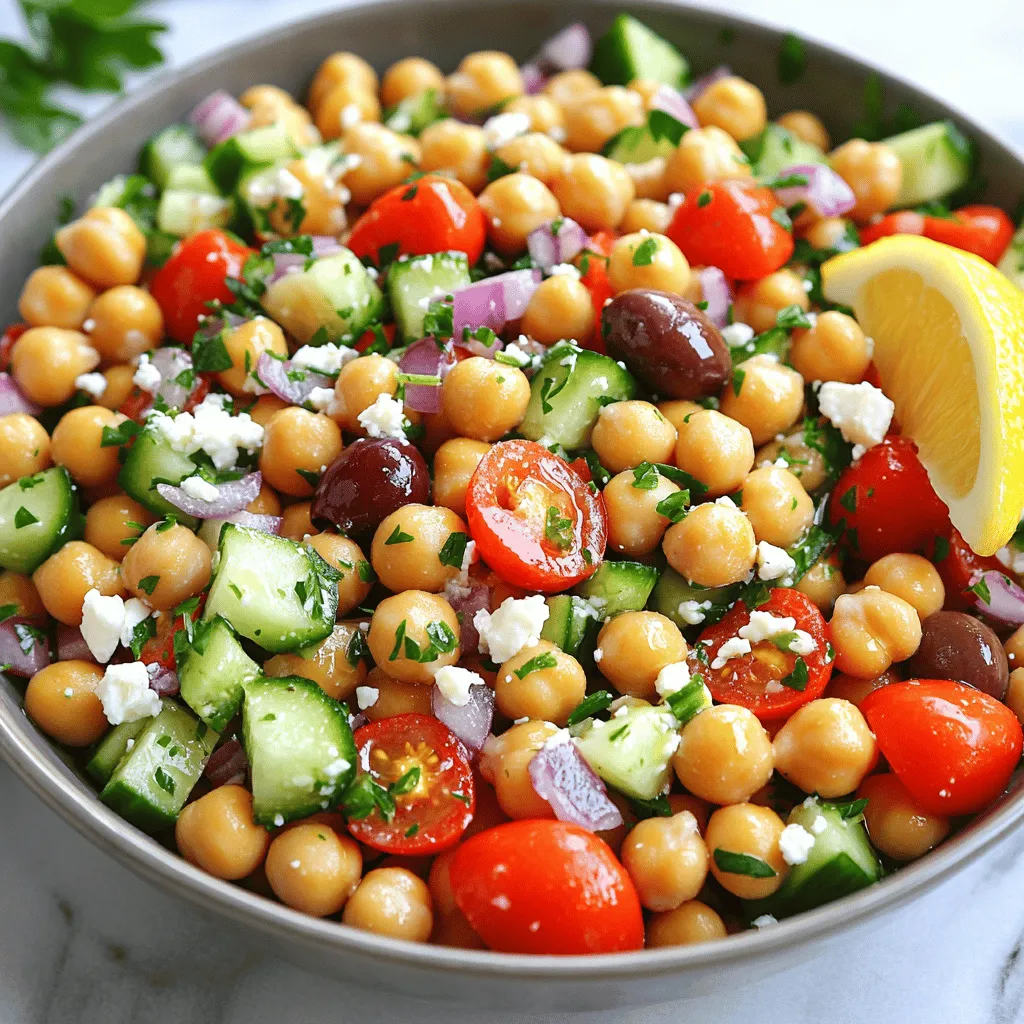 - 1 can (15 oz) chickpeas, drained and rinsed - 1 cup cherry tomatoes, halved - 1 cucumber, diced - 1 red bell pepper, diced - 1/2 red onion, finely chopped - 1/2 cup kalamata olives, pitted and sliced - 1/4 cup fresh parsley, chopped - 1/4 cup feta cheese, crumbled (optional) The chickpeas serve as the main protein in this dish. They are hearty and filling. Fresh vegetables bring color and crunch. Cherry tomatoes add sweetness, while the cucumber and bell pepper add crispness. Red onion gives a sharp bite that balances the flavors. Kalamata olives provide a briny depth. Fresh parsley adds a bright herbal note. If you choose to add feta cheese, it brings a creamy, salty punch that many love. - 3 tablespoons olive oil - 2 tablespoons lemon juice - 1 teaspoon dried oregano - Salt and pepper to taste The dressing is simple yet vibrant. Olive oil provides a rich base. Lemon juice adds acidity, which wakes up the salad. Dried oregano lends an earthy flavor that feels Mediterranean. A pinch of salt and pepper rounds out the taste, enhancing all the ingredients. A serving of this salad has about 200 calories. It contains protein from chickpeas, healthy fats from olive oil, and fiber from vegetables. The salad is low in saturated fat and offers vitamins from fresh produce. It’s a well-rounded dish that can fit into various diets. 1. Start by combining the chickpeas and vegetables. In a large bowl, mix together: - 1 can (15 oz) chickpeas, drained and rinsed - 1 cup cherry tomatoes, halved - 1 cucumber, diced - 1 red bell pepper, diced - 1/2 red onion, finely chopped - 1/2 cup kalamata olives, pitted and sliced - 1/4 cup fresh parsley, chopped 2. Now, prepare the dressing. In a small bowl, whisk together: - 3 tablespoons olive oil - 2 tablespoons lemon juice - 1 teaspoon dried oregano - Salt and pepper to taste 3. Toss the salad. Pour the dressing over the chickpea mix and gently toss to coat everything. If you like feta, sprinkle in: - 1/4 cup feta cheese, crumbled (optional) Then, give it another gentle toss to mix well. For the best flavor, let the salad marinate. I recommend letting it sit for 15 minutes at room temperature. If you have time, refrigerate it for up to 2 hours. This helps all the flavors blend nicely. When it’s time to serve, present the salad in a large, shallow bowl. For a pretty touch, garnish with extra parsley leaves and a lemon wedge on the side. This adds a fresh look and extra zest. You can enjoy this salad on its own or pair it with grilled chicken or fish for a complete meal. For the full recipe, check out the detailed instructions above. To make your Mediterranean chickpea salad shine, focus on balance. You want a mix of sweet, salty, and tangy. Add lemon juice for brightness and salt for flavor. Fresh ingredients matter too. Use ripe tomatoes and crisp cucumbers for the best taste. The quality of your olive oil also affects the flavor. A good oil enhances each bite. One big mistake is overdressing the salad. Too much dressing can drown the flavors. Aim for just enough to coat the ingredients lightly. Another common mistake is using stale ingredients. Always check your veggies and herbs. Freshness is key to a vibrant dish. You can elevate flavors with herbs and spices. Try adding mint, dill, or cilantro for a twist. A pinch of cumin or paprika adds depth too. For serving, aim for room temperature. Cold salads can dull flavors, so let it sit a bit before eating. This will ensure every bite bursts with flavor. For the full recipe, check out the [Full Recipe]. {{image_2}} You can change your chickpeas for other legumes like black beans or lentils. Each legume adds a unique taste. Goat cheese or mozzarella can replace feta cheese. This swap will create a different flavor while keeping it creamy. Using seasonal vegetables makes your salad fresh and tasty. In spring, add asparagus or radishes for crunch. Summer is great for zucchini or bell peppers. In fall, consider roasted sweet potatoes or butternut squash. Winter is perfect for hearty greens like kale or Brussels sprouts. You can switch up the dressing to keep things exciting. A balsamic vinaigrette gives a sweet and tangy taste. For a nutty twist, try a tahini dressing. This option adds creaminess and pairs well with the chickpeas. Check out the Full Recipe for more ideas on making your salad shine! To keep your Mediterranean Chickpea Salad fresh, use an airtight container. This helps to lock in moisture and flavors. Place the salad in the refrigerator right after serving. If you plan to enjoy it later, do not add feta cheese or dressing until you’re ready to eat. This keeps the salad crisp and tasty. The salad stays fresh for about three days in the fridge. After that, check for signs of spoilage. If the salad smells off or the vegetables look mushy, it’s time to toss it. Always trust your senses. Freshness is key for great flavor. You can enjoy this salad cold. There’s no need to heat it up. If you prefer a warm dish, gently warm the chickpeas in a pan. Avoid cooking the veggies. They taste best fresh and crispy. I love serving it cold on hot days. It’s refreshing and full of flavor. For the full recipe, refer to the details provided above. Mediterranean Chickpea Salad is a vibrant dish full of fresh flavors. It combines chickpeas, fresh vegetables, and olives. This salad has roots in Mediterranean cuisine, known for its healthy and colorful meals. The mix of ingredients creates a balance of taste and texture, making it a favorite for many. Yes, you can prep this salad ahead of time! To make it in advance, chop your veggies and store them separately. You can mix the dressing in another bowl. Combine everything just before serving. This keeps the salad fresh and crunchy. It’s perfect for busy days or meal prep. Mediterranean Chickpea Salad is very healthy! Chickpeas are full of protein and fiber. They help you feel full longer. Fresh veggies like tomatoes and cucumbers provide vitamins and minerals. Olive oil adds healthy fats, which are good for your heart. Overall, this salad is a nutritious choice. You can enjoy Mediterranean Chickpea Salad with many dishes. It pairs well with grilled chicken or fish. Serve it alongside pita bread or hummus for a complete meal. It also makes a great side dish for barbecues or picnics. Explore different combinations to find your favorite! For the full recipe, check out the Mediterranean Chickpea Salad section above! Mediterranean chickpea salad is simple and tasty. It combines fresh veggies, chickpeas, and feta for a healthy dish. The dressing adds a bright flavor, and proper storage keeps it fresh. You can customize this salad with seasonal ingredients or different dressings. Remember, using fresh ingredients is key to success. Overall, this salad is nutritious, easy to prepare, and great for any meal. Enjoy experimenting with your own twist while savoring the goodness of this classic dish.