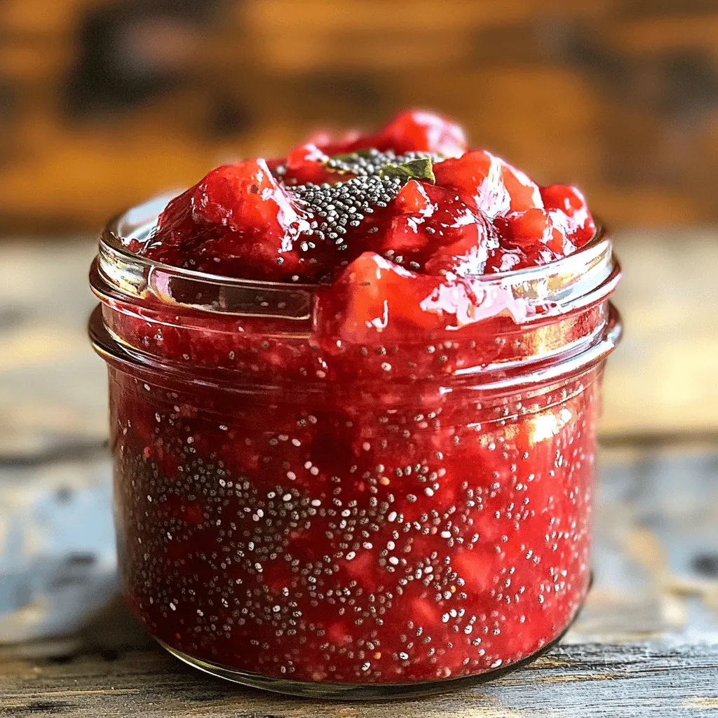 - Fresh Strawberries - Chia Seeds - Sweeteners: Honey or Maple Syrup - Lemon Juice - Salt You need fresh strawberries for this jam. Go for ripe ones for the best flavor. They should be bright red and fragrant. Chia seeds are key too. They help thicken the jam and add fiber. Next, choose your sweetener. You can use honey or maple syrup. Adjust the amount based on your taste. A splash of lemon juice brings brightness. It helps balance the sweetness. Don’t forget a pinch of salt. It enhances all the flavors in the jam. - Vanilla Extract - Other Berries or Fruits You can add vanilla extract for a warm flavor. This makes the jam taste richer. Mixing in other berries or fruits can also be fun. Try blueberries or raspberries for a twist. Chia seeds are small but mighty. They are full of fiber, protein, and omega-3 fatty acids. These nutrients can help with digestion and heart health. Strawberries are low in calories and high in vitamins. They provide vitamin C and antioxidants. These help boost your immune system. Eating strawberries can also support healthy skin. Using fresh ingredients makes this jam not only tasty but also healthy. For the full recipe, check the section above. - Hulled and Halved Strawberries Start with 2 cups of fresh strawberries. Remove the green tops and cut them in half. This helps the strawberries cook evenly. - Sweetener Addition and Initial Cooking Place the halved strawberries in a medium saucepan. Add 2 tablespoons of honey or maple syrup. Turn the heat to medium and cook for 5-7 minutes. Stir often until the strawberries soften and release their juices. - Mashing Strawberries for Desired Consistency Use a fork or potato masher to mash the strawberries. You can mash them to your liking. For a smoother jam, mash more thoroughly. - Adding Chia Seeds and Simmering Once mashed, add 2 tablespoons of chia seeds, 1 tablespoon of lemon juice, and a pinch of salt. Mix well. Lower the heat and let it simmer for 5 minutes. Stir frequently. This helps the jam thicken nicely. - Letting the Jam Cool After cooking, remove the saucepan from heat. Let the jam cool for about 10 minutes. It will continue to thicken as it cools. - Transferring to a Jar Pour the jam into a clean glass jar. Store it in the fridge. Your jam will keep fresh for up to 2 weeks. Enjoy your strawberry chia seed jam on toast or yogurt! For the full recipe, check the details above. To thicken the jam, let it simmer longer. Chia seeds absorb liquid and help create a thick texture. If the jam is too runny, add more chia seeds. Start with one extra tablespoon, then stir well. Adjusting sweetness is easy. Taste the jam before it cools. If it's not sweet enough, add more honey or maple syrup. Stir it in while the jam is warm. This ensures an even mix. You don’t need fancy tools to make this jam. A medium saucepan works well for cooking. A fork or potato masher helps mash the strawberries. Using an immersion blender can create a smoother jam. Just blend it briefly until you reach your desired texture. This method is quick and easy. Pair this jam with breakfast items like toast or pancakes. Spread it on bagels for a tasty treat. You can also top yogurt or oatmeal with it. In desserts, use the jam as a filling for cakes or pastries. It adds a fruity burst to your favorite desserts. You can even swirl it into ice cream for a fun twist. For the full recipe, check out the link provided. {{image_2}} You can make your strawberry chia seed jam even more exciting. Adding citrus zest brings a fresh twist. Try lemon or orange zest. Just a teaspoon adds great flavor. You can also mix in other fruits. Blueberries or raspberries work well. Just mash them with the strawberries. This adds depth and makes the jam unique. Want a sugar-free jam? You can use alternative sweeteners. Stevia or erythritol are good choices. They provide sweetness without calories. To reduce sugar, cut the honey or maple syrup. You can use just a bit. The natural sweetness from fresh strawberries helps a lot. Do you prefer a chunky jam? Simply mash the strawberries less. This keeps more pieces whole. If you like a smooth jam, mash well. You can also make a spreadable sauce. Just add a bit more water and chia seeds. This works great as a topping for pancakes or yogurt. To keep your jam fresh, store it in the fridge. Always use a clean jar. This helps prevent germs from getting in. Fill the jar, but leave some space at the top. This allows for expansion. Your jam will stay good for up to two weeks in the fridge. Can You Freeze Chia Seed Jam? Yes, you can freeze chia seed jam. It freezes well and keeps its flavor. Use an airtight container to prevent freezer burn. Leave some space in the container for the jam to expand as it freezes. Thawing Instructions When you're ready to use your frozen jam, thaw it in the fridge overnight. This method keeps it safe and tasty. If you're in a hurry, you can thaw it in a bowl of warm water. Avoid using the microwave, as it can change the texture. Understanding Expiration and Freshness Homemade strawberry chia seed jam lasts about two weeks in the fridge. If frozen, it can stay good for three to six months. Always check for signs of spoilage before using. If it smells off or looks strange, throw it out. Enjoy your jam while it’s fresh for the best taste! Chia seed jam is a simple spread made with fruit and chia seeds. Unlike regular jam, it uses chia seeds as a thickener instead of pectin. This gives it a unique texture and makes it healthier. Chia seeds are packed with nutrients, like fiber and omega-3s. They also absorb liquid, forming a gel-like consistency when mixed with fruit. This means you can enjoy the fruity flavor without all the added sugar found in regular jams. Homemade Strawberry Chia Seed Jam can last up to two weeks in the fridge. To keep it fresh, store it in an airtight glass jar. Make sure to let it cool before sealing the jar. If you see any mold or it smells off, it's best to toss it out. Yes, you can use frozen strawberries for this recipe. Just thaw them first and drain any excess liquid. Frozen strawberries are a great option when fresh ones aren't available. The jam will still taste delicious, and you can enjoy it any time of year. Strawberry Chia Seed Jam can be suitable for diabetics if you adjust the sweetener. Use less honey or maple syrup or choose a sugar-free sweetener. The chia seeds add healthy fiber, which can help manage blood sugar levels. Always check with your doctor to ensure it fits your diet. To adjust the recipe, change the amount of strawberries and chia seeds while keeping the ratios the same. For instance, if you want to make more jam, double the amount of strawberries, chia seeds, and sweetener. This method keeps the flavor and texture consistent. You can also check the [Full Recipe] for more details! Making Strawberry Chia Seed Jam is simple and fun. We covered the main ingredients, the step-by-step process, and storage tips. You can mix in other fruits or adjust the sweetness to fit your taste. Also, remember that this jam is healthy and tasty. Now you can enjoy this delicious treat on breakfast items or desserts. Get creative with flavors and share with friends. You’ll feel great making something fresh and homemade!