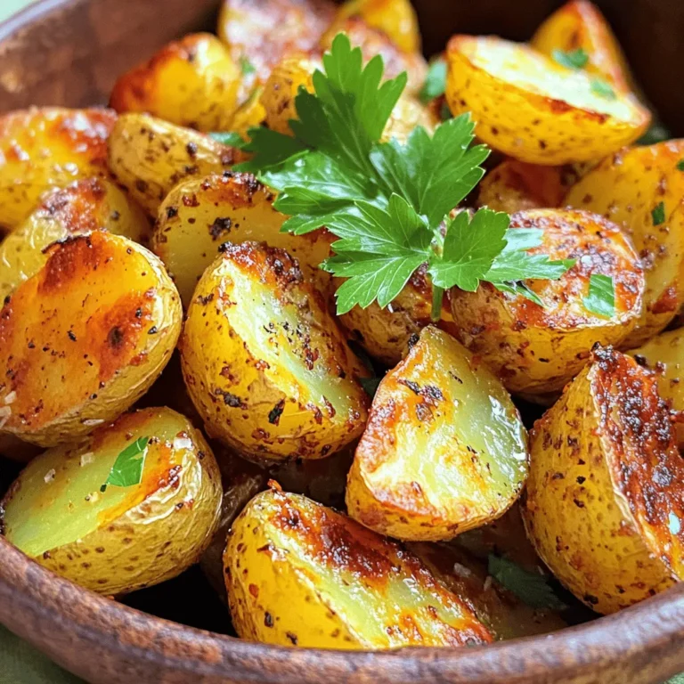 - 2 pounds baby potatoes (red or yellow), halved - 3 tablespoons olive oil - 1 teaspoon garlic powder - 1 teaspoon onion powder - 1 teaspoon smoked paprika - ½ teaspoon dried rosemary - ½ teaspoon dried thyme - Salt and pepper to taste To make crispy roasted potatoes, you need a few key items. I love baby potatoes because they cook evenly and get crisp. Olive oil is vital for that golden brown look and flavor. I always use spices like garlic and onion powder for a savory boost. Smoked paprika adds a smoky touch. Dried rosemary and thyme bring a lovely herbal note. Finally, season with salt and pepper to enhance all the flavors. - Fresh parsley for garnish - Alternative herbs and spices (e.g., oregano, chili powder) If you want to take it up a notch, fresh parsley makes a lovely garnish. You can also experiment with other herbs like oregano or spices like chili powder for a kick. These options can add more depth and excitement to your crispy roasted potatoes. Try mixing and matching to find your favorite flavor! For the complete list of ingredients and instructions, check out the Full Recipe. 1. Start by preheating your oven to 425°F (220°C). This heat makes the potatoes crispy. 2. Next, wash the baby potatoes well under cold water. Dirt can stick to them, so clean them thoroughly. 3. Cut each potato in half. This helps them cook evenly and get more crispy edges. 1. In a large bowl, mix the halved potatoes with olive oil, garlic powder, onion powder, smoked paprika, dried rosemary, dried thyme, salt, and pepper. 2. Toss everything together well. You want every potato to be coated with the seasoning. This ensures each bite is packed with flavor. 1. Spread the seasoned potatoes on the baking sheet in a single layer. Place them cut side down. This helps them get that golden brown color. 2. Roast the potatoes for 25-30 minutes. Halfway through, flip them over. This step is key for even crispiness on both sides. 3. Once golden and crispy, take them out and let them cool a bit. Then, sprinkle with fresh parsley for a nice finish. For the full recipe, check out the detailed instructions to ensure perfect results! When making crispy roasted potatoes, choose between red and yellow baby potatoes. Red potatoes have a smooth texture. Yellow potatoes offer a rich, buttery taste. Both types work well in this recipe. The size of your potatoes matters too. Smaller potatoes roast better. They cook evenly and become crispier. Aim for baby potatoes that are similar in size. This helps them cook at the same rate. Oil plays a big role in crispiness. I recommend using olive oil. It adds a nice flavor and helps the potatoes brown. Use about three tablespoons for two pounds of potatoes. For the best results, roast at a high temperature. Preheat your oven to 425°F (220°C). This heat makes the outside crunchy and the inside soft. Keep an eye on them as they roast. Flipping them halfway through helps get an even crisp. When serving, presentation is key. Place the roasted potatoes in a rustic bowl. Garnish with fresh parsley for color. This adds a pop of green that looks great. Pair your crispy potatoes with a dip or sauce. They go well with garlic aioli or a spicy ketchup. These options enhance the flavor and make them even more enjoyable. For the full recipe, refer to the earlier section. {{image_2}} You can change the taste of your crispy roasted potatoes in fun ways. Adding fresh herbs makes a big difference. Try using dill or tarragon for a fresh twist. These herbs bring a new flavor that brightens your dish. You can also add cheese or spices. Grated Parmesan adds a rich, salty kick. If you like heat, sprinkle some cayenne pepper on top. This gives your potatoes a nice, spicy bite. Feel free to experiment with other flavors too. Each choice can create a unique dish. You can cook these potatoes in different ways. The air fryer is a great option if you want crispy results fast. It uses hot air to make the potatoes crunchy without much oil. Just set the fryer to 400°F (200°C) and cook for about 20 minutes. Shake the basket halfway through for even crispiness. If you want to grill them, cut the potatoes into larger pieces. This helps them hold up on the grill. Toss the seasoned potatoes in a grill basket and cook over medium heat. Grill for 15-20 minutes, turning often, until they are crispy and tender. Each method gives a different taste and texture. Both are delicious! To keep leftover crispy roasted potatoes tasty, store them in the fridge. Place them in an airtight container. This keeps moisture out and helps them stay fresh. Use them within three days for the best taste. When you reheat them, aim for the oven instead of the microwave. The oven helps regain that crunchy texture. Set your oven to 400°F (200°C). Spread the potatoes on a baking sheet. Heat them for about 10-15 minutes until they are crispy again. If you want to save your crispy roasted potatoes for later, you can freeze them. First, let them cool completely. Then, spread them out on a baking sheet in a single layer. Freeze them for about an hour. This step prevents them from sticking together. Once frozen, transfer them to a freezer bag. Remove as much air as you can before sealing. When you want to eat them, thaw in the fridge overnight. Reheat in the oven as mentioned earlier. Be aware that freezing may change their texture. They can become softer and less crispy. But with the right reheating, they still taste great. Enjoy these potatoes from the Full Recipe any time! To make your roasted potatoes crispy, you need the right oil and techniques. Use olive oil, as it helps in achieving the perfect crunch. Make sure to coat your potatoes evenly. A single layer on the baking sheet is vital. This allows hot air to reach all sides. Flip them halfway through cooking. This helps them brown evenly on all sides. Yes, you can use larger potatoes. However, you need to cut them into smaller pieces. This ensures they cook evenly. Larger pieces will need more time to roast. Check for doneness by poking with a fork. If it goes in easily, they are ready. Crispy roasted potatoes pair well with many sides. Try serving them with grilled chicken or fish. They also go great with a fresh salad. Roasted veggies or a creamy dip can enhance the meal. These combinations create a balanced plate. For the full recipe, check out the Crispy Roasted Potatoes Delight section. To sum up, making crispy roasted potatoes is simple and fun. You need baby potatoes, olive oil, and seasonings like garlic powder and smoked paprika. Following the steps helps you achieve perfection. Remember to choose the right potatoes and use oil wisely for the best crispiness. You can even try different flavors with herbs and cheese or switch cooking methods. Enjoy your delicious, homemade crispy roasted potatoes with tasty dips or sides. Happy cooking!