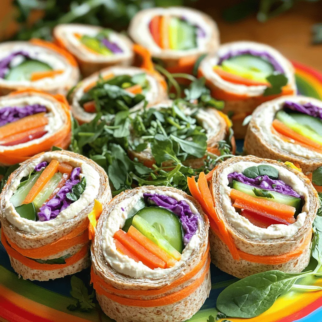 When making rainbow veggie pinwheels, it's all about bright colors and fresh flavors. Here’s what you need: - 4 large whole wheat tortillas - 1/2 cup cream cheese, softened - 1/4 cup hummus (any flavor you prefer) - 1 cup spinach leaves, washed and dried - 1 medium carrot, grated - 1 red bell pepper, thinly sliced - 1 cup cucumber, julienned - 1/2 cup purple cabbage, shredded - Salt and pepper to taste - Optional: Fresh herbs (like dill or parsley) for garnish Each ingredient plays a key role in taste and nutrition. Whole wheat tortillas serve as a great base, adding fiber. Cream cheese and hummus provide a creamy texture. The veggies bring color and crunch. Spinach is rich in iron, while carrots add sweetness. Red bell peppers give a fresh, juicy bite, and cucumbers add a refreshing coolness. Purple cabbage not only looks pretty but is packed with vitamins. Feel free to add your favorite herbs as a garnish. They can elevate the flavor and add a gourmet touch. These ingredients make the pinwheels not just a snack, but a fun, healthy treat. For the full recipe, check out the details provided earlier. Start by making your spreads. Take a small bowl and mix the softened cream cheese with salt and pepper. This mix should be smooth and creamy. You can also add fresh herbs for a tasty twist. Next, set aside your hummus. You can use any flavor you like, but I love roasted garlic. It adds great depth to the pinwheels. Now, let’s build our pinwheels. Lay a whole wheat tortilla on a clean surface. Spread that creamy cheese mix all over the tortilla, reaching the edges. This base keeps everything from falling out. Now, start layering your veggies. First, place spinach leaves. Then, add grated carrot, red bell pepper slices, cucumber, and purple cabbage. Be sure to mix the colors for a beautiful rainbow. Next, spread a thin layer of hummus over the veggies. This adds flavor and ties everything together. You want to keep it thin so the pinwheel rolls tightly. It's time to roll it up. Starting from one end with the fillings, roll the tortilla tightly. Keep the filling secure as you roll. Once you reach the other end, you should have a nice, tight roll. Use a sharp knife to slice the pinwheel into bite-sized pieces, about 1 to 2 inches wide. For a clean cut, wipe the knife with a damp cloth after each slice. Arrange your colorful pinwheels on a platter, and if you want, sprinkle some fresh herbs on top for flair. Enjoy these tasty bites! For the complete recipe, check out the Full Recipe section. To create a stunning rainbow effect, use a variety of colorful veggies. Start with spinach for a vibrant green base. Next, add grated carrot for orange, red bell pepper for red, cucumber for a fresh green, and purple cabbage for a pop of purple. Layer each veggie in a way that shows off their colors. This will make your pinwheels look fun and inviting. Remember, the more colors, the better! When it’s time to slice your pinwheels, use a sharp knife. This helps you get clean cuts without squishing the veggies. Aim for slices that are about 1 to 2 inches wide. If you slice too thick, the pinwheels may fall apart. If you slice too thin, you lose some of that colorful effect. A gentle sawing motion works best to keep everything intact. Serve your rainbow veggie pinwheels on a big platter. You can arrange them in a circular pattern or stack them upright in a jar. This makes for a fun display. Pair them with extra hummus or a tangy yogurt dip for added flavor. You can also add some fresh herbs on top for a nice touch. This makes your snack look even more appealing and tasty. For the full recipe, check out the detailed instructions. {{image_2}} You can change up the spreads for more flavor. Instead of cream cheese, try using avocado or a spicy bean dip. These options add creaminess and extra taste. You can also mix cream cheese with herbs like chives or basil. This gives a fresh twist. For dips, pair your pinwheels with ranch dressing, tzatziki, or a spicy salsa. These dips provide zing and keep it fun! Feel free to mix and match veggies to your liking. Try adding sliced radishes for crunch or roasted red peppers for sweetness. Zucchini ribbons can add a fun texture. You can even add some fruit, like thin apple slices, for a sweet touch. Just remember to keep the colors bright for that rainbow look. The more colors, the more fun—and healthy! To make these pinwheels vegan, swap cream cheese for a plant-based cream cheese or hummus. Make sure your tortillas are dairy-free too. You can use a variety of veggies like bell peppers, carrots, and sprouts. Add a spread of guacamole for creaminess. These changes keep your pinwheels just as tasty and colorful. Enjoy experimenting with flavors and textures! For the full recipe, check out the Rainbow Veggie Pinwheels. To keep your Rainbow Veggie Pinwheels fresh, wrap each one in plastic wrap. This helps prevent them from drying out. You can also place them in an airtight container. Make sure to store them in the fridge. They can last for up to three days if stored properly. For the best taste, eat your pinwheels within the first day. The veggies stay crisp and colorful. If you have leftovers, keep the ingredients separate. Store the tortillas, cream cheese, and veggies in different containers. This way, they won’t get soggy. These pinwheels are best enjoyed cold, but you can warm them up if you like. To reheat, place them in a microwave for about 10-15 seconds. This softens the cream cheese without making the veggies wilt. Avoid overheating, as it can change the texture and taste. For the full recipe, check out the instructions above. Yes, you can make these pinwheels ahead of time. I recommend wrapping them tightly in plastic wrap. This keeps them fresh and helps maintain their shape. Store them in the fridge for up to two days. If you slice them too early, they may dry out. I suggest slicing just before serving. Whole wheat tortillas work great for Rainbow Veggie Pinwheels. They add nutrition and a nice texture. You can also try spinach or tomato tortillas for extra color. These options not only taste good but make your pinwheels look even more vibrant. You can change the spreads to match your taste. Instead of cream cheese, try guacamole or a bean spread. You can also mix different veggies. Try adding avocado, radishes, or even cooked sweet potatoes. Be playful and create your own unique flavor combinations! Absolutely! Adding proteins can make these pinwheels a more filling snack. You can include sliced turkey, chicken, or tofu. Just make sure to keep the flavors balanced. You want the veggies to shine through, so don’t overload them with protein. To enhance the color, use a variety of veggies. Try yellow bell peppers, purple carrots, or even beets. Each color adds its own flavor and nutrients. When you stack the veggies, aim for a rainbow effect. It makes the pinwheels more fun and appealing. Yes! Rainbow Veggie Pinwheels are perfect for parties. They look great and are easy to grab. Just arrange them on a platter for a colorful display. You can also serve them with dips like ranch or tzatziki to add more flavor. You can pair your pinwheels with a variety of dips. Hummus, salsa, or yogurt-based dips work well. You could also serve fresh fruit or a light salad on the side. This adds more color and keeps the meal light and healthy. I don’t recommend freezing them. The fresh veggies will lose their crunch and texture. It’s best to enjoy them fresh. If you want to prepare in advance, store them in the fridge as mentioned earlier. For the full recipe, check out the detailed instructions and ingredient list above. Enjoy making your Rainbow Veggie Pinwheels! You learned how to make tasty Rainbow Veggie Pinwheels with simple steps. We covered the ingredients, from whole wheat tortillas to fresh veggies. You now know how to prepare spreads, layer your ingredients, and slice pinwheels like a pro. I shared tips for rainbow colors and storage tricks, ensuring your pinwheels stay fresh. Remember, these snacks are fun to customize. Get creative with spreads and veggies you love. Enjoy making and sharing these healthy treats with others!