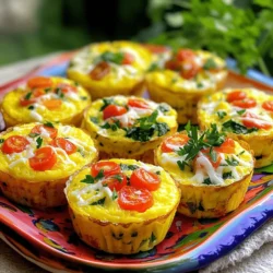 - 6 large eggs - 1 cup spinach, chopped - 1/2 cup bell peppers, diced (red and yellow for color) - 1/4 cup red onion, diced - 1/2 cup cherry tomatoes, halved - 1/2 cup shredded cheese (cheddar or mozzarella) - 1/4 cup milk (dairy or non-dairy) - Salt and pepper to taste - 1/2 teaspoon garlic powder - 1/2 teaspoon paprika - Olive oil or non-stick spray for greasing the muffin tin - Various vegetables (zucchini, mushrooms, or broccoli) - Fresh herbs (parsley, cilantro, or basil) - Muffin tin - Mixing bowls - Whisk - Oven When I make my veggie loaded egg muffins, I focus on bright and fresh ingredients. The eggs serve as a great base. They are full of protein and flavor. I love adding spinach for its health benefits. Bell peppers add color and crunch. Red onion gives a nice bite to the muffins. I often use cherry tomatoes for a sweet taste. Cheese adds creaminess, which makes each bite delightful. Milk helps to bind everything together while keeping the muffins moist. Don’t forget salt and pepper! They bring out the taste of the veggies. Garlic powder and paprika add a little zing. You can also mix in optional add-ins. Zucchini, mushrooms, or broccoli work great. Fresh herbs like parsley or basil can make your muffins even better. Before you start, gather your cooking tools. A muffin tin is essential. Mixing bowls help with the prep. A whisk is perfect for blending the eggs and milk. Finally, you need an oven to bake those delicious muffins. For the full recipe, check out the instructions later in the article! - Preheat the oven to 350°F (175°C). - Grease the muffin tin with olive oil or non-stick spray. This helps the muffins come out easily. - In a bowl, whisk together the eggs and milk. This makes a smooth mixture. - Next, add the chopped spinach, diced bell peppers, diced red onion, and halved cherry tomatoes. - Stir in shredded cheese, garlic powder, paprika, salt, and pepper. Mix everything well. - Pour the egg mixture into the muffin cups. Fill each cup about two-thirds full. - Bake in the preheated oven for 20-25 minutes. The muffins should puff up and look set. - To check if they are done, stick a toothpick in the center. If it comes out clean, they are ready! Now, you can enjoy these veggie loaded egg muffins for a tasty breakfast boost! For the full recipe, refer to the recipe section. To get the best texture for your veggie loaded egg muffins, bake them until golden brown on top. This gives them a nice look and a firm bite. Avoid overfilling the muffin cups. Fill each cup about two-thirds full. This way, the muffins will rise perfectly without spilling over. When serving, enjoy these muffins warm. They taste great with salsa or avocado dip. You can also pair them with fresh fruit or a salad. This adds color and a fresh touch to your meal. For quick reheating, use the microwave. Just pop them in for 30 seconds. If you prefer a crispy texture, heat them in the oven. Set the oven to 350°F and bake for about 10 minutes. This keeps them tasty and warm. {{image_2}} You can have fun with the veggies in your egg muffins. Use seasonal vegetables or leftover ones from your fridge. Zucchini, kale, or mushrooms work great. For a pop of color, mix red and yellow bell peppers. You can also swap cheeses to create different flavors. Try feta, goat cheese, or pepper jack for a twist. If you need gluten-free options, you are in luck! These muffins are naturally gluten-free, so enjoy without worry. You can also make vegan modifications using egg substitutes. Silken tofu or chickpea flour are great choices for a plant-based version. Just mix them with seasonings and follow the same steps. Want a little heat? Add hot sauce or spices like cayenne or chili powder. You can also include bacon or sausage for a non-vegetarian twist. This makes your muffins even heartier and adds a savory kick. Feel free to get creative and mix flavors that you love! For the full recipe, check out the details above. Store your veggie loaded egg muffins in an airtight container in the refrigerator. They stay fresh for up to 5 days. This method keeps them moist and tasty for your busy mornings. Just grab and go! To freeze your muffins, let them cool completely first. Place them in a single layer on a baking sheet. After freezing for a few hours, transfer them to a freezer bag. This prevents them from sticking together. For thawing, take out what you need and let them sit in the fridge overnight. Reheat in the microwave or oven for a warm meal. These muffins are perfect for meal prep! Make a big batch on the weekend. This saves time on busy mornings. They are great for portion control too, ensuring you eat a healthy breakfast. You can mix and match the veggies for variety throughout the week. Enjoy a different flavor every day! Yes, you can experiment with various vegetables and proteins. I love adding mushrooms or zucchini for extra flavor. You can also mix in some cooked chicken or turkey for protein. Just make sure not to add too much liquid. It keeps the muffins from puffing up nicely! The muffins are done when they are puffy and a toothpick comes out clean. It's best to check them around the 20-minute mark. If they still look wet, give them a few more minutes. The texture should be light and airy. Packed with protein and vegetables, they are a nutritious choice! Each muffin is low in carbs and full of vitamins. They are perfect for a balanced breakfast that keeps you full. Plus, they are easy to make and store. The total cook time is approximately 35 minutes, including prep. It takes about 10 minutes to mix the ingredients and 20-25 minutes to bake. This quick recipe lets you enjoy a healthy breakfast without a long wait. Yes, you can use alternatives like silken tofu or chickpea flour for a vegan version. Blending silken tofu gives a nice texture. For chickpea flour, mix it with water to create a batter. Both options work well and keep the muffins tasty! For more details on making these muffins, check the Full Recipe. In this post, we explored how to make delicious Veggie Loaded Egg Muffins. You learned about key ingredients, optional add-ins, and the cooking tools you need. I provided step-by-step instructions for mixing and baking. With tips for the best texture and plenty of variations, you can create muffins that suit your taste. Finally, you now have storage tricks and meal prep ideas. These muffins are not just easy to make; they are also healthy and versatile. Enjoy your cooking and get creative with your flavors!