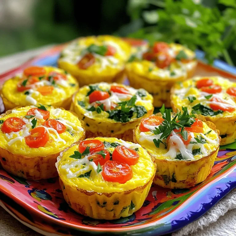 - 6 large eggs - 1 cup spinach, chopped - 1/2 cup bell peppers, diced (red and yellow for color) - 1/4 cup red onion, diced - 1/2 cup cherry tomatoes, halved - 1/2 cup shredded cheese (cheddar or mozzarella) - 1/4 cup milk (dairy or non-dairy) - Salt and pepper to taste - 1/2 teaspoon garlic powder - 1/2 teaspoon paprika - Olive oil or non-stick spray for greasing the muffin tin - Various vegetables (zucchini, mushrooms, or broccoli) - Fresh herbs (parsley, cilantro, or basil) - Muffin tin - Mixing bowls - Whisk - Oven When I make my veggie loaded egg muffins, I focus on bright and fresh ingredients. The eggs serve as a great base. They are full of protein and flavor. I love adding spinach for its health benefits. Bell peppers add color and crunch. Red onion gives a nice bite to the muffins. I often use cherry tomatoes for a sweet taste. Cheese adds creaminess, which makes each bite delightful. Milk helps to bind everything together while keeping the muffins moist. Don’t forget salt and pepper! They bring out the taste of the veggies. Garlic powder and paprika add a little zing. You can also mix in optional add-ins. Zucchini, mushrooms, or broccoli work great. Fresh herbs like parsley or basil can make your muffins even better. Before you start, gather your cooking tools. A muffin tin is essential. Mixing bowls help with the prep. A whisk is perfect for blending the eggs and milk. Finally, you need an oven to bake those delicious muffins. For the full recipe, check out the instructions later in the article! - Preheat the oven to 350°F (175°C). - Grease the muffin tin with olive oil or non-stick spray. This helps the muffins come out easily. - In a bowl, whisk together the eggs and milk. This makes a smooth mixture. - Next, add the chopped spinach, diced bell peppers, diced red onion, and halved cherry tomatoes. - Stir in shredded cheese, garlic powder, paprika, salt, and pepper. Mix everything well. - Pour the egg mixture into the muffin cups. Fill each cup about two-thirds full. - Bake in the preheated oven for 20-25 minutes. The muffins should puff up and look set. - To check if they are done, stick a toothpick in the center. If it comes out clean, they are ready! Now, you can enjoy these veggie loaded egg muffins for a tasty breakfast boost! For the full recipe, refer to the recipe section. To get the best texture for your veggie loaded egg muffins, bake them until golden brown on top. This gives them a nice look and a firm bite. Avoid overfilling the muffin cups. Fill each cup about two-thirds full. This way, the muffins will rise perfectly without spilling over. When serving, enjoy these muffins warm. They taste great with salsa or avocado dip. You can also pair them with fresh fruit or a salad. This adds color and a fresh touch to your meal. For quick reheating, use the microwave. Just pop them in for 30 seconds. If you prefer a crispy texture, heat them in the oven. Set the oven to 350°F and bake for about 10 minutes. This keeps them tasty and warm. {{image_2}} You can have fun with the veggies in your egg muffins. Use seasonal vegetables or leftover ones from your fridge. Zucchini, kale, or mushrooms work great. For a pop of color, mix red and yellow bell peppers. You can also swap cheeses to create different flavors. Try feta, goat cheese, or pepper jack for a twist. If you need gluten-free options, you are in luck! These muffins are naturally gluten-free, so enjoy without worry. You can also make vegan modifications using egg substitutes. Silken tofu or chickpea flour are great choices for a plant-based version. Just mix them with seasonings and follow the same steps. Want a little heat? Add hot sauce or spices like cayenne or chili powder. You can also include bacon or sausage for a non-vegetarian twist. This makes your muffins even heartier and adds a savory kick. Feel free to get creative and mix flavors that you love! For the full recipe, check out the details above. Store your veggie loaded egg muffins in an airtight container in the refrigerator. They stay fresh for up to 5 days. This method keeps them moist and tasty for your busy mornings. Just grab and go! To freeze your muffins, let them cool completely first. Place them in a single layer on a baking sheet. After freezing for a few hours, transfer them to a freezer bag. This prevents them from sticking together. For thawing, take out what you need and let them sit in the fridge overnight. Reheat in the microwave or oven for a warm meal. These muffins are perfect for meal prep! Make a big batch on the weekend. This saves time on busy mornings. They are great for portion control too, ensuring you eat a healthy breakfast. You can mix and match the veggies for variety throughout the week. Enjoy a different flavor every day! Yes, you can experiment with various vegetables and proteins. I love adding mushrooms or zucchini for extra flavor. You can also mix in some cooked chicken or turkey for protein. Just make sure not to add too much liquid. It keeps the muffins from puffing up nicely! The muffins are done when they are puffy and a toothpick comes out clean. It's best to check them around the 20-minute mark. If they still look wet, give them a few more minutes. The texture should be light and airy. Packed with protein and vegetables, they are a nutritious choice! Each muffin is low in carbs and full of vitamins. They are perfect for a balanced breakfast that keeps you full. Plus, they are easy to make and store. The total cook time is approximately 35 minutes, including prep. It takes about 10 minutes to mix the ingredients and 20-25 minutes to bake. This quick recipe lets you enjoy a healthy breakfast without a long wait. Yes, you can use alternatives like silken tofu or chickpea flour for a vegan version. Blending silken tofu gives a nice texture. For chickpea flour, mix it with water to create a batter. Both options work well and keep the muffins tasty! For more details on making these muffins, check the Full Recipe. In this post, we explored how to make delicious Veggie Loaded Egg Muffins. You learned about key ingredients, optional add-ins, and the cooking tools you need. I provided step-by-step instructions for mixing and baking. With tips for the best texture and plenty of variations, you can create muffins that suit your taste. Finally, you now have storage tricks and meal prep ideas. These muffins are not just easy to make; they are also healthy and versatile. Enjoy your cooking and get creative with your flavors!