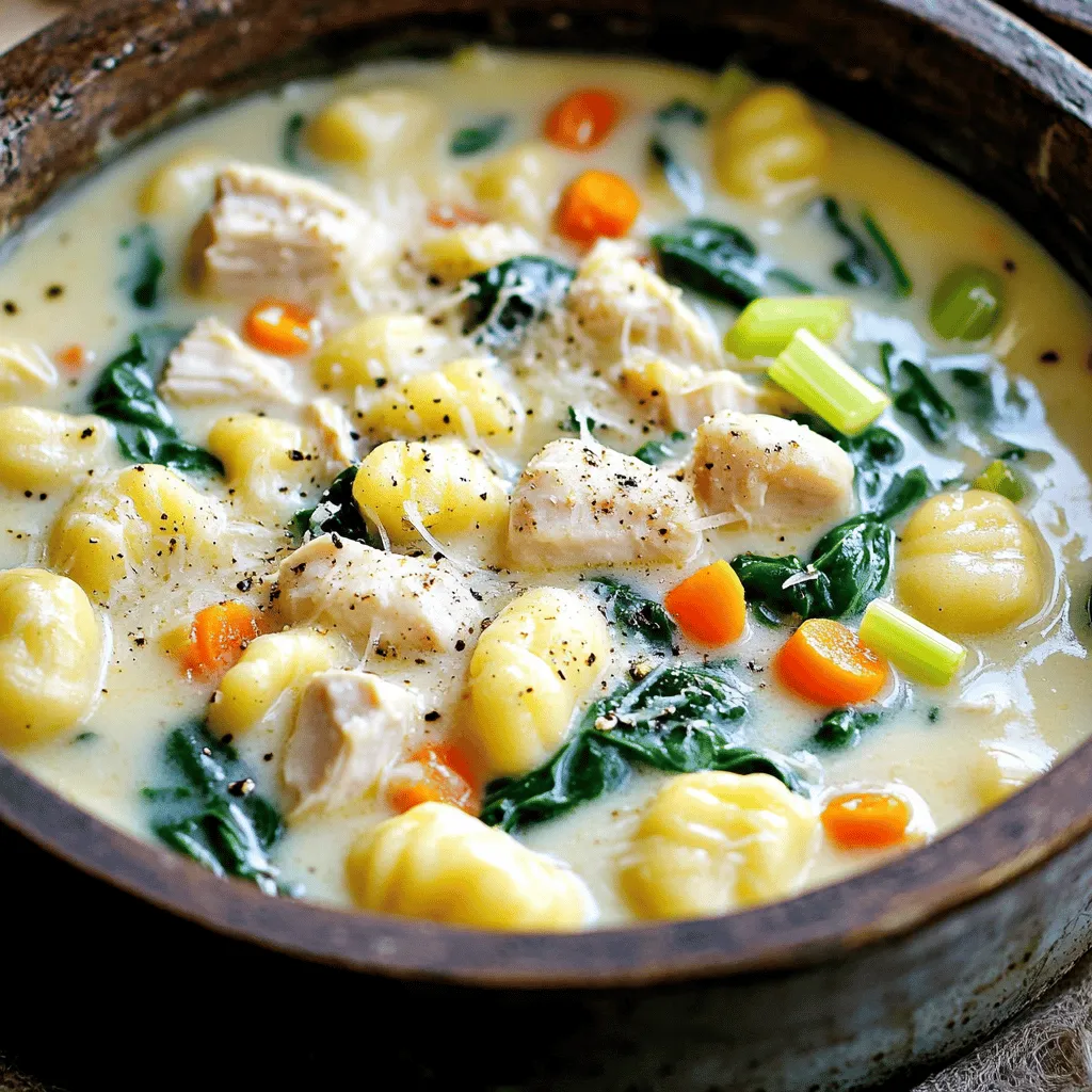 When making Chicken Gnocchi Soup, you need a few key ingredients. Each one adds flavor and texture. Let's break them down. - 1 pound chicken breast, boneless and skinless, cubed - 4 cups chicken broth - 1 cup heavy cream The chicken gives the soup a hearty base. I recommend using fresh chicken breast for the best taste. Chicken broth adds depth. Heavy cream turns it creamy and rich. - 2 cups fresh spinach - 2 carrots, diced - 1 celery stalk, diced - 1 small onion, finely chopped - 3 cloves garlic, minced - 1 teaspoon dried thyme - 1 teaspoon dried oregano - Salt and pepper to taste Your vegetables bring color and nutrition. Spinach adds a healthy touch. Carrots and celery give sweetness and crunch. Onions and garlic add a savory flavor. Thyme and oregano enhance the aroma. Don’t forget to season with salt and pepper to make it pop! - 2 tablespoons olive oil - Grated Parmesan cheese for garnish Olive oil is perfect for sautéing your veggies. It adds a nice flavor. Finally, top your soup with grated Parmesan cheese. It will make each bowl look fancy and taste even better. For the full recipe, check out the instructions below. 1. Sauté vegetables and seasonings: Start by heating olive oil in a large pot over medium heat. Add chopped onion, diced carrots, and diced celery. Sauté these until they soften, which takes about 5 to 6 minutes. Then, add minced garlic, dried thyme, and oregano. Cook for one more minute until the kitchen smells great. 2. Brown the chicken: Next, add cubed chicken to the pot. Season with salt and pepper. Cook the chicken until it’s browned on all sides, which takes about 7 to 8 minutes. This step builds flavor, so don’t rush it! 3. Simmer with broth and gnocchi: Pour in the chicken broth and bring the mix to a boil. Once it boils, reduce the heat and let it simmer for 10 minutes. After that, stir in the potato gnocchi and cook for another 3 to 4 minutes. The gnocchi will float when they are done, which is how you know they are ready. 1. Stir in cream and spinach: Lower the heat and add the heavy cream to the pot. Then, toss in the fresh spinach. Let the soup simmer for 2 to 3 minutes until the spinach wilts and everything is heated through. 2. Adjust seasoning: After that, taste your soup! You might want to add more salt and pepper to bring out the flavors even more. 3. Presentation tips: When you serve, make sure to ladle the soup into bowls. Top each bowl with grated Parmesan cheese for a nice finish. It adds flavor and makes it look great too! For the complete recipe, you can check out the Full Recipe section. Enjoy your warm bowl of Chicken Gnocchi Soup! To make the best Chicken Gnocchi Soup, start with sautéing the vegetables right. Use a large pot and heat olive oil over medium heat. Add onions, carrots, and celery. Cook them for 5-6 minutes until they soften. This step builds a strong base of flavor. For cooking gnocchi, it’s simple. Add the gnocchi to the soup when it’s boiling. They will float when they are done, which takes about 3-4 minutes. This means they are ready, and you can add them right into your soup. To achieve the right soup consistency, you want it creamy but not too thick. Stir in the heavy cream after the gnocchi. If the soup is too thick, add more chicken broth until it’s just right. This keeps everything smooth and tasty. Pair your Chicken Gnocchi Soup with some crusty bread. A nice sourdough or baguette works great. This adds a nice crunch and complements the soup’s creaminess well. For ideal side dishes, think about a fresh salad. A simple green salad with lemon vinaigrette can brighten the meal. You can also serve it with a light pasta dish for a fuller dinner. Enjoy your cozy meal! {{image_2}} You can easily change the protein in this soup. Try using turkey instead of chicken. Shrimp also works well for a seafood twist. Both options add unique flavors and textures. Feel free to mix up the vegetables, too. You can use peas, zucchini, or even kale. These swaps let you customize the soup to your taste. If you need a gluten-free option, look for gluten-free gnocchi. Many brands offer great tasting alternatives. You can enjoy the same comfort without the gluten. For a dairy-free version, substitute the heavy cream with coconut milk or almond milk. These alternatives keep the soup creamy while fitting your dietary needs. To keep your Chicken Gnocchi Soup fresh, first let it cool. Use airtight containers to store it. This helps keep out air and moisture. You can refrigerate the soup for up to four days. If you want to save it longer, freeze it. In the freezer, it lasts for about three months. When freezing, make sure to leave some space in the container. The soup will expand as it freezes. When it's time to enjoy your soup again, reheating is easy. Use a pot on the stove for the best result. Heat it on low to avoid burning the bottom. Stir often to help it warm evenly. If the soup seems thick, add a splash of broth or water. This will help bring back the creamy texture. Avoid the microwave if you can. It can cause the gnocchi to become mushy. Reheat just until hot, and enjoy every comforting bite! What is the origin of Chicken Gnocchi Soup? Chicken Gnocchi Soup comes from Italy. Gnocchi is a type of pasta made from potatoes. It is soft and chewy. This soup combines gnocchi with chicken and veggies in a creamy broth. Many cooks love this dish for its warmth and comfort. Can I make Chicken Gnocchi Soup in advance? Yes, you can make Chicken Gnocchi Soup ahead of time. Just store it in the fridge. It tastes even better the next day as flavors blend. When you reheat, add a splash of broth for creaminess. How do I make Chicken Gnocchi Soup in a slow cooker? To make this soup in a slow cooker, add all the ingredients except the cream and spinach. Cook on low for 6 hours or high for 3 hours. Stir in the cream and spinach just before serving. This method makes it easy and hands-off. Can I use fresh gnocchi instead of packaged? Yes, you can use fresh gnocchi. It cooks faster than packaged gnocchi. Just add it during the last few minutes of cooking. This will keep it tender and delicious. What to serve with Chicken Gnocchi Soup? This soup pairs well with crusty bread or a fresh salad. You can also serve it with garlic bread for a tasty side. Both options help soak up the creamy broth and add to the meal. For the full recipe, check out the details above. This Chicken Gnocchi Soup is easy to make and full of flavor. We explored all the key ingredients, from chicken to vegetables and seasonings. Follow the step-by-step instructions for a hearty meal. Use my cooking tips to perfect your soup and try different variations to suit your taste. Store leftovers properly to enjoy later. Overall, this dish is a tasty choice for any occasion. Now, gather your ingredients and start cooking a warm bowl of comfort.