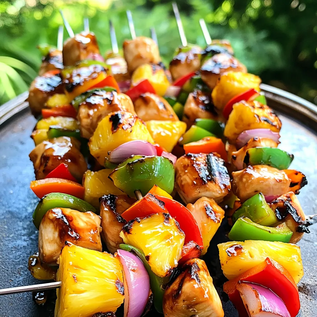 - 1 pound chicken breast, cut into 1-inch cubes - 1 medium pineapple, cut into 1-inch cubes - Bell peppers and red onion, cut into 1-inch pieces - Teriyaki sauce and honey, for sweetness and flavor - 1 tablespoon sesame oil, for a nutty taste - 1 teaspoon garlic powder, for depth - 1 teaspoon ginger powder, for warmth - Salt and pepper to taste, to enhance flavors - Wooden skewers, soaked in water for 30 minutes - Mixing bowl, for combining marinade - Grill, to cook kabobs to perfection You can easily make these kabobs with fresh, simple ingredients. The sweet and savory teriyaki sauce pairs well with chicken and pineapple. You get a taste of summer with every bite. When you use the marinade, it infuses the chicken with flavor. The bell peppers and onion add color and crunch. For the tools, soaking the wooden skewers is key. It keeps them from catching fire on the grill. A mixing bowl helps you blend the marinade well. Grilling brings out the best flavors. The heat caramelizes the pineapple and chicken, making them even tastier. I suggest using fresh produce for the best taste. The recipe is easy to follow, and you'll find the full recipe in the article. - In a bowl, mix together the teriyaki sauce, honey, sesame oil, garlic powder, ginger powder, salt, and pepper. This mix will make the chicken tasty. - Cut your chicken breast into 1-inch cubes. Add them to the marinade. Make sure each piece is coated well. Cover the bowl and put it in the fridge. Let it marinate for at least 30 minutes. For a richer flavor, let it sit overnight. - If you are using wooden skewers, soak them in water for at least 30 minutes. This step helps prevent burning on the grill. - While the skewers soak, cut your vegetables and pineapple into 1-inch pieces. You will need red and green bell peppers and red onion. This colorful mix adds fun and flavor to the kabobs. - Preheat your grill or grill pan to medium heat. A hot grill makes for juicy kabobs. - After soaking, thread the marinated chicken, pineapple, red bell pepper, green bell pepper, and red onion onto the skewers. Alternate the ingredients for a beautiful look. - Once the grill is hot, place the kabobs on it. Grill for about 10-12 minutes. Turn them every few minutes. This helps everything cook evenly. The chicken should be fully cooked, and the pineapple will caramelize nicely. - When done, take the kabobs off the grill. Let them rest for a few minutes before serving. Enjoy them hot with extra teriyaki sauce for dipping if you like. For the complete recipe, check the full recipe. Marinating your chicken is key to great flavor. I suggest marinating for at least 30 minutes, but overnight gives the best taste. You can change the flavors by adding spices or using different sauces. Try teriyaki with a hint of lime or even spicy sriracha for some kick. Get your grill to a medium heat. This is the sweet spot for cooking kabobs. To cook evenly, turn them every few minutes. Look for nice grill marks on the chicken and caramelization on the pineapple. This shows they’re done. These kabobs pair well with rice or a fresh salad. You can add a sprinkle of sesame seeds on top for extra crunch. Serve with extra teriyaki sauce for dipping. This adds a delightful finish to each bite. {{image_2}} You can switch things up by using different proteins. Shrimp makes a great choice. The shrimp cooks fast and takes on the teriyaki flavor well. Tofu is another fun option. It soaks up the marinade and gives a tasty, plant-based dish. If you want beef kabobs, use sirloin or flank steak. Just cut it into cubes like the chicken. The beef adds a rich taste that pairs nicely with the sweet pineapple. Using seasonal ingredients can enhance your kabobs. In summer, fresh zucchini and cherry tomatoes are perfect. In fall, add butternut squash or mushrooms for a cozy touch. You can also change herbs and spices with the seasons. Fresh basil or cilantro adds a bright flavor. Experiment with what’s fresh at your local market for the best taste. You don’t have to stick to teriyaki sauce. Try a sweet chili sauce for a spicy kick. A honey mustard mix works well too. If you want to make your own teriyaki sauce, combine soy sauce, sugar, mirin, and sesame oil. This homemade teriyaki can be adjusted to suit your taste. Explore these sauce options to find your favorite flavor for your kabobs. For the full recipe, check out the detailed steps. To store leftovers, place your kabobs in an airtight container. Keep them in the fridge. They stay fresh for about three to four days. Make sure they cool down first. This helps prevent sogginess. You can freeze kabobs before or after cooking. If you freeze them raw, marinate them first. This way, they keep flavor. For cooked kabobs, let them cool and wrap them tightly. They can last up to three months in the freezer. To reheat, simply place them in the oven or microwave. If using the oven, warm them at 350°F for about 15 minutes. This keeps them juicy. Leftover chicken or veggies? Transform them into new dishes. Chop the chicken and mix it with rice for a stir-fry. You can also add the veggies to an omelet. This makes quick meals that are both tasty and easy. Use your creativity to make the most of your leftovers! For more ideas, check out the [Full Recipe]. To make Teriyaki Chicken Pineapple Kabobs, follow these key steps: 1. Prep the Marinade: In a mixing bowl, blend teriyaki sauce, honey, sesame oil, garlic powder, ginger powder, salt, and pepper. This mix adds great flavor to the chicken. 2. Marinate the Chicken: Add 1 pound of chicken breast cut into 1-inch cubes to the marinade. Make sure each piece gets coated. Cover and chill for at least 30 minutes. 3. Soak Wooden Skewers: Soak wooden skewers in water for 30 minutes. This keeps them from burning on the grill. 4. Prep the Ingredients: Cut a medium pineapple, a red bell pepper, a green bell pepper, and a small red onion into 1-inch pieces. 5. Assemble Kabobs: Thread the marinated chicken, pineapple, and veggies onto the soaked skewers. Alternate the ingredients for a colorful kabob. 6. Grill Them: Preheat your grill to medium heat. Grill the kabobs for 10-12 minutes, turning them often. The chicken should be fully cooked and the pineapple caramelized. For the full recipe, check out the details above. Yes, you can use other sauces. Some good options are BBQ sauce or a sweet chili sauce. These sauces will change the flavor but still taste great. You can even make your own teriyaki sauce for a fresh twist. Just mix soy sauce, brown sugar, and a little ginger. The best vegetables for kabobs are bell peppers, red onions, and mushrooms. You can also use zucchini or cherry tomatoes. These veggies add color and flavor. Feel free to mix and match to your taste. Soaking wooden skewers is important because it helps prevent them from burning on the grill. When skewers are dry, they can catch fire easily. Soak them for at least 30 minutes before grilling to keep your kabobs safe and intact. Yes, you can grill kabobs in the oven! Preheat your oven to 400°F (200°C). Place the assembled kabobs on a baking sheet lined with foil. Bake for 15-20 minutes, turning halfway through. This method gives you juicy kabobs even without a grill. You now have a complete guide to making Teriyaki Chicken Pineapple Kabobs. We covered ingredients, marinade, grilling, and serving tips. You can mix and match flavors to suit your taste. Remember to store leftovers properly for later meals. Try using different proteins or seasonal veggies to keep things fresh. Whether you are grilling outside or using your oven, this recipe can shine in any setting. Enjoy your tasty kabobs and happy cooking!