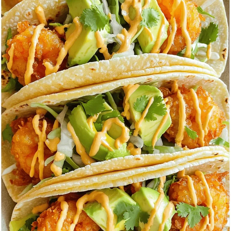 - 1 lb shrimp, peeled and deveined - 1 cup buttermilk - 1 cup all-purpose flour - 1/2 cup cornmeal - 1 teaspoon smoked paprika - 1 teaspoon cayenne pepper - 1 teaspoon garlic powder - 1 teaspoon onion powder - Salt and pepper to taste - 8 small corn tortillas - 1 avocado, sliced - 1 cup shredded green cabbage - 1/2 cup fresh cilantro, chopped - Juice of 1 lime - 1/4 cup spicy mayo These ingredients make the firecracker shrimp tacos burst with flavor. The shrimp is the star here. It soaks in buttermilk, which makes it juicy and tender. The coating of flour and cornmeal gives it a crunchy texture. The spices, like smoked paprika and cayenne, add a nice kick. The corn tortillas are soft and warm, holding all the goodness inside. Fresh avocado and cabbage provide a creamy and crunchy contrast. The cilantro adds brightness, and lime juice brings a zesty twist. For an extra touch, you can use spicy mayo, which is easy to make. Just mix mayonnaise with sriracha to your taste. - Fresh lime wedges - Extra cilantro - Sliced jalapeños These toppings can enhance your tacos. Fresh lime wedges add more acidity. Extra cilantro gives a burst of freshness. Sliced jalapeños bring even more heat if you like it spicy. - Calories per serving: Approximately 400 - Protein content: About 25 grams - Healthy fats: Found in avocado This dish is balanced and satisfying. You get protein from the shrimp and healthy fats from the avocado. Each bite is tasty and fun. For the complete recipe, check out the [Full Recipe]. Start by marinating the shrimp. This takes about 30 minutes. Place the shrimp in a bowl and cover them with buttermilk. This helps keep the shrimp moist and adds flavor. For the best taste, use fresh shrimp if possible. You can also add a pinch of salt to the buttermilk for extra flavor. Next, prepare the coating. In a separate bowl, mix the flour, cornmeal, smoked paprika, cayenne pepper, garlic powder, onion powder, salt, and pepper. Stir until all dry ingredients are well combined. The right texture should be slightly gritty but not too thick. This helps the shrimp get a nice crunch when cooked. Now, it's time to cook the shrimp. Heat vegetable oil in a deep skillet. Aim for about 350°F. You can check the temperature with a thermometer. If you don’t have one, drop a small piece of batter in the oil. If it sizzles, the oil is ready. Fry the shrimp in batches for about 2-3 minutes. They should be golden brown and cooked through. Use a slotted spoon to remove them. Place them on a paper towel-lined plate to drain excess oil. Finally, assemble the tacos. Warm the corn tortillas in a dry skillet on medium heat. This should take about 30 seconds on each side. On each tortilla, layer a handful of shredded cabbage, a few pieces of firecracker shrimp, slices of avocado, and a sprinkle of fresh cilantro. For a nice finish, drizzle spicy mayo on top and squeeze lime juice over each taco. The colors and flavors will make your dish pop. For the full recipe, check out the details above. For frying shrimp, I recommend using a deep skillet. This gives the shrimp a nice, even cook. Heat the oil to about 350°F. This temperature helps create a crispy outer layer. Fry the shrimp in batches. This keeps them from crowding and ensures they cook well. If you prefer not to fry, you can also bake or air fry the shrimp. For baking, set your oven to 425°F. Spread the shrimp on a baking sheet and cook for about 10-12 minutes. For air frying, cook at 400°F for about 8-10 minutes, turning halfway through. To make your shrimp pop, add spices or herbs to the coating. Try adding a pinch of cumin or some fresh parsley. You can also customize the sauce. Instead of just spicy mayo, try mixing in honey for a sweet twist. You can also add lime zest to the sauce for extra zing. Adjust the heat by adding more or less cayenne pepper. Firecracker shrimp tacos taste great with sides like rice or beans. A cold drink like lemonade or iced tea pairs well too. For garnishing, add fresh lime wedges or extra cilantro. You can also sprinkle some queso fresco on top for a creamy finish. These little touches make your meal look and taste even better. For the full recipe, check out the entire guide! {{image_2}} You can switch the shrimp for chicken or fish. Chicken thighs work well when marinated. They stay juicy and flavorful. For fish, try flaky white fish like cod or tilapia. They cook fast and absorb flavors nicely. If you want a plant-based option, use tofu or tempeh. Both can soak up the buttermilk and spices. They make a nice meatless taco that everyone will love. When it comes to wraps, corn tortillas are classic. They bring a nice corn flavor. But you can also use flour tortillas for a softer bite. They are easy to fold and hold. For a low-carb choice, try lettuce wraps. They are crunchy and fresh. Just use large leaves, like romaine or butter lettuce. They keep your meal light and healthy. Spicy mayo is a must, but you can get creative. Mix mayonnaise with different hot sauces. Try chipotle sauce for a smoky kick. Or add lime juice for a zesty flavor. You can also explore other sauces. Consider sweet chili sauce for a sweet and spicy mix. You can even go classic with salsa or guacamole. Each sauce brings its own fun twist to the tacos. To keep your firecracker shrimp fresh, store them right. Place shrimp in an airtight container. Keep them in the fridge. They will stay good for up to two days. Avoid stacking shrimp to prevent them from getting soggy. For the tortillas, wrap them in foil or plastic wrap. This keeps them soft and prevents drying. To reheat shrimp and keep them crispy, use an oven. Preheat your oven to 350°F. Place the shrimp on a baking sheet. Heat for about 10 minutes until warm and crisp. For the tortillas, use a dry skillet over medium heat. Warm them for 15 seconds on each side. This helps maintain their texture. You can freeze the assembled tacos, but it’s best to freeze the shrimp and tortillas separately. Wrap the shrimp tightly in plastic wrap, then place in a freezer bag. They can last for up to three months. For tortillas, stack them with parchment paper in between. Place them in a freezer bag too, and they’ll last for two months. Firecracker shrimp tacos are a fun dish packed with flavor. They feature crispy shrimp coated in a mix of spices. The shrimp gets a spicy kick from cayenne pepper and smoked paprika. Each taco has fresh toppings like avocado and cabbage. The spicy mayo adds creaminess and heat. The lime juice brightens the dish, making it lively and tasty. To lower the heat, you can use less cayenne pepper in the coating. You can also skip the spicy mayo or mix it with regular mayo. Adding more avocado and cabbage helps balance the spice. Serve the tacos with lime wedges to cut the heat. This way, you can enjoy the flavor without too much fire. Yes, you can prepare some parts ahead. Marinate the shrimp and store it in the fridge for a few hours. You can also mix the dry coating and keep it in a sealed bag. Fry the shrimp fresh for the best texture. Warm the tortillas right before serving for a soft bite. Assemble the tacos just before eating to keep them fresh. For great firecracker shrimp tacos, try local seafood spots or taco trucks. Many restaurants make their unique versions, so explore your area. Popular chains may offer similar dishes, but check local reviews for the best options. If you want a quick bite, some fast-casual eateries feature shrimp tacos on their menu. For the full recipe, visit the cooking section to learn how to make these tacos step by step. In this blog post, we explored making delicious Firecracker Shrimp Tacos. We reviewed ingredients, cooking steps, and tips to boost flavor. I shared ideas for variations and storage. You can enjoy these tacos with different proteins or wraps. These shrimp tacos are both tasty and easy to make. Experiment with your favorite toppings for a personal touch. Enjoy the fresh flavors and mouthwatering textures!