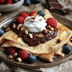 - 1 cup all-purpose flour - 2 large eggs - 1 ½ cups milk - 2 tablespoons melted butter (plus more for cooking) - 2 tablespoons sugar - 1 teaspoon vanilla extract - 1/4 teaspoon salt - 1/2 cup chocolate hazelnut spread - 1/4 cup chopped hazelnuts (toasted) - Whipped cream (for serving) - Fresh berries (for garnish) Gathering the right ingredients is key. I find that using fresh items really boosts flavor. The all-purpose flour acts as the base for our crepes. Eggs give structure and richness. Milk adds creaminess, making the batter smooth. Melted butter helps keep the crepes tender and adds a lovely flavor. Sugar brings a hint of sweetness. Vanilla extract adds warmth. A pinch of salt balances all the flavors. The star of our dish is the chocolate hazelnut spread. It’s creamy and sweet, perfect for filling. Toasted hazelnuts add crunch, while whipped cream and fresh berries make for a beautiful finish. - Calories per serving: About 300 calories - Macronutrient breakdown: 8g protein, 15g fat, 40g carbohydrates - Potential health benefits: Hazelnuts are rich in healthy fats, vitamins, and minerals. They can help support heart health and provide antioxidants. Enjoying these crepes in moderation can be a tasty treat that also offers some nutritional benefits. Using fresh ingredients not only makes the dish taste better but also adds texture and nutrition. This combination creates a delightful dish that I love to share with family and friends. If you want the full recipe, check out the Chocolate Hazelnut Crepes recipe above! To start, I whisk the dry ingredients together in a bowl. I mix 1 cup of all-purpose flour, 2 tablespoons of sugar, and 1/4 teaspoon of salt. This helps to blend everything evenly. Next, I combine the wet ingredients in another bowl. I beat 2 large eggs and add 1 ½ cups of milk, 2 tablespoons of melted butter, and 1 teaspoon of vanilla extract. I mix this well until it’s smooth. Now, I slowly add the wet mixture to the dry mix while whisking. This creates a smooth batter. I let the batter rest for about 20 minutes. Resting makes the crepes soft and tender, which is just what we want. I heat a non-stick skillet over medium heat. I lightly coat the skillet with melted butter to prevent sticking. For each crepe, I pour about 1/4 cup of batter into the skillet. I quickly tilt the pan to spread the batter into a thin layer. Cooking takes about 2-3 minutes. I wait until the edges lift and the bottom turns golden. Then, I flip the crepe and cook for another minute. I transfer each crepe to a plate and repeat this process with the remaining batter. Once the crepes are ready, I spread about 1 tablespoon of chocolate hazelnut spread on one half of a crepe. I fold the crepe in half, then fold it again to form a triangle. For added crunch, I sprinkle some chopped toasted hazelnuts on top. I love adding whipped cream and fresh berries for garnish. This makes the crepes look and taste even more delicious. You can find the full recipe with detailed steps to make these delightful crepes. Enjoy creating your own chocolate hazelnut crepes! Resting the batter is key. Letting it sit for 20 minutes helps make the crepes soft. This time allows the flour to absorb the liquid fully. It also helps reduce bubbles. Cooking temperature matters too. A medium heat works best. If the pan is too hot, the crepes may burn. If it’s too cool, they will not cook properly. Aim for a golden-brown color. Overmixing your batter can lead to tough crepes. Mix just until combined. This ensures a light texture. Flipping crepes can be tricky. Use a thin spatula for easy flipping. If you try to flip too early, the crepe may break. Wait until the edges lift before you flip. Practice makes perfect! Pair these crepes with a warm drink. Coffee or hot chocolate complement the flavors well. For a fun twist, serve with a scoop of vanilla ice cream. You can also add fresh fruits like strawberries or bananas for extra taste. Use these crepes for special occasions too. They make a great dessert for brunch or a sweet treat at dinner. For more ideas, check the Full Recipe for inspiration! {{image_2}} You can make chocolate hazelnut crepes even more fun by adding fruits. Fresh bananas or strawberries work great. Just slice them up and place them inside the crepe with the chocolate hazelnut spread. The sweet and creamy mix makes each bite enjoyable. You can also try different nuts. If you want a twist, swap out hazelnuts for almonds or pecans. They add a unique crunch and flavor. Experimenting with flavors keeps your crepes exciting! If you need gluten-free options, you can use a gluten-free flour blend. This change keeps the texture smooth. It is easy and tasty, so you won't miss the regular flour. For vegan alternatives, replace eggs with flaxseed meal or applesauce. Use plant-based milk like almond or oat milk. Also, swap out the butter for coconut oil. These changes make your crepes vegan while still delicious. You don’t have to stick to just one pan type. A non-stick skillet works well, but you can also use a cast-iron skillet for a different flavor. Each pan gives a unique texture to the crepes. If you want to try baking, pour the batter into a greased baking dish. Bake at 350°F (175°C) for about 20-25 minutes. This method makes a soft and fluffy dessert. It’s a fun twist on the classic recipe. For the full recipe, refer to the Chocolate Hazelnut Crepes section. To keep leftover crepes fresh, first, let them cool completely. This helps prevent moisture buildup. Once cooled, stack the crepes with a piece of parchment paper between each. Place the stack in an airtight container. Store in the fridge for up to three days. If you want to save them longer, freeze the crepes. Wrap each crepe in plastic wrap. Then, place the wrapped crepes in a freezer bag. They will stay fresh for up to two months in the freezer. When you want to enjoy your crepes again, reheating them properly is key. The best way to reheat crepes is in a skillet. Heat the skillet over low heat. Place the crepe in the skillet for about one minute on each side. This warms the crepe without making it soggy. You can also use a microwave, but cover the crepe with a damp paper towel. This helps keep it moist. Avoid reheating for too long, as this can cause sogginess. Enjoy your delicious chocolate hazelnut crepes, even after storing! To make chocolate hazelnut crepes, follow these key steps: - Whisk flour, sugar, and salt in a bowl. - In another bowl, beat the eggs and mix with milk, melted butter, and vanilla. - Combine wet and dry ingredients to form a smooth batter. - Let the batter rest for 20 minutes. - Heat a skillet and add melted butter. - Pour in the batter, tilting the pan to spread it thin. - Cook until golden, then flip and cook the other side. - Spread chocolate hazelnut spread on the crepes, fold, and serve. Yes, you can use store-bought chocolate hazelnut spread. It saves time and is convenient. However, homemade spread offers fresher flavors. You can adjust the sweetness and texture to your liking. Store-bought spreads can be sweeter and thicker. If you want, you can mix in some chopped hazelnuts for added crunch. You can serve chocolate hazelnut crepes with many delicious toppings. Here are some ideas: - Whipped cream for a light touch. - Fresh berries like strawberries or raspberries for a fruity kick. - Sliced bananas for added sweetness. - A drizzle of maple syrup for extra flavor. - A sprinkle of powdered sugar for a pretty finish. These toppings make each bite a delightful treat. Enjoy experimenting with your favorites! In this article, we covered how to make delicious chocolate hazelnut crepes. You learned about key ingredients, from flour to fresh berries. We discussed step-by-step preparation and cooking tips to achieve the perfect crepe. I highlighted common mistakes to avoid and exciting variations for all diets. Lastly, we reviewed storage and reheating methods to keep your crepes fresh. Enjoy experimenting with flavors and making these delightful treats for any occasion. Your kitchen adventures await!