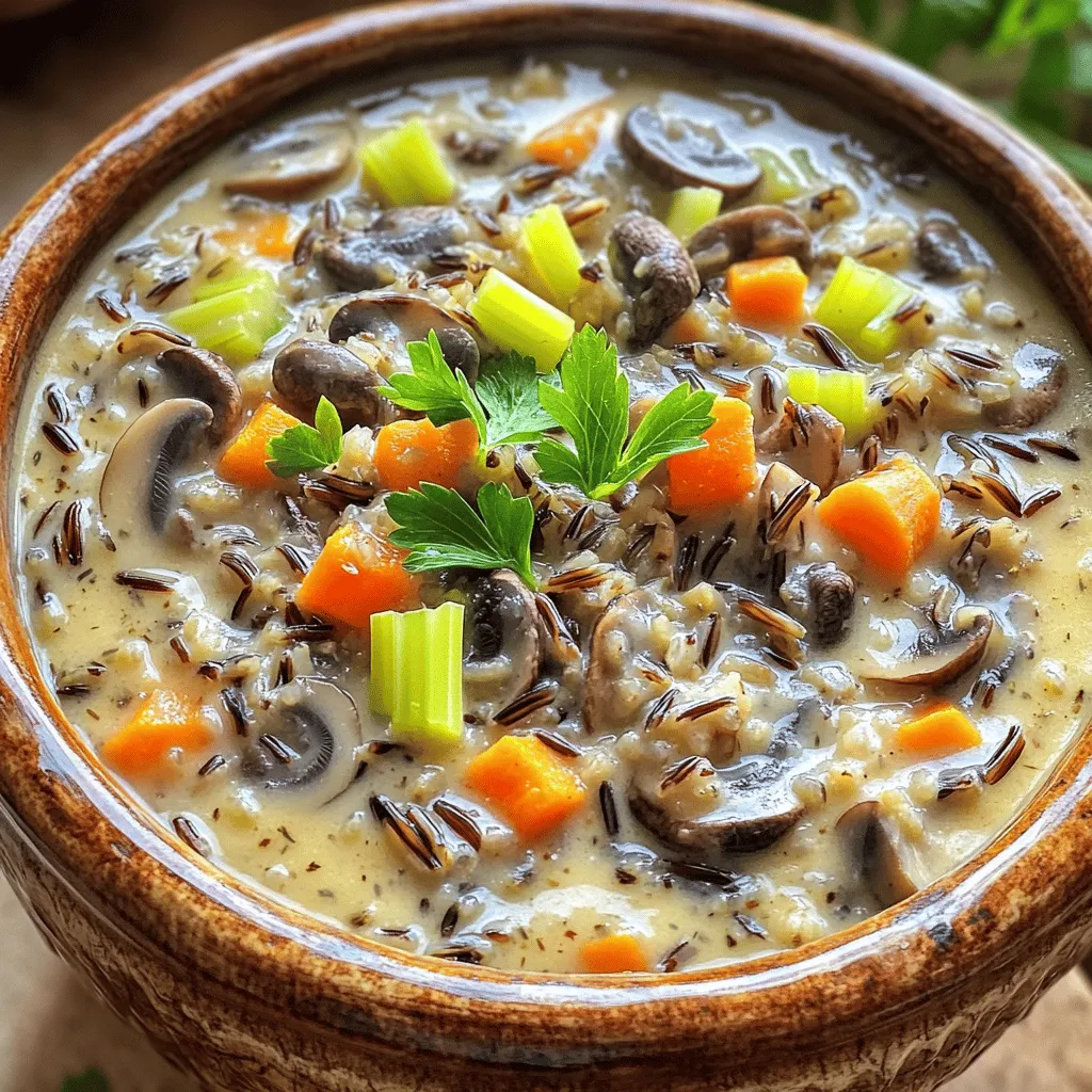 To make the creamy wild rice mushroom soup, gather these ingredients: - 1 cup wild rice, rinsed - 4 cups vegetable broth - 2 tablespoons olive oil - 1 medium onion, chopped - 3 cloves garlic, minced - 8 ounces cremini mushrooms, sliced - 1 cup carrots, diced - 1 cup celery, diced - 1 teaspoon dried thyme - 1/2 teaspoon smoked paprika - Salt and pepper to taste - 1 cup heavy cream (or coconut milk for a lighter version) - 2 tablespoons fresh parsley, chopped (for garnish) These ingredients work together to create a rich, creamy texture and deep flavors. If you have dietary needs, you can make easy swaps. - Use coconut milk instead of heavy cream for a dairy-free option. - For gluten-free needs, ensure your vegetable broth is gluten-free. - If you prefer a lighter soup, cut back on the cream or use almond milk. These changes still keep the soup tasty and satisfying. Choosing the right ingredients makes a big difference. - Pick wild rice that is whole and dark in color. This ensures great texture. - Choose fresh vegetables. Look for firm onions, vibrant carrots, and crisp celery. - Select cremini mushrooms that are firm and smooth. Avoid any with dark spots. Good ingredients lead to a comforting soup full of flavor. Check out the Full Recipe for more details! To make creamy wild rice mushroom soup, start with easy prep steps. Gather all your ingredients. Rinse the wild rice under cold water. Chop the onion, carrots, and celery into small pieces. Mince the garlic cloves. Slice the cremini mushrooms thinly. This will help them cook evenly. Measure out your spices next. You want everything ready to go. 1. Heat two tablespoons of olive oil in a large pot over medium heat. 2. Add the chopped onion and minced garlic. Sauté until the onion is soft, about 3-4 minutes. 3. Stir in the sliced mushrooms. Cook for 5-7 minutes until they soften. 4. Now, add the diced carrots and celery. Sprinkle in the dried thyme and smoked paprika. Stir well and cook for an extra 3 minutes. 5. Pour in four cups of vegetable broth and add the rinsed wild rice. Bring to a boil, then reduce to low heat. 6. Cover the pot and let it simmer for 45 minutes. The rice should be tender when done. 7. Finally, stir in one cup of heavy cream or coconut milk. Season with salt and pepper to taste. Simmer for another 10 minutes. As you cook, take note of the colors and textures. When the onions and garlic start to turn clear, you know it’s time for the mushrooms. They should be soft and fragrant after cooking. When adding the broth and rice, see how the mixture bubbles. This means you’re on the right track! When the soup is ready, the rice should be plump and creamy. Garnish with fresh parsley for a pop of color. For the full recipe, check out the detailed steps above. Happy cooking! To get that perfect creamy texture in your soup, choose high-fat cream. Heavy cream works best, but you can try coconut milk for a lighter option. Add the cream at the end of cooking. Stir it in gently to keep the soup smooth. If you want an even creamier soup, blend a portion of it. Use an immersion blender or a regular blender for this. Blending gives a nice, thick feel without losing the chunky bits. To boost flavors, add fresh herbs like thyme and parsley. They brighten the taste. Consider using smoked paprika; it adds depth and warmth. Adding a splash of lemon juice at the end can also enhance flavor. For a richer taste, sauté the mushrooms longer until they’re golden brown. This step brings out their natural sweetness. Don't forget to season well with salt and pepper. Taste as you go to adjust the flavors. One common mistake is adding the cream too early. This can cause it to curdle. Make sure to simmer your soup gently, as high heat can ruin the texture. Another mistake is not rinsing the wild rice. This step removes excess starch, keeping your soup from becoming too thick. Lastly, be careful with salt. If you use broth, it may already contain salt. Taste before adding more. Following these tips will ensure your creamy wild rice mushroom soup is a success. For the full recipe, check out the details above. {{image_2}} This soup is already a great vegetarian dish. To make it vegan, swap the heavy cream for coconut milk. This gives a rich taste without dairy. You can also use vegetable broth instead of chicken broth for an even more plant-based meal. If you want more protein, add cooked chicken or turkey. You can mix in shredded rotisserie chicken for ease. Another good option is to add beans or lentils. These not only add protein but also a nice texture. Feel free to change up the veggies based on what’s in season. In spring, add fresh peas or asparagus for a bright touch. In fall, try adding pumpkin or sweet potato for sweetness. This keeps the soup fresh and exciting all year round. For the Full Recipe, check the ingredients and instructions above. Store your leftover creamy wild rice mushroom soup in an airtight container. Make sure it cools first. This way, the soup stays fresh for up to four days in the fridge. If you want to keep it longer, freezing is a great option. To reheat the soup, pour it into a pot. Heat it on low, stirring often. This helps keep the creamy texture. You can also use the microwave. Place the soup in a microwave-safe bowl. Heat it for one to two minutes, then stir and check the temperature. If you freeze the soup, it can last up to three months. Use a freezer-safe container and leave some space at the top. This helps the soup expand. To thaw, move it to the fridge overnight. You can also microwave it for quicker thawing. Once thawed, reheat it gently on the stove for the best taste. For more tips, check out the Full Recipe. Yes, you can make this soup ahead of time. I often prepare it a day before serving. This allows the flavors to blend well. Just store it in an airtight container in the fridge. When you are ready to eat, reheat it on the stove over low heat. Stir it gently to keep it creamy. To thicken the soup, you have a few options. You can add more wild rice or use a cornstarch slurry. To make a slurry, mix one tablespoon of cornstarch with two tablespoons of cold water. Stir this into the soup and let it simmer for a few minutes. You can also mash some of the cooked rice to create a thicker texture. I love serving this soup with crusty bread or a fresh salad. A simple green salad adds a nice crunch. You could also serve it with garlic bread for a hearty meal. Pairing it with a tangy side helps balance the creamy soup. Enjoy your meal with a nice drink, like a light white wine or iced tea. This blog post covered everything you need to know about making creamy wild rice mushroom soup. We discussed key ingredients and how to choose the best ones. I shared helpful cooking steps with visual guides and tips for great texture and taste. You learned about tasty variations, proper storage, and answers to common questions. With these insights, you'll create a delicious soup that everyone will enjoy. Exploring different options makes cooking fun and easy. Enjoy your cooking adventure!